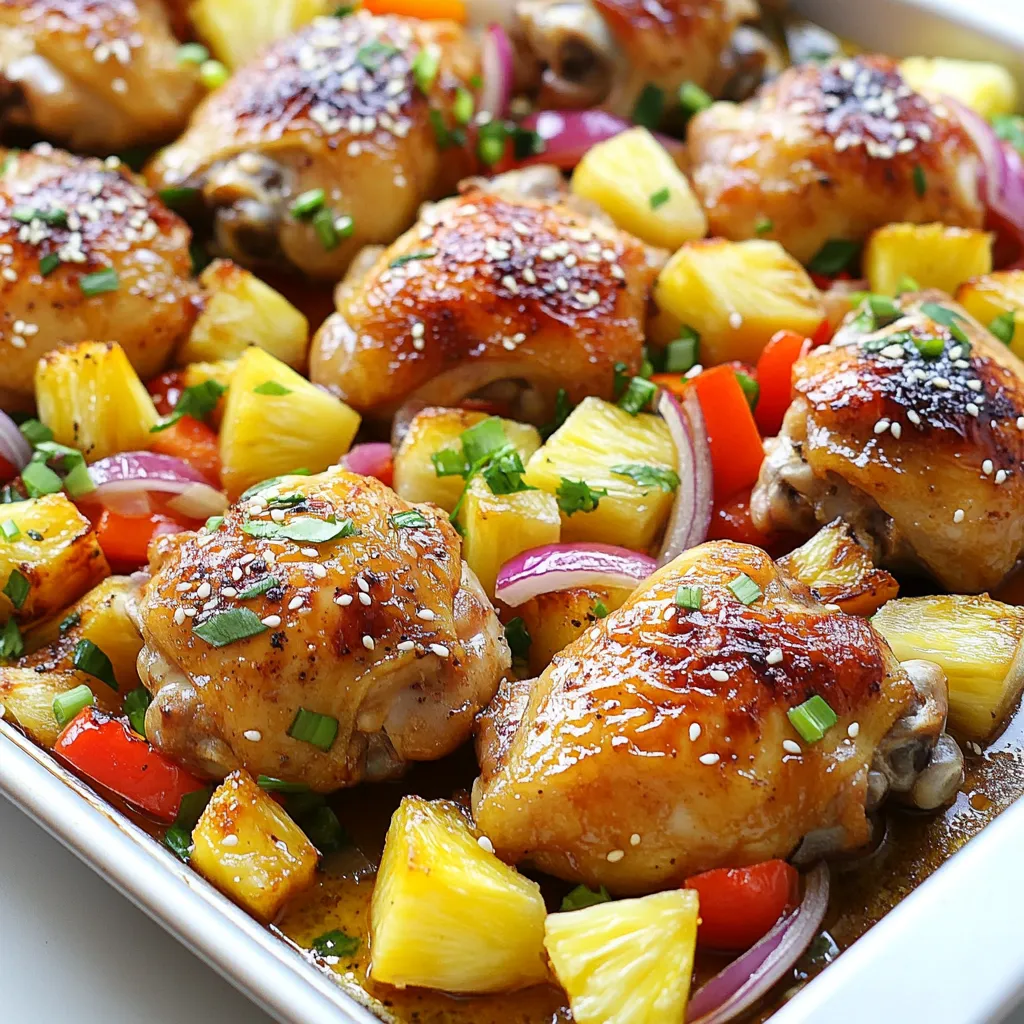 For this Hawaiian Chicken Sheet Pan, gather these ingredients: - 4 bone-in, skin-on chicken thighs - 1 cup fresh pineapple, diced into bite-sized pieces - 1 red bell pepper, sliced into strips - 1 yellow bell pepper, sliced into strips - 1 large red onion, cut into wedges - 3 cloves garlic, finely minced - 1 tablespoon olive oil - 1 tablespoon soy sauce (low-sodium preferred) - 1 tablespoon honey - 1 teaspoon fresh ginger, freshly grated - 1 teaspoon sesame oil - Salt and freshly ground black pepper, to taste - 2 green onions, finely chopped (for garnish) - 1 tablespoon sesame seeds (for garnish) When cooking, I always look for the best products. Here are some I recommend: - Use high-quality chicken from a trusted source. - Choose ripe, fresh pineapple for the best flavor. - Look for organic bell peppers when possible. - Select low-sodium soy sauce to control salt taste. - Find unrefined honey for natural sweetness. Using fresh ingredients makes a big difference. Fresh chicken tastes better and cooks evenly. Fresh fruits and veggies add vibrant colors and flavors. When you choose fresh, you also get more nutrients. This dish shines with the right ingredients, so always go for quality. Fresh ingredients help create a meal that you and your loved ones will enjoy. {{ingredient_image_2}} Start by preheating your oven to 400°F (200°C). This ensures your oven is ready when you finish prepping. In a large bowl, whisk together olive oil, soy sauce, honey, minced garlic, grated ginger, and sesame oil. Mix until smooth. This marinade adds lots of flavor to the chicken. Next, add your chicken thighs to the bowl. Make sure they are fully coated in that tasty marinade. Cover the bowl and let it sit for 15-20 minutes. This marinating time is key for juicy, flavorful chicken. While the chicken soaks up the marinade, prepare your sheet pan. Line it with parchment paper for easy cleanup later. On the pan, spread out diced pineapple, sliced red and yellow bell peppers, and onion wedges. Season with salt and pepper, then toss everything together gently. Once your chicken is well marinated, place it on top of the vegetables and pineapple, skin side up. This helps the skin get crispy while baking. Now, slide the sheet pan into the preheated oven and bake for 25-30 minutes. Check the chicken's internal temperature with a meat thermometer; it should reach 165°F (74°C). The skin should look golden and crispy. If you want an extra crunch, switch your oven to broil for 2-3 minutes. Keep a close watch so it doesn’t burn. After baking, take the pan out of the oven and let it rest for a few minutes. This resting time allows the juices to settle in the chicken, making it moist. While it rests, sprinkle the dish with chopped green onions and sesame seeds. This adds color and a burst of flavor to your meal. Enjoy your Hawaiian Chicken Sheet Pan with fluffy white rice or steamed jasmine rice for a delightful meal that’s simple and full of flavor. To get the best flavor, marinate your chicken thighs well. I recommend at least 15-20 minutes. This lets the garlic, ginger, and soy sauce soak in. For a deeper taste, try marinating overnight in the fridge. Just remember to cover the bowl. This keeps the chicken juicy and full of flavor. Crispy skin makes a big difference! To get it right, place the chicken skin side up on the pan. Bake at 400°F for 25-30 minutes. If you want it extra crispy, switch to broil for 2-3 minutes. Keep an eye on it! The skin should turn a nice golden brown. Serve your Hawaiian Chicken directly from the sheet pan. It looks great and is easy for everyone. For a fuller meal, pair it with fluffy rice. You can also add a simple green salad for freshness. Garnish with green onions and sesame seeds for a pop of color and crunch. Enjoy the fun, vibrant flavors! Pro Tips Marinate Longer for More Flavor: If time allows, marinate the chicken for up to 2 hours in the refrigerator. This enhances the flavor and tenderness of the meat. Use Fresh Ingredients: Fresh garlic, ginger, and pineapple will elevate the dish with vibrant flavors, making it taste restaurant-quality. Experiment with Vegetables: Feel free to add other colorful vegetables like zucchini or snap peas for added nutrition and a variety of textures. Keep an Eye on the Broil: When broiling, stay close to the oven to ensure the skin gets crispy without burning. It only takes a minute or two! {{image_4}} You can switch up the veggies in this dish. Try using zucchini or broccoli for a change. Carrots add a nice crunch and sweetness, too. Feel free to mix in some snap peas or baby corn for a colorful twist. The best part? You can use whatever you have in your fridge! While I love using bone-in, skin-on chicken thighs, you can use other cuts. Boneless chicken thighs will cook faster and still taste great. Chicken breasts are also an option, but they may dry out quicker. Just keep an eye on the cooking time to ensure everything stays juicy and tender. Want to change the flavor a bit? Add some spice! A sprinkle of red pepper flakes brings heat that pairs well with the sweet pineapple. You can replace honey with brown sugar for a deeper sweetness. If you love a tangy kick, add lime juice or vinegar to the marinade. These small tweaks can make a big difference! You can store your Hawaiian chicken in the fridge. First, let it cool to room temperature. Then, place it in an airtight container. It will stay fresh for up to four days. If you want to keep it longer, freezing is a great option. For freezing, wrap the chicken and veggies tightly in plastic wrap. Then, place them in a freezer-safe bag. This helps avoid freezer burn. You can freeze it for up to three months. When ready to eat, thaw it overnight in the fridge. To reheat, place the chicken and vegetables in an oven-safe dish. Preheat your oven to 350°F (175°C). Cover the dish with foil to keep moisture in. Heat for about 20-25 minutes or until it's warm all the way through. You can also use a microwave, but the oven gives better texture. You can check if the chicken is done by using a meat thermometer. The chicken should reach an internal temperature of 165°F (74°C). You can also look for a golden brown color on the skin. If the juices run clear when you cut into it, that means it is cooked. Yes, you can use boneless chicken thighs. They will cook faster than bone-in thighs. Just reduce the baking time to about 20-25 minutes. Make sure they also reach 165°F (74°C) for safety. Hawaiian Chicken Sheet Pan pairs well with many sides. Here are some great options: - Fluffy white rice - Steamed jasmine rice - Quinoa for a healthy twist - A simple green salad - Grilled corn on the cob These sides will balance the sweet and savory flavors of the chicken and veggies. Enjoy! We covered the key steps to make a great Hawaiian Chicken Sheet Pan meal. Fresh ingredients are vital for flavor. Knowing how to prepare and cook makes a real difference. I shared tips for marinating and tricks for crispy skin. Plus, I showed how to make it your own with variations. Don't forget the right storage methods for leftovers. Enjoy this dish with your favorites. With practice, you’ll impress everyone at your table.