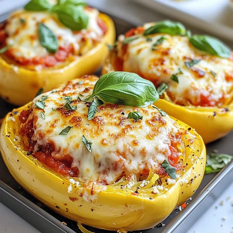 To make Million Dollar Spaghetti Squash Pasta, gather these fresh and tasty ingredients: - 1 medium spaghetti squash - 1 tablespoon olive oil - 1 teaspoon garlic powder - 2 cups marinara sauce - 1 cup ricotta cheese - 1 cup shredded mozzarella cheese - ½ cup grated Parmesan cheese - 1 teaspoon Italian seasoning - Salt and pepper to taste - Fresh basil leaves for garnish Each ingredient plays a key role in the dish's flavor and texture. The spaghetti squash becomes the pasta base, offering a fun twist on traditional noodles. Olive oil adds a rich taste. Garlic powder brings in that warm, savory flavor. Marinara sauce adds depth and moisture. The cheeses—ricotta, mozzarella, and Parmesan—create a creamy, cheesy delight that binds everything together. Italian seasoning rounds out the flavors with herbs. Finally, salt and pepper enhance the overall taste, while fresh basil adds a pop of color and freshness. These ingredients make this dish not just delicious but also a visual treat on your plate! {{ingredient_image_2}} Start by preheating your oven to 400°F (200°C). This temperature is key for roasting. A hot oven helps the squash cook evenly and become tender. To prepare the spaghetti squash, carefully cut it in half lengthwise. Use a sharp knife for safety and ease. Once halved, scoop out the seeds using a spoon. Discard the seeds to make space for the filling. Drizzle olive oil on the inside of each squash half. Sprinkle garlic powder, salt, and pepper for flavor. These seasonings enhance the taste and make each bite delicious. Place the squash cut side down on a baking sheet lined with parchment paper. Roast for about 40 minutes. You want the flesh to be tender enough to shred easily with a fork. While the squash roasts, mix the cheese filling. In a bowl, combine ricotta, half a cup of mozzarella, Parmesan, Italian seasoning, and a pinch of salt and pepper. Stir until smooth and well-blended. After roasting, let the squash cool for a few minutes. Then, use a fork to gently shred the flesh into long, noodle-like strands. This will create the “pasta” for your dish. In a large mixing bowl, add the shredded squash, marinara sauce, and cheese mixture. Stir well to coat everything evenly with the sauce and cheese. This ensures every bite is packed with flavor. Spoon the mixture back into the hollowed-out squash halves. Fill them generously so each bite is full. Top with the remaining mozzarella for a cheesy finish. Return the stuffed squash to the oven and bake for 15 more minutes. This step melts the cheese and gives a bubbly, golden top. Once out of the oven, let the squash cool slightly. Garnish with fresh basil leaves for a burst of color and flavor. Slice and serve to your guests for a delightful meal! When picking spaghetti squash, size matters. Aim for a medium squash, about 3 to 4 pounds. This size has a good ratio of flesh to skin. Look for a squash with a firm shell. Avoid any with soft spots or blemishes. A ripe squash will have a rich yellow color. This means it is ready for cooking. You can change the flavors by using different cheeses or sauces. Try goat cheese or feta for a tangy twist. If you want a creamy sauce, use Alfredo instead of marinara. You can also mix in fresh herbs like thyme or oregano for more depth. These changes can make the dish feel new each time you cook it. Add extra ingredients to boost flavor. Cooked spinach or kale can add nutrients and color. If you like spice, sprinkle in some crushed red pepper flakes. Chopped sun-dried tomatoes can give a sweet and savory touch. For a twist, consider adding ground turkey or sausage for protein. Each of these choices can make your dish unique and delicious. Pro Tips Choose a Ripe Squash: Look for a spaghetti squash that is firm, with a uniform yellow color and no soft spots to ensure the best flavor and texture. Enhance the Flavor: For added depth, consider roasting the squash with fresh garlic cloves alongside it; this infuses a wonderful aroma and taste. Make Ahead: You can prepare the spaghetti squash and cheese mixture in advance. Just assemble and bake it when you’re ready to serve for convenience. Experiment with Cheeses: Feel free to mix in different cheeses like goat cheese or feta for a unique twist on the classic flavors in this dish. {{image_4}} To make this dish vegan, you can swap out the cheese and sauce. Use cashew cheese instead of ricotta. For mozzarella, try nut-based cheese or vegan mozzarella. Look for marinara sauce without added cheese. Fresh herbs can add flavor without dairy. This recipe is gluten-free if you choose the right ingredients. Most marinara sauces are gluten-free, but always check the label. Avoid any bread-based toppings. Ensure the cheese substitutes are also gluten-free. This way, everyone can enjoy the meal. Want to add protein? Ground turkey or beef blends well in this dish. Cook the meat before mixing it with the squash. You can also use cooked chicken or sausage for added flavor. Just remember to adjust the seasoning for balance. To keep your Million Dollar Spaghetti Squash Pasta fresh, place leftovers in an airtight container. Make sure to cool the dish to room temperature before sealing. Store it in the fridge for up to three days. Label the container with the date, so you know when to enjoy it by. When reheating, use the oven for the best results. Preheat your oven to 350°F (175°C). Place the pasta in a baking dish and cover it with foil. Heat for about 15 to 20 minutes, or until warm. If you want a crispy top, remove the foil for the last five minutes. You can also reheat individual servings in the microwave. Just cover with a damp paper towel and heat in short bursts. To freeze, let the dish cool completely. Portion it into freezer-safe containers or bags. Remove as much air as possible to prevent freezer burn. Label each container with the date. You can freeze the pasta for up to three months. To thaw, place it in the fridge overnight. Reheat it as mentioned above for a tasty meal. Spaghetti squash is a unique vegetable. When cooked, its flesh turns into strands that look like spaghetti. It is low in calories and high in nutrients. Here’s a quick look at its nutrition: - Low in calories - High in fiber - Rich in vitamins A and C - Contains potassium and magnesium This makes it a great choice for healthy meals. Yes, you can cook spaghetti squash in a microwave. It’s a quick method if you’re short on time. Here’s how: 1. Cut the squash in half and remove the seeds. 2. Place it cut side down in a microwave-safe dish. 3. Add a little water and cover with plastic wrap. 4. Microwave for about 10-12 minutes. This method saves time and still gives you that tasty squash. You’ll know the squash is done when it’s tender. Here are some signs to check for: - Flesh can be easily shredded with a fork. - The skin feels soft when pressed. - It should take about 40 minutes in the oven. These signs show that your squash is ready for mixing. Yes, you can prepare this dish in advance. Here are some tips for prepping and storing: - Cook and stuff the squash a day ahead. - Store it in an airtight container in the fridge. - Reheat it in the oven when you’re ready to eat. This makes it easy to serve a delicious meal quickly. Spaghetti squash pairs well with many side dishes. Here are some ideas: - A fresh green salad for a light touch. - Garlic bread for a classic combo. - Roasted veggies for extra flavor. These sides will enhance your meal and add variety. In this article, we explored how to make a delicious spaghetti squash dish. You learned about the key ingredients, step-by-step instructions, and tips for improving your meal. I covered variations for different diets, storage tips, and answered common questions. Remember, cooking is about creativity and fun. Experiment with flavors and enjoy this tasty, healthy meal. Your kitchen can be a place of joy and discovery with spaghetti squash!