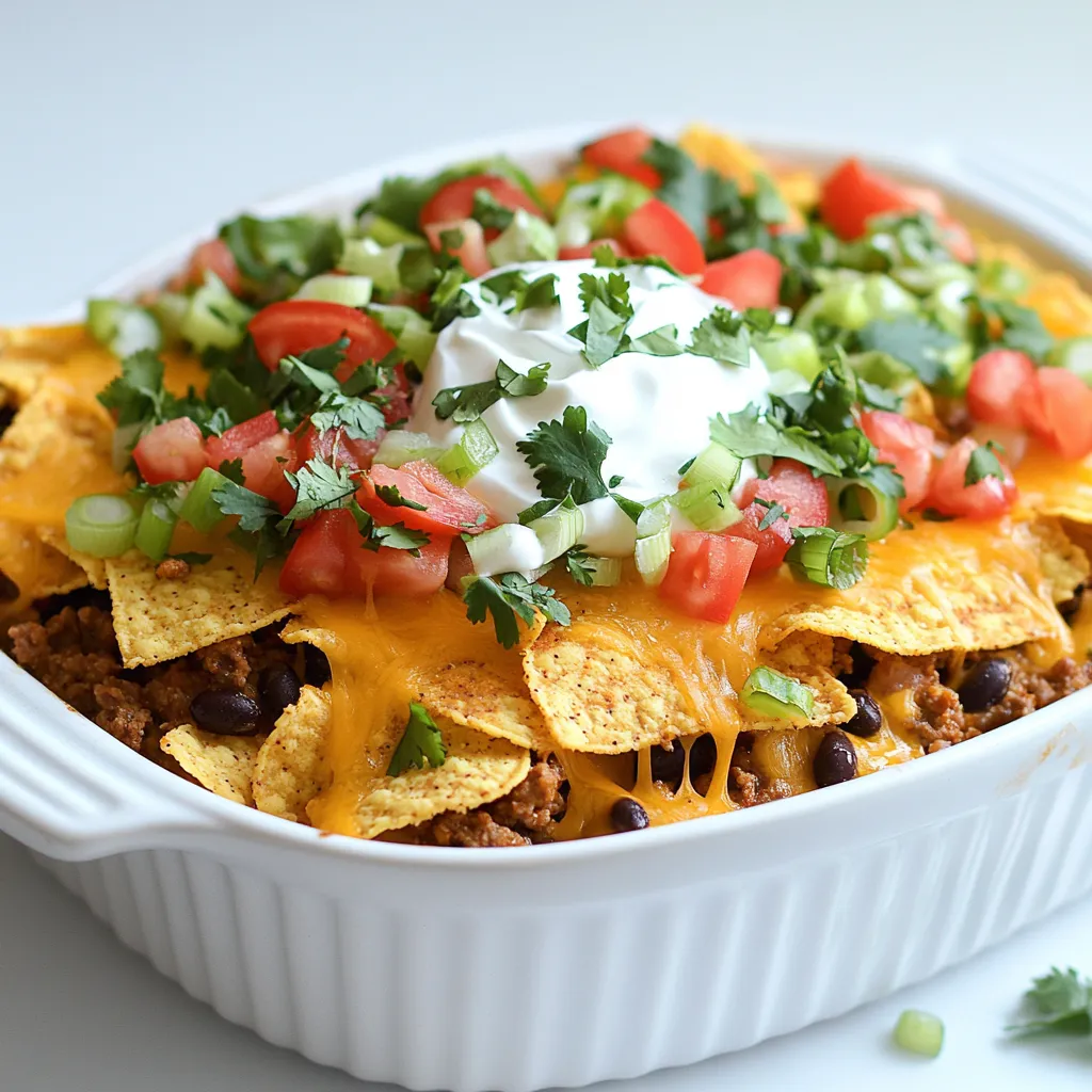 - 1 lb ground beef or turkey - 1 can (15 oz) black beans, drained and rinsed - 1 can (15 oz) diced tomatoes with green chilies - 1 packet taco seasoning - 1 cup corn kernels (fresh, frozen, or canned) - 2 cups tortilla chips, crushed - 2 cups shredded cheddar cheese - 1 cup sour cream or Greek yogurt - 1/2 cup green onions, chopped - Fresh cilantro for garnish (optional) For my Easy Taco Casserole, I choose ground beef or turkey as the base. The meat brings rich flavor. Black beans add protein and texture. Diced tomatoes with green chilies give a nice kick. Taco seasoning ties everything together with spices. I add corn for sweetness. Tortilla chips create a crunchy layer. Shredded cheddar cheese melts beautifully on top, making it creamy. Sour cream or Greek yogurt adds coolness. Finally, green onions and cilantro offer freshness and color. This mix of ingredients makes for a hearty dish. Each bite is tasty and satisfying. You can also play with the amounts based on your taste. {{ingredient_image_2}} - Preheat the oven to 350°F (175°C). - In a large skillet, brown 1 lb of ground beef or turkey. Use medium heat. Break the meat apart as it cooks. Drain any extra fat to keep it light. - Add 1 packet of taco seasoning, 1 can of diced tomatoes with green chilies, 1 can of black beans (drained and rinsed), and 1 cup of corn kernels to the skillet. - Season with salt and pepper. Stir well. Let this cook for about 5 minutes. This step helps the flavors mix nicely. - In a baking dish, place half of the crushed tortilla chips at the bottom. This makes a strong base. - Spread half of the meat mix over the chips. Then sprinkle half of the shredded cheddar cheese on top. - Repeat this layering process. Add the rest of the chips, then the meat mixture, and finish with the remaining cheese. - Place your baking dish in the oven. Bake for 25-30 minutes. - Look for bubbly and golden cheese. This means it’s done! - After baking, let it cool for a few minutes. This helps the layers stay together when you serve it. How to avoid a soggy casserole To keep your taco casserole crunchy, avoid too much moisture. Use drained beans and canned tomatoes. You can also bake the casserole longer. This lets extra liquid evaporate. Layering the tortilla chips at the bottom helps, too. They soak up some juices while cooking. Tips for browning meat perfectly For the best flavor, use a large skillet. Heat it over medium-high heat before adding the meat. Break the meat into small pieces as it cooks. This helps it brown evenly. Stir often to avoid burning. If you see too much fat, drain it. This keeps your casserole tasty and light. Ideas for garnishes Garnish your taco casserole for extra color and taste. Chopped green onions add crunch. Fresh cilantro gives a pop of flavor. A dollop of sour cream or Greek yogurt cools the dish. You can also add lime wedges for a zesty kick. These toppings make your casserole look and taste amazing! Best sides to serve with taco casserole Pair your taco casserole with simple sides. A fresh garden salad adds crispness. Corn on the cob or Mexican rice works well, too. You can even serve tortilla chips with salsa for dipping. These sides balance the flavors and make your meal more fun! Pro Tips Use Lean Meat: Opt for lean ground beef or turkey to keep your casserole lighter and healthier. Layering is Key: Ensure even distribution of ingredients in each layer for balanced flavors and textures throughout the dish. Customize Your Spice Level: Adjust the amount of taco seasoning or add fresh jalapeños for a spicier kick, depending on your preference. Let it Rest: Allow the casserole to cool for a few minutes after baking to help the layers set, making it easier to serve. {{image_4}} - Leaner meat options: You can swap ground beef for ground turkey or chicken. This change cuts fat but keeps flavor. - Vegetarian alternatives: Use lentils or quinoa instead of meat. These options add protein and make the dish hearty. - Additional spices to add: Try adding cumin or smoked paprika. These spices deepen the flavor and add warmth. - Unique toppings for extra flavor: Consider adding sliced jalapeños or diced avocado. These toppings can give your casserole a fresh twist. You can also top it with salsa or guacamole for added zing. Experimenting with these variations can make your Easy Taco Casserole even more exciting! To keep your taco casserole fresh, store it in the fridge. Use an airtight container. Let the casserole cool completely before sealing it. This prevents condensation and sogginess. It will stay good for 3-4 days. If you want to keep it longer, consider freezing it. Reheating taco casserole is easy. Preheat your oven to 350°F (175°C). Place the casserole in a baking dish. Cover it with foil to trap moisture. Bake for about 20 minutes or until hot. This will help it stay moist and tasty. If you want to use a microwave, heat it in short intervals. Stir in between to avoid dry spots. Enjoy your delicious leftovers! The total cook time for Easy Taco Casserole is about 45 minutes. This includes 15 minutes for prep and 30 minutes for baking. You’ll spend a little time browning the meat and mixing the ingredients. Then, you’ll layer everything in a dish and let the oven do the work! Yes, you can prepare this dish ahead of time! To do this, cook the meat and mix in the other ingredients. Then, layer it in the baking dish but do not bake yet. Cover it tightly and store it in the fridge for up to 24 hours. When you are ready, just bake it as directed. This makes it perfect for busy nights! Taco Casserole pairs well with many side dishes. Here are a few ideas: - Fresh guacamole - Crunchy tortilla chips - A simple green salad - Mexican rice - Refried beans These sides add flavor and balance to your meal. If you like heat, there are easy ways to spice up your casserole! Here are some tips: - Add jalapeños to the meat mixture. - Use spicy taco seasoning instead of regular. - Top with hot salsa before serving. - Sprinkle crushed red pepper flakes on top. These additions will kick up the heat and make it extra tasty! In this article, we covered how to make an Easy Taco Casserole. We explored the essential ingredients, step-by-step instructions, and helpful tips. You learned how to layer and bake the casserole to perfection. I also shared some variations for different diets and ways to store and reheat leftovers. Taco casserole is tasty and simple. It’s great for family dinners or potlucks. Enjoy experimenting with flavors and toppings. Your next meal can be a hit with this recipe!