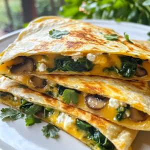 - 4 large flour tortillas - 2 cups fresh spinach, roughly chopped - 1 cup mushrooms, sliced (button or cremini) The main ingredients make this dish colorful and healthy. The flour tortillas provide a soft base. Fresh spinach adds nutrients and a vibrant green color. Mushrooms bring a nice umami flavor. - 1 cup shredded mozzarella cheese - 1/2 cup feta cheese, crumbled Cheese makes every quesadilla better. Mozzarella melts beautifully, giving a gooey texture. Feta adds a salty kick that pairs well with the veggies. Together, they create a cheesy delight. - 1/4 cup red onion, finely chopped - 2 cloves garlic, minced - 1 tablespoon olive oil - 1 teaspoon ground cumin - Salt and pepper to taste - Optional garnish: Fresh cilantro, chopped Seasonings add depth to the dish. Red onion gives a sweet crunch. Garlic adds a savory aroma. Olive oil keeps everything from sticking. Cumin brings warmth and earthiness. Don’t forget salt and pepper for balance. Fresh cilantro can brighten the dish when sprinkled on top. {{ingredient_image_2}} 1. Heat the olive oil in a large skillet over medium heat. 2. Add the finely chopped red onion and sauté it for 2-3 minutes. This makes the onion soft and fragrant. 3. Next, add the sliced mushrooms and minced garlic. Cook this mixture for 5-7 minutes. You want the mushrooms to turn golden brown. 4. Stir in the chopped spinach and sprinkle in the ground cumin. Cook for another 2 minutes. The spinach will wilt down. 5. Season your filling with salt and pepper to taste. Remove the skillet from the heat and set it aside. 1. Heat a separate skillet over medium heat. Place one tortilla in it. 2. Sprinkle half of the shredded mozzarella cheese over one half of the tortilla. This will create a cheesy base. 3. Spoon a generous amount of the spinach and mushroom filling on top of the mozzarella. 4. Crumble feta cheese over the filling. Finish by adding the remaining mozzarella on top. 5. Carefully fold the tortilla in half. 1. Cook one side for about 3-4 minutes. You want it to turn golden brown. 2. Gently flip the quesadilla and cook the other side for another 3-4 minutes. Ensure the cheese is melted and both sides are crispy. 3. Remove the quesadilla from the skillet. Let it cool for a minute, then slice it into wedges. 4. Repeat this with the remaining tortillas and filling. Adjust the heat if needed to avoid burning. To make the best quesadilla, adjust the heat. If it’s too high, you risk burning the tortilla. A medium heat works well. I also recommend using a nonstick skillet. This choice makes flipping much easier, and you avoid sticking. To boost flavor, try different herbs and spices. Adding a pinch of smoked paprika or onion powder can elevate your quesadilla. If you like some heat, consider adding jalapeños. They give a nice kick that pairs well with the cheese. For a beautiful presentation, serve your quesadillas with salsa or guacamole on the side. These dips add flavor and color. You can also garnish with fresh cilantro. It adds a nice pop of green and makes the dish more appealing. Pro Tips Choose Fresh Ingredients: Always opt for fresh spinach and mushrooms to enhance the flavor and texture of your quesadillas. Perfectly Toasted Tortillas: Ensure your skillet is preheated before adding the tortillas to achieve that perfect golden brown and crispy texture. Experiment with Cheese: Feel free to mix different types of cheese, such as Monterey Jack or cheddar, for a unique flavor twist. Garnish for Presentation: Don’t skip the garnish! Fresh cilantro and a side of salsa or guacamole elevate the dish both in taste and presentation. {{image_4}} You can change the cheese to suit your taste. Swap mozzarella for cheddar or pepper jack. This adds a nice kick. If you want something different, try goat cheese. It gives a tangy twist that pairs well with the spinach and mushrooms. Feel free to add more vegetables to your quesadilla. Bell peppers or zucchini work great. They bring extra color and flavor. You can also substitute spinach with kale or arugula. Both options add a unique taste and are packed with nutrients. If you want more protein, add cooked chicken or turkey. This makes the quesadilla heartier. For a smoky flavor, incorporate bacon bits. They add a delicious crunch and depth to the dish. Store any leftover quesadillas in an airtight container. This keeps them fresh. They taste best if consumed within three days. After that, the texture may change. To freeze, wrap each quesadilla in plastic wrap. Then, place them in a freezer bag. You can store them for up to two months. When ready to eat, just thaw and reheat. For the best taste, reheat in an oven or skillet. This keeps the quesadilla crispy. If you're in a hurry, use a microwave. However, be aware that it may lose its crunch. Yes, you can prepare the filling and assemble the quesadillas in advance. Just keep the filling in the fridge. You can also store the fully assembled quesadillas in an airtight container. They will stay fresh for a few days. When you are ready to eat, just heat them in a skillet until warm and crispy. This makes meal prep easy and quick. Consider serving your quesadillas with salsa, guacamole, or a side salad. These sides add great flavor and texture. Salsa brings a zesty kick, while guacamole adds creaminess. A fresh salad can balance the meal and add crunch. Get creative with your sides to make your meal even more fun! To make these quesadillas vegan, use vegan cheese instead of mozzarella and feta. You can find great options made from nuts or soy. Also, omit any dairy ingredients like butter. This way, you keep all the tasty flavors while making it plant-based. Enjoy your delicious vegan quesadillas! Spinach mushroom quesadillas are easy to make and delicious. You need fresh ingredients and simple steps for great flavor. Remember to play with your favorite herbs, cheese, and veggies. Store leftovers in the fridge or freezer to enjoy later. Be creative and share this tasty dish with friends or family. With these tips, you can make a meal that everyone will love. Enjoy your cooking adventure!