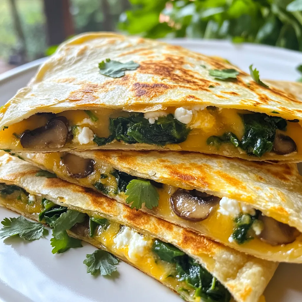 - 4 large flour tortillas - 2 cups fresh spinach, roughly chopped - 1 cup mushrooms, sliced (button or cremini) The main ingredients make this dish colorful and healthy. The flour tortillas provide a soft base. Fresh spinach adds nutrients and a vibrant green color. Mushrooms bring a nice umami flavor. - 1 cup shredded mozzarella cheese - 1/2 cup feta cheese, crumbled Cheese makes every quesadilla better. Mozzarella melts beautifully, giving a gooey texture. Feta adds a salty kick that pairs well with the veggies. Together, they create a cheesy delight. - 1/4 cup red onion, finely chopped - 2 cloves garlic, minced - 1 tablespoon olive oil - 1 teaspoon ground cumin - Salt and pepper to taste - Optional garnish: Fresh cilantro, chopped Seasonings add depth to the dish. Red onion gives a sweet crunch. Garlic adds a savory aroma. Olive oil keeps everything from sticking. Cumin brings warmth and earthiness. Don’t forget salt and pepper for balance. Fresh cilantro can brighten the dish when sprinkled on top. {{ingredient_image_2}} 1. Heat the olive oil in a large skillet over medium heat. 2. Add the finely chopped red onion and sauté it for 2-3 minutes. This makes the onion soft and fragrant. 3. Next, add the sliced mushrooms and minced garlic. Cook this mixture for 5-7 minutes. You want the mushrooms to turn golden brown. 4. Stir in the chopped spinach and sprinkle in the ground cumin. Cook for another 2 minutes. The spinach will wilt down. 5. Season your filling with salt and pepper to taste. Remove the skillet from the heat and set it aside. 1. Heat a separate skillet over medium heat. Place one tortilla in it. 2. Sprinkle half of the shredded mozzarella cheese over one half of the tortilla. This will create a cheesy base. 3. Spoon a generous amount of the spinach and mushroom filling on top of the mozzarella. 4. Crumble feta cheese over the filling. Finish by adding the remaining mozzarella on top. 5. Carefully fold the tortilla in half. 1. Cook one side for about 3-4 minutes. You want it to turn golden brown. 2. Gently flip the quesadilla and cook the other side for another 3-4 minutes. Ensure the cheese is melted and both sides are crispy. 3. Remove the quesadilla from the skillet. Let it cool for a minute, then slice it into wedges. 4. Repeat this with the remaining tortillas and filling. Adjust the heat if needed to avoid burning. To make the best quesadilla, adjust the heat. If it’s too high, you risk burning the tortilla. A medium heat works well. I also recommend using a nonstick skillet. This choice makes flipping much easier, and you avoid sticking. To boost flavor, try different herbs and spices. Adding a pinch of smoked paprika or onion powder can elevate your quesadilla. If you like some heat, consider adding jalapeños. They give a nice kick that pairs well with the cheese. For a beautiful presentation, serve your quesadillas with salsa or guacamole on the side. These dips add flavor and color. You can also garnish with fresh cilantro. It adds a nice pop of green and makes the dish more appealing. Pro Tips Choose Fresh Ingredients: Always opt for fresh spinach and mushrooms to enhance the flavor and texture of your quesadillas. Perfectly Toasted Tortillas: Ensure your skillet is preheated before adding the tortillas to achieve that perfect golden brown and crispy texture. Experiment with Cheese: Feel free to mix different types of cheese, such as Monterey Jack or cheddar, for a unique flavor twist. Garnish for Presentation: Don’t skip the garnish! Fresh cilantro and a side of salsa or guacamole elevate the dish both in taste and presentation. {{image_4}} You can change the cheese to suit your taste. Swap mozzarella for cheddar or pepper jack. This adds a nice kick. If you want something different, try goat cheese. It gives a tangy twist that pairs well with the spinach and mushrooms. Feel free to add more vegetables to your quesadilla. Bell peppers or zucchini work great. They bring extra color and flavor. You can also substitute spinach with kale or arugula. Both options add a unique taste and are packed with nutrients. If you want more protein, add cooked chicken or turkey. This makes the quesadilla heartier. For a smoky flavor, incorporate bacon bits. They add a delicious crunch and depth to the dish. Store any leftover quesadillas in an airtight container. This keeps them fresh. They taste best if consumed within three days. After that, the texture may change. To freeze, wrap each quesadilla in plastic wrap. Then, place them in a freezer bag. You can store them for up to two months. When ready to eat, just thaw and reheat. For the best taste, reheat in an oven or skillet. This keeps the quesadilla crispy. If you're in a hurry, use a microwave. However, be aware that it may lose its crunch. Yes, you can prepare the filling and assemble the quesadillas in advance. Just keep the filling in the fridge. You can also store the fully assembled quesadillas in an airtight container. They will stay fresh for a few days. When you are ready to eat, just heat them in a skillet until warm and crispy. This makes meal prep easy and quick. Consider serving your quesadillas with salsa, guacamole, or a side salad. These sides add great flavor and texture. Salsa brings a zesty kick, while guacamole adds creaminess. A fresh salad can balance the meal and add crunch. Get creative with your sides to make your meal even more fun! To make these quesadillas vegan, use vegan cheese instead of mozzarella and feta. You can find great options made from nuts or soy. Also, omit any dairy ingredients like butter. This way, you keep all the tasty flavors while making it plant-based. Enjoy your delicious vegan quesadillas! Spinach mushroom quesadillas are easy to make and delicious. You need fresh ingredients and simple steps for great flavor. Remember to play with your favorite herbs, cheese, and veggies. Store leftovers in the fridge or freezer to enjoy later. Be creative and share this tasty dish with friends or family. With these tips, you can make a meal that everyone will love. Enjoy your cooking adventure!