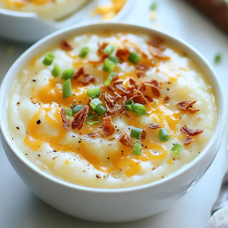 To make loaded potato soup, you need fresh and simple ingredients. Here’s what you’ll need: - 4 large russet potatoes, peeled and diced into 1-inch cubes - 1 medium onion, finely chopped - 3 cloves garlic, minced - 4 cups vegetable broth, homemade or store-bought - 1 cup heavy cream for richness - 1 cup shredded sharp cheddar cheese, plus extra for garnishing - 1/2 cup crispy shallots for topping - 1/4 cup green onions, finely chopped for garnish - 2 tablespoons olive oil for sautéing - Salt and freshly cracked pepper to taste - Pinch of smoked paprika, optional for adding a hint of smokiness These ingredients make a warm and creamy soup. Each one plays a role in creating a rich flavor and smooth texture. The russet potatoes give the soup its heartiness. The onion and garlic add depth to the taste. The vegetable broth serves as the base, while heavy cream and cheddar cheese provide the creamy comfort we crave. Don’t forget the crispy shallots and green onions on top for crunch and freshness! {{ingredient_image_2}} First, grab a large pot or Dutch oven. Pour in two tablespoons of olive oil and heat it over medium heat. When the oil is hot, add one finely chopped onion. Cook it for about five minutes. You want it to be soft and clear. Next, add three minced garlic cloves to the pot. Sauté for one more minute. You will smell that wonderful garlic aroma! Now, mix in four large russet potatoes. Make sure to peel and dice them into one-inch cubes. After adding the potatoes, pour in four cups of vegetable broth. Turn the heat up to high until it boils. Once boiling, reduce the heat to low and let it simmer. This should take about 20 to 25 minutes. Check the potatoes with a fork. They should be fork-tender and break apart easily. Now, take out your immersion blender. Blend the soup right in the pot. You can blend it all for a smooth texture or just half for some chunks. Once blended, it’s time to stir in one cup of heavy cream. Follow that with one cup of shredded sharp cheddar cheese. Heat the soup on low until the cheese melts. Finally, season with salt, cracked pepper, and a pinch of smoked paprika if you like. Serve it hot and enjoy! To boost the taste of your loaded potato soup, you can adjust the seasoning. Start with salt and pepper after blending. Taste the soup and add more if needed. A pinch of smoked paprika adds a nice smoky flavor. Try adding herbs like thyme or rosemary for a fresh twist. To get the right thickness, blend the soup well. If you like a chunkier texture, blend only half the soup. This way, you keep some potato pieces for a hearty feel. If it’s too thick, add more broth or cream until it’s just right. For a fun twist, serve the soup in rustic bread bowls. This adds warmth and a unique touch. You can easily make these bowls by hollowing out small loaves of bread. Garnishing is key to making the soup look inviting. Top each bowl with extra cheddar cheese. Add crispy shallots for crunch. Finally, sprinkle chopped green onions for color. This makes your soup not just tasty but also beautiful. Pro Tips Choose the Right Potatoes: Russet potatoes are ideal for this soup due to their starchy texture, which creates a creamy consistency when cooked and blended. Enhance Flavor with Broth: For deeper flavor, consider using homemade vegetable broth or adding a dash of soy sauce to the store-bought broth. Experiment with Toppings: Feel free to get creative with toppings! Try adding crumbled bacon, sour cream, or fresh herbs for an extra layer of flavor. Storage Tips: This soup stores well in the fridge for up to 3 days. Reheat gently on the stove, adding a splash of broth or cream if it thickens too much. {{image_4}} If you want a vegetarian version, you can swap out the heavy cream and cheese. Use coconut cream instead of heavy cream. It adds a rich taste without dairy. For cheese, try nutritional yeast or a dairy-free cheese. These options give the soup a nice flavor and keep it vegetarian-friendly. For a dairy-free treat, use almond milk or oat milk in place of heavy cream. These milks create a creamy texture without dairy. You can also add pureed cashews for even more creaminess. Just soak cashews in water, blend, and mix them into your soup. Want to spice it up? Add fresh herbs like thyme or rosemary while cooking. For a kick, try a dash of cayenne pepper or chili powder. Smoked paprika adds a nice smoky flavor too. You can even toss in some cooked bacon bits for a savory twist. To store leftovers, let the soup cool to room temperature. Once cooled, transfer it to an airtight container. Be sure to leave some space at the top for expansion. You can keep loaded potato soup in the fridge for up to three days. Always check for freshness before reheating. If it smells off or looks strange, toss it. For freezing potato soup, first cool it completely. Use freezer-safe containers or heavy-duty freezer bags. Leave space at the top for expansion. This soup can last up to three months in the freezer. When you are ready to eat, thaw the soup in the fridge overnight. To reheat, warm it slowly on the stove over low heat. Stir often to keep it smooth. If it seems thick, add some broth or water. This way, you can enjoy creamy comfort again! Yes, you can make loaded potato soup ahead of time. To prepare it in advance, follow these tips: - Cook the soup as directed and let it cool completely. - Store it in an airtight container in the fridge for up to three days. - Reheat gently on the stove, adding a splash of broth or cream if needed. - For best texture, avoid adding toppings until you serve. You can customize this soup with various toppings and mix-ins. Here are some ideas: - Crispy bacon bits for a savory crunch. - Sour cream for extra creaminess. - Fresh herbs like parsley or chives for a bright note. - Roasted vegetables for added flavor. - A drizzle of hot sauce for a spicy kick. Loaded potato soup lasts about three to four days in the fridge. To keep it fresh: - Store it in a sealed container. - Always cool the soup before refrigerating. - If you notice any off smells or changes in color, discard it. - Reheat thoroughly before serving again. This blog post covered making a delicious loaded potato soup. We discussed essential ingredients, helpful steps, and great tips to enhance it. I shared ways to make it vegetarian or dairy-free and how to store leftovers properly. Remember, your soup can be simple or fancy. Play with seasonings and toppings to make it yours. Enjoy each warm and creamy spoonful. Your kitchen will smell amazing, and you’ll want to share this recipe. Experiment and have fun with it!