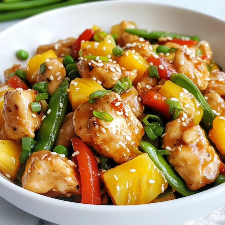 - 2 boneless, skinless chicken breasts, cut into bite-sized pieces - 1 cup fresh pineapple, diced into small chunks - 1 red or yellow bell pepper, sliced into strips - 1 cup snap peas, trimmed and cleaned - 2 green onions, chopped into fine pieces - 2 cloves garlic, minced finely - 1 tablespoon fresh ginger, grated - 3 tablespoons soy sauce (low sodium recommended) - 1 tablespoon honey - 1 tablespoon cornstarch mixed with 2 tablespoons water to form a slurry - 2 tablespoons vegetable oil (or any neutral oil) - Salt and freshly ground black pepper to taste - Sesame seeds for garnish In this recipe, chicken serves as the main protein. It gives the dish a hearty base. Fresh pineapple brings sweet, tropical notes. The bell pepper adds color and crunch. Snap peas contribute freshness and texture. The garlic and ginger mix well to create a fragrant aroma. Soy sauce and honey form a tasty glaze. Cornstarch helps thicken the sauce and makes it shiny. Using vegetable oil allows for high-heat cooking without burning. You can adjust the amount of salt and pepper to suit your taste. Sesame seeds finish the dish with a nice touch. This combination of ingredients creates a colorful and flavorful stir fry. {{ingredient_image_2}} Cooking the Chicken First, heat 1 tablespoon of vegetable oil in a large skillet over medium-high heat. Wait until the oil shimmers. Add the chicken pieces to the pan. Season them well with salt and black pepper. Stir-fry the chicken for about 5-7 minutes. You want it to be fully cooked and golden brown. Once done, place the chicken on a plate and set it aside. Seasoning Tips For great flavor, use fresh ground black pepper. Salt enhances the chicken's taste. You can also add a pinch of garlic powder for extra flavor. Sauteing Garlic and Ginger In the same skillet, add another tablespoon of oil. Once hot, add the minced garlic and grated ginger. Stir them for about 30 seconds. You want the aroma to fill your kitchen. Adding Vegetables Next, toss in the sliced bell pepper and snap peas. Stir-fry these for about 3-4 minutes. The goal is to keep them crisp but tender. After that, add the diced pineapple and mix everything well. Mixing Sauce and Chicken In a small bowl, whisk the soy sauce and honey together. Pour this mixture over the stir-fry. Make sure every piece is coated. Add the cooked chicken back into the skillet. Thickening the Stir Fry Pour the cornstarch slurry into the pan. Stir everything together for another 2 minutes. This will thicken the sauce. The mixture should become glossy and shiny. Finally, fold in the chopped green onions. This adds freshness and flavor to your dish. Best Practices for Stir-Frying Stir-frying is quick and fun. Use high heat for best results. Keep all your ingredients ready before you start. This makes cooking smooth and fast. Always use a large skillet or wok. This allows the food to cook evenly. Stir constantly to prevent burning. This also helps keep the food crispy. Achieving Perfectly Cooked Chicken For great chicken, cut it into small pieces. This helps it cook quickly and evenly. Season with salt and pepper before cooking. Use enough oil to coat the pan. Heat the oil until it shimmers. This shows it's hot enough. Cook the chicken for 5-7 minutes. It should turn golden brown and be cooked through. Adjusting Sweetness and Savory Notes You can change the sweetness to fit your taste. If you like it sweeter, add more honey. If you prefer savory, add more soy sauce. Taste as you go. This helps you find the right balance for your dish. Using Fresh versus Canned Pineapple Fresh pineapple gives a bright taste and better texture. Canned pineapple is sweet and easy to use. If using canned, drain it well. This prevents the dish from being too watery. Fresh is always best, but canned works in a pinch. Pro Tips Fresh Ingredients: Use fresh pineapple for a sweeter and more vibrant flavor. Canned pineapple may work, but it can be less juicy and flavorful. Balanced Flavors: Adjust the soy sauce and honey according to your taste preference. If you like it sweeter, add more honey; for a saltier profile, increase the soy sauce. Uniform Cooking: Cut your chicken and vegetables into similar sizes to ensure even cooking. This helps maintain the texture and flavor of each ingredient. Serving Suggestions: Pair your stir-fry with steamed rice, quinoa, or even noodles for a complete meal. Top with extra sesame seeds for added crunch and flavor. {{image_4}} You can switch the chicken for other proteins. Tofu works well for a vegetarian dish. It soaks up flavors nicely. Shrimp is another great option. It cooks fast and adds a nice taste. For vegetables, feel free to be creative. Broccoli, carrots, or zucchini are good choices. They add color and crunch to the dish. You can mix and match based on what you have at home. Try a sweet and sour twist for a new taste. You can add more pineapple or some vinegar for tanginess. This gives the dish a fun flavor boost. Adding spices can also change the game. A sprinkle of chili flakes adds heat. If you like spicy food, this is a great choice. You can also add a bit of pepper for extra zing. When you have extra Pineapple Chicken Stir Fry, store it properly. Here are some tips: - Refrigeration Tips: Place leftovers in an airtight container. They will stay fresh for up to 3 days in the fridge. Make sure to cool them down before sealing the container. This step helps to keep the food safe and tasty. - Freezing Guidelines: If you want to keep it longer, freeze the stir fry. Use a freezer-safe container or a heavy-duty freezer bag. It can last for about 2 to 3 months. When freezing, try to remove as much air as possible. This helps prevent freezer burn and keeps the flavor intact. To enjoy your leftovers, reheating is key. Here are the best methods: - Best Methods for Reheating Stir Fry: The best way to reheat Pineapple Chicken Stir Fry is on the stove. Use a non-stick skillet over medium heat. Add a splash of water or broth to help steam the food and keep it moist. Stir often. This keeps the flavors fresh. For microwave reheating, place the stir fry in a microwave-safe bowl. Cover it with a lid or damp paper towel. Heat in short bursts, stirring in between. This method helps avoid hot spots and keeps the dish warm throughout. To make your Pineapple Chicken Stir Fry less sweet, reduce the honey. You can also swap fresh pineapple for canned pineapple in juice, not syrup. This change cuts the sugar. Another option is to add more soy sauce. The soy sauce adds saltiness, which balances the sweetness. You can even add a splash of rice vinegar for a tangy kick. Yes, you can use frozen vegetables. They are quick and easy. Just remember to thaw them first. Drain any extra water to avoid a soggy stir fry. Cooking times may vary, so keep an eye on them. Frozen vegetables may cook faster than fresh ones. Look for stir-fry blends with snap peas and bell peppers for added flavor. Serving suggestions include fluffy rice or quinoa. Both options soak up the sauce well. You can also use noodles for a hearty meal. Another choice is to serve it in lettuce wraps for a fun twist. Add a side of fresh fruit or a salad to balance your meal. Each option adds variety and makes your dinner special. In this post, we covered how to make Pineapple Chicken Stir Fry. We discussed the key ingredients, step-by-step cooking instructions, and useful tips. You learned about different variations, storing leftovers, and answered common questions. This dish is tasty and easy to prepare. Experiment with flavors and ingredients to make it your own. Enjoy your stir fry creation anytime!