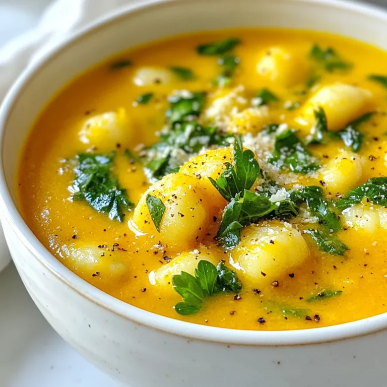 For a rich and comforting soup, gather these ingredients: - 1 medium butternut squash, peeled and diced into 1-inch cubes - 1 tablespoon extra virgin olive oil - 1 medium onion, finely diced - 2 cloves garlic, minced - 4 cups vegetable broth (homemade or store-bought) - 1 teaspoon dried ground sage - 1/2 teaspoon freshly grated nutmeg - Salt and freshly cracked black pepper, to taste - 10 ounces store-bought gnocchi - 1 cup fresh spinach leaves, chopped - 1/2 cup heavy cream (substitute with coconut cream for a dairy-free option) - Fresh parsley, chopped for garnish - Grated Parmesan cheese for serving (optional) You can easily swap some ingredients for a different taste or dietary needs: - For the butternut squash, you can use pumpkin. - Swap the olive oil with avocado oil for a different flavor. - Use shallots instead of onion for a milder taste. - Coconut cream works well in place of heavy cream for a dairy-free option. - If you dislike spinach, try kale or Swiss chard instead. - For added protein, mix in cooked chicken or beans. This soup is not just tasty, but also nutritious. Here’s a quick overview: - Calories: Approximately 300 calories per serving. - Protein: Around 8 grams per serving, thanks to the gnocchi and added greens. - Carbohydrates: Roughly 40 grams, with fiber from the butternut squash. - Fat: About 10 grams, mostly from the olive oil and cream. - Vitamins: Rich in Vitamin A from the squash and spinach. - Minerals: Provides potassium and calcium, especially if you add cheese. This butternut squash gnocchi soup is a warm hug in a bowl. Enjoy experimenting with the ingredients! {{ingredient_image_2}} Start by heating one tablespoon of extra virgin olive oil in a large pot over medium heat. Once the oil is hot, add one medium onion, finely diced. Sauté the onion for about five minutes. Stir it often until it becomes soft and translucent. Next, add two cloves of minced garlic and cook for one more minute. The garlic should smell fragrant and turn golden. Now, add one medium butternut squash, peeled and diced into one-inch cubes. Pour in four cups of vegetable broth, then sprinkle in one teaspoon of dried ground sage and half a teaspoon of freshly grated nutmeg. Don’t forget a pinch of salt and freshly cracked black pepper for flavor. Raise the heat to high and bring this mixture to a gentle boil. Once boiling, turn the heat down to a simmer. Cover the pot and let it cook for about 15 to 20 minutes. You know it’s ready when the butternut squash is fork-tender. For blending, I recommend using an immersion blender for a smooth texture. Be careful of splatters! If you like some texture, blend less. You can also use a countertop blender, but do it in batches. After blending, return the soup to the pot and keep it on low heat. Now it’s time to add the gnocchi! Gently stir in 10 ounces of store-bought gnocchi. Cook for about 3 to 4 minutes, or until the gnocchi floats to the top. Next, add one cup of fresh spinach leaves, chopped, along with half a cup of heavy cream. Stir until the spinach wilts and heats through. Taste your soup and adjust the seasoning with more salt and pepper if needed. When serving, ladle the soup into rustic bowls. You can garnish with fresh parsley and a sprinkle of grated Parmesan cheese if you like. Enjoy this rich and comforting dish! When cooking with butternut squash, choose a firm squash. A firm squash has a rich flavor and smooth texture. To peel it easily, use a vegetable peeler. Cut the squash into even cubes. This helps it cook evenly. Roasting butternut squash enhances its natural sweetness. Toss the cubes in olive oil and roast at 400°F for 25 minutes. This step adds depth to your soup. For a smooth soup, blend until creamy. Use an immersion blender directly in the pot. If you want some texture, blend less. Leave a few chunks for a heartier feel. Always taste and adjust seasoning after blending. Adding salt or pepper at this stage helps balance flavors. If the soup is too thick, add more broth or water. Serve the soup in rustic bowls for a cozy feel. A swirl of cream on top adds a nice touch. Garnish with fresh parsley for color and flavor. Pair the soup with crusty bread. It’s perfect for dipping. For a brighter note, serve with a side salad. A simple green salad with lemon dressing works well. Pro Tips Choosing the Right Squash: Opt for a firm, heavy butternut squash with smooth skin for the best flavor and texture in your soup. Enhancing Flavor: For a deeper flavor, roast the butternut squash in the oven before adding it to the soup. This caramelizes the sugars and adds a rich sweetness. Blending Options: If you prefer a creamier soup, blend until smooth. For added texture, blend only half and leave the rest chunky. Storage Tips: This soup can be stored in the refrigerator for up to 3 days. Reheat gently on the stove, adding a splash of broth if it thickens too much. {{image_4}} You can easily make this soup dairy-free. Swap out heavy cream for coconut cream. This change gives the soup a rich, creamy feel without dairy. You can also use almond milk or cashew cream for a lighter option. Both alternatives keep the flavor while making it safe for those who avoid dairy. Want to add protein? You can toss in cooked chicken or turkey. Shredded rotisserie chicken works well. For a vegetarian choice, add cooked lentils or chickpeas. They boost protein and add nice texture. You can also use tofu for a plant-based option. Just make sure to cube it and add it during the cooking phase. You can play with ingredients based on the season. In the fall, add in some roasted apples or pears for sweetness. In the winter, try adding kale or Brussels sprouts for a heartier dish. Fresh herbs like thyme or rosemary can add a nice touch in spring. Feel free to get creative and mix in your favorite seasonal veggies. Storing leftover butternut squash gnocchi soup is easy. First, let the soup cool to room temperature. Then, pour it into an airtight container. Make sure to leave some space at the top. This allows for expansion. Label the container with the date. Store it in the fridge for up to three days. If you want to keep it longer, freezing is a great option. Reheating soup can be simple and quick. You can use the stovetop or microwave. For the stovetop, pour the soup into a pot. Heat it on medium, stirring often. This helps it warm evenly. For the microwave, use a microwave-safe bowl. Heat the soup for two to three minutes. Stir halfway through to avoid hot spots. Always check the temperature before serving. Freezing gnocchi soup is great for meal prep. First, cool the soup completely. Transfer it to a freezer-safe container. Leave some space for expansion. You can also use freezer bags. When using bags, lay them flat to save space. Label each container with the date. This soup can last up to three months in the freezer. When ready to eat, thaw it overnight in the fridge before reheating. To peel butternut squash, first wash it well. Use a sharp knife to slice off both ends. Stand the squash upright, then carefully use a vegetable peeler to remove the skin. You can also cut the squash in half and scoop out the seeds first. This method makes peeling easier. Yes, you can use frozen gnocchi in the soup. Just add them directly to the pot without thawing. They will cook in the soup and become tender. This saves time and makes meal prep easy. Butternut squash gnocchi soup lasts about 3 to 5 days in the fridge. Store it in an airtight container to keep it fresh. If you want to keep it longer, consider freezing it instead. In this post, we explored the sweet and savory world of butternut squash gnocchi soup. We covered everything from the ingredients and their substitutions to the cooking steps and helpful tips. You learned how to achieve the perfect texture and serve your soup well. We also shared variations to fit dietary needs and storage tips for leftovers. With this knowledge, you can create a warm and hearty soup that everyone will love. Enjoy making this dish and feel the love in every spoonful!