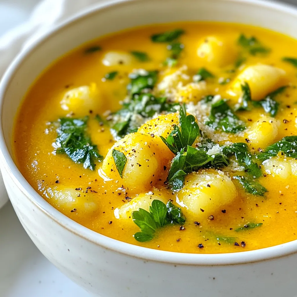 For a rich and comforting soup, gather these ingredients: - 1 medium butternut squash, peeled and diced into 1-inch cubes - 1 tablespoon extra virgin olive oil - 1 medium onion, finely diced - 2 cloves garlic, minced - 4 cups vegetable broth (homemade or store-bought) - 1 teaspoon dried ground sage - 1/2 teaspoon freshly grated nutmeg - Salt and freshly cracked black pepper, to taste - 10 ounces store-bought gnocchi - 1 cup fresh spinach leaves, chopped - 1/2 cup heavy cream (substitute with coconut cream for a dairy-free option) - Fresh parsley, chopped for garnish - Grated Parmesan cheese for serving (optional) You can easily swap some ingredients for a different taste or dietary needs: - For the butternut squash, you can use pumpkin. - Swap the olive oil with avocado oil for a different flavor. - Use shallots instead of onion for a milder taste. - Coconut cream works well in place of heavy cream for a dairy-free option. - If you dislike spinach, try kale or Swiss chard instead. - For added protein, mix in cooked chicken or beans. This soup is not just tasty, but also nutritious. Here’s a quick overview: - Calories: Approximately 300 calories per serving. - Protein: Around 8 grams per serving, thanks to the gnocchi and added greens. - Carbohydrates: Roughly 40 grams, with fiber from the butternut squash. - Fat: About 10 grams, mostly from the olive oil and cream. - Vitamins: Rich in Vitamin A from the squash and spinach. - Minerals: Provides potassium and calcium, especially if you add cheese. This butternut squash gnocchi soup is a warm hug in a bowl. Enjoy experimenting with the ingredients! {{ingredient_image_2}} Start by heating one tablespoon of extra virgin olive oil in a large pot over medium heat. Once the oil is hot, add one medium onion, finely diced. Sauté the onion for about five minutes. Stir it often until it becomes soft and translucent. Next, add two cloves of minced garlic and cook for one more minute. The garlic should smell fragrant and turn golden. Now, add one medium butternut squash, peeled and diced into one-inch cubes. Pour in four cups of vegetable broth, then sprinkle in one teaspoon of dried ground sage and half a teaspoon of freshly grated nutmeg. Don’t forget a pinch of salt and freshly cracked black pepper for flavor. Raise the heat to high and bring this mixture to a gentle boil. Once boiling, turn the heat down to a simmer. Cover the pot and let it cook for about 15 to 20 minutes. You know it’s ready when the butternut squash is fork-tender. For blending, I recommend using an immersion blender for a smooth texture. Be careful of splatters! If you like some texture, blend less. You can also use a countertop blender, but do it in batches. After blending, return the soup to the pot and keep it on low heat. Now it’s time to add the gnocchi! Gently stir in 10 ounces of store-bought gnocchi. Cook for about 3 to 4 minutes, or until the gnocchi floats to the top. Next, add one cup of fresh spinach leaves, chopped, along with half a cup of heavy cream. Stir until the spinach wilts and heats through. Taste your soup and adjust the seasoning with more salt and pepper if needed. When serving, ladle the soup into rustic bowls. You can garnish with fresh parsley and a sprinkle of grated Parmesan cheese if you like. Enjoy this rich and comforting dish! When cooking with butternut squash, choose a firm squash. A firm squash has a rich flavor and smooth texture. To peel it easily, use a vegetable peeler. Cut the squash into even cubes. This helps it cook evenly. Roasting butternut squash enhances its natural sweetness. Toss the cubes in olive oil and roast at 400°F for 25 minutes. This step adds depth to your soup. For a smooth soup, blend until creamy. Use an immersion blender directly in the pot. If you want some texture, blend less. Leave a few chunks for a heartier feel. Always taste and adjust seasoning after blending. Adding salt or pepper at this stage helps balance flavors. If the soup is too thick, add more broth or water. Serve the soup in rustic bowls for a cozy feel. A swirl of cream on top adds a nice touch. Garnish with fresh parsley for color and flavor. Pair the soup with crusty bread. It’s perfect for dipping. For a brighter note, serve with a side salad. A simple green salad with lemon dressing works well. Pro Tips Choosing the Right Squash: Opt for a firm, heavy butternut squash with smooth skin for the best flavor and texture in your soup. Enhancing Flavor: For a deeper flavor, roast the butternut squash in the oven before adding it to the soup. This caramelizes the sugars and adds a rich sweetness. Blending Options: If you prefer a creamier soup, blend until smooth. For added texture, blend only half and leave the rest chunky. Storage Tips: This soup can be stored in the refrigerator for up to 3 days. Reheat gently on the stove, adding a splash of broth if it thickens too much. {{image_4}} You can easily make this soup dairy-free. Swap out heavy cream for coconut cream. This change gives the soup a rich, creamy feel without dairy. You can also use almond milk or cashew cream for a lighter option. Both alternatives keep the flavor while making it safe for those who avoid dairy. Want to add protein? You can toss in cooked chicken or turkey. Shredded rotisserie chicken works well. For a vegetarian choice, add cooked lentils or chickpeas. They boost protein and add nice texture. You can also use tofu for a plant-based option. Just make sure to cube it and add it during the cooking phase. You can play with ingredients based on the season. In the fall, add in some roasted apples or pears for sweetness. In the winter, try adding kale or Brussels sprouts for a heartier dish. Fresh herbs like thyme or rosemary can add a nice touch in spring. Feel free to get creative and mix in your favorite seasonal veggies. Storing leftover butternut squash gnocchi soup is easy. First, let the soup cool to room temperature. Then, pour it into an airtight container. Make sure to leave some space at the top. This allows for expansion. Label the container with the date. Store it in the fridge for up to three days. If you want to keep it longer, freezing is a great option. Reheating soup can be simple and quick. You can use the stovetop or microwave. For the stovetop, pour the soup into a pot. Heat it on medium, stirring often. This helps it warm evenly. For the microwave, use a microwave-safe bowl. Heat the soup for two to three minutes. Stir halfway through to avoid hot spots. Always check the temperature before serving. Freezing gnocchi soup is great for meal prep. First, cool the soup completely. Transfer it to a freezer-safe container. Leave some space for expansion. You can also use freezer bags. When using bags, lay them flat to save space. Label each container with the date. This soup can last up to three months in the freezer. When ready to eat, thaw it overnight in the fridge before reheating. To peel butternut squash, first wash it well. Use a sharp knife to slice off both ends. Stand the squash upright, then carefully use a vegetable peeler to remove the skin. You can also cut the squash in half and scoop out the seeds first. This method makes peeling easier. Yes, you can use frozen gnocchi in the soup. Just add them directly to the pot without thawing. They will cook in the soup and become tender. This saves time and makes meal prep easy. Butternut squash gnocchi soup lasts about 3 to 5 days in the fridge. Store it in an airtight container to keep it fresh. If you want to keep it longer, consider freezing it instead. In this post, we explored the sweet and savory world of butternut squash gnocchi soup. We covered everything from the ingredients and their substitutions to the cooking steps and helpful tips. You learned how to achieve the perfect texture and serve your soup well. We also shared variations to fit dietary needs and storage tips for leftovers. With this knowledge, you can create a warm and hearty soup that everyone will love. Enjoy making this dish and feel the love in every spoonful!
