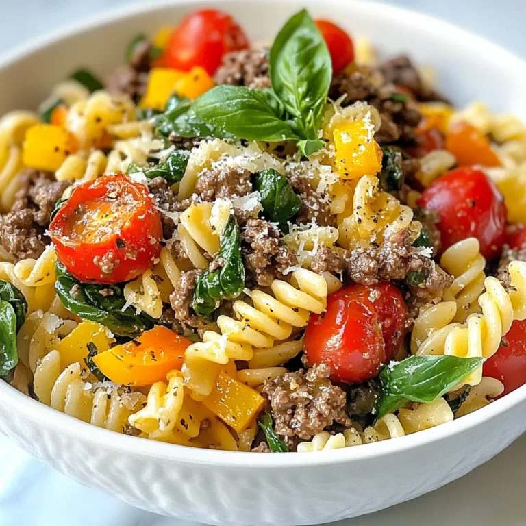 - 8 oz (227 g) pasta (penne or fusilli) - 1 lb (450 g) ground beef (preferably lean) - 4 cloves garlic, finely minced - 1 medium onion, diced finely - 1 red bell pepper, diced into bite-sized pieces - 1 cup cherry tomatoes, halved - 2 cups fresh baby spinach In this dish, the pasta forms the base, and I love using penne or fusilli. They hold sauce well, making each bite tasty. Lean ground beef is my choice for a healthier meal. It cooks up well and keeps the dish light. Next, I add aromatics and veggies. Garlic brings bold flavor, while onion and bell pepper give sweetness. Fresh cherry tomatoes add juiciness, and baby spinach boosts nutrition. - 1 teaspoon dried oregano (or Italian seasoning) - 1 teaspoon smoked paprika - 2 tablespoons extra virgin olive oil - Salt and freshly ground black pepper, to taste Seasoning is key! I often use dried oregano for its earthy taste. Smoked paprika adds a rich, warm flavor. Extra virgin olive oil is my go-to for cooking. It has a fruity taste that enhances the meal. I always add salt and pepper to boost the flavors. - Grated Parmesan cheese - Fresh basil leaves Garnishes make a dish pop! I love adding freshly grated Parmesan cheese for creaminess. It melts slightly and adds a nice touch. Fresh basil leaves are also great. They give a burst of freshness and color on top. Don't skip these final touches; they elevate the dish! {{ingredient_image_2}} Start by filling a large pot with water. Add a good amount of salt. Bring the water to a rolling boil. Once it boils, add 8 oz of pasta. Cook it for 8-10 minutes for an al dente texture. This means it should be firm but not hard. When done, drain the pasta. Be sure to save about a cup of the pasta water for later. In a large skillet, heat 2 tablespoons of extra virgin olive oil over medium heat. When the oil shimmers, add 1 lb of ground beef. Use a spatula to break it up as it cooks. Brown the beef for about 5-7 minutes. It should look fully cooked and brown. Season it with salt and pepper. If there is too much fat, drain some but keep a little for flavor. Now, add 1 medium diced onion, 4 cloves of minced garlic, and 1 diced red bell pepper to the skillet. Sauté these together for about 3-4 minutes. Stir often. The onions should turn translucent, and the garlic will smell fragrant. Be careful not to burn the garlic; it can get bitter if overcooked. Next, stir in 1 cup of halved cherry tomatoes and 2 cups of fresh baby spinach. Add 1 teaspoon of dried oregano and 1 teaspoon of smoked paprika for flavor. Cook this mix for another 3-4 minutes. The spinach should wilt, and the tomatoes should soften. This creates a colorful and tasty mix. Add the drained pasta to the skillet. Toss everything together gently. Make sure the pasta is coated well with the beef and veggies. If the dish feels dry, splash in some of the reserved pasta water. This helps achieve a creamy texture. Taste your dish. Adjust the seasoning by adding more salt or pepper if needed. You can also add more smoked paprika for extra flavor. Make it to your liking before serving. To get perfect pasta, use a large pot. Fill it with water and add a lot of salt. This helps the pasta taste better. Bring the water to a rolling boil before adding the pasta. Cooking it al dente means it will be firm but not hard. This usually takes about 8-10 minutes. Don’t forget to drain the pasta, but keep some water for later. When cooking beef, choose lean ground beef for less fat. Heat olive oil in a large skillet. Once it shimmers, add the beef. Break it apart with a spatula as it cooks. Sauté until it turns brown, which takes about 5-7 minutes. Season with salt and pepper for flavor. If there’s too much fat, drain some but keep a little for taste. To boost flavor, consider adding spices like red pepper flakes or fresh herbs like thyme. These can give the dish more depth. You can also add half a teaspoon of garlic powder for extra garlic taste. For a creamier texture without heavy cream, add a splash of the reserved pasta water. This will help bind the ingredients together and make it rich. For serving, you can do it straight from the skillet. This gives a rustic and cozy feel. If you prefer a fancier look, plate individual servings. Add a sprinkle of extra basil leaves on top. This not only looks nice but also adds fresh flavor. Don’t forget to finish with some grated Parmesan cheese to impress your guests! Pro Tips Quality of Beef: Use lean ground beef to reduce excess grease while still maintaining flavor. Consider grass-fed beef for added richness. Perfect Pasta: Always salt your pasta water generously; it enhances the flavor of the pasta itself. Aim for a taste similar to seawater. Fresh Ingredients: Opt for fresh garlic and vegetables whenever possible, as they will enhance the overall taste and nutritional value of your dish. Leftovers Storage: Store any leftovers in an airtight container in the fridge for up to 3 days. Reheat gently on the stove, adding a splash of water to loosen the sauce. {{image_4}} You can swap the ground beef for chicken or turkey. This change keeps the dish light and tasty. Use the same cooking steps. Ground chicken works well for this recipe. If you want a vegetarian option, try using plant-based proteins. Options like lentils or chickpeas add good flavor and texture. They also make the dish hearty without meat. If you need a gluten-free option, choose gluten-free pasta. Many types are available, so you can find one you like. Remember to adjust the cooking time as needed. You can also try different pasta shapes. Fusilli and penne work great, but shapes like farfalle or rotini can add fun to the dish. Adding seasonal vegetables can boost the flavor and nutrition. You can try zucchini, bell peppers, or even asparagus. These veggies add color and taste. For more greens, consider using kale or arugula. They mix well with the other ingredients and add a nice crunch. Store your Garlic Beef Pasta Skillet in an airtight container. Let it cool to room temperature first. Properly stored, it lasts up to three days in the fridge. If you want to keep it fresh longer, make sure to consume it within that period. To freeze this dish, let it cool completely. Then, transfer it to a freezer-safe container. You can also use freezer bags for easy storage. Label it with the date. It keeps well for up to three months. For reheating, thaw it in the fridge overnight. You can warm it in a skillet over medium heat or in the microwave. Get creative with your leftovers! You can turn it into a pasta salad by adding some olives and a splash of vinaigrette. Another option is to mix it into a soup for extra flavor. For quick reheating, use the microwave in 30-second intervals. Stir in a splash of water or broth to keep it moist. Enjoy your tasty creations! It takes about 30 minutes to make this dish. You will spend around 10 minutes prepping the ingredients. The cooking time is about 20 minutes. This quick time makes it great for busy nights. Yes, you can swap out some veggies! Consider using zucchini, mushrooms, or broccoli. These choices add flavor and color too. You can also mix in frozen peas if you want. Just make sure to adjust cooking times a bit for the new veggies. Absolutely! You can make this dish ahead of time. It keeps well in the fridge for up to 3 days. Just store it in an airtight container. You can easily reheat it in the microwave or on the stovetop. To spice things up, try adding red pepper flakes. You can also use diced jalapeños for a fresh kick. For a richer flavor, consider a dash of hot sauce. Start with a little, and taste as you go for the right heat level. This dish pairs well with a simple side salad. A green salad with a light vinaigrette works great. You can also serve it with garlic bread for a tasty side. Another option is roasted vegetables, which add more texture and flavor. This blog post covered all you need for a tasty Garlic Beef Pasta Skillet. We explored key ingredients, cooking steps, and useful tips to boost flavor and presentation. Remember, you can customize the recipe with different proteins and veggies or store leftovers for later. Cooking should be fun and creative. Enjoy making this dish with your unique touches! I hope you feel inspired to get started in the kitchen.