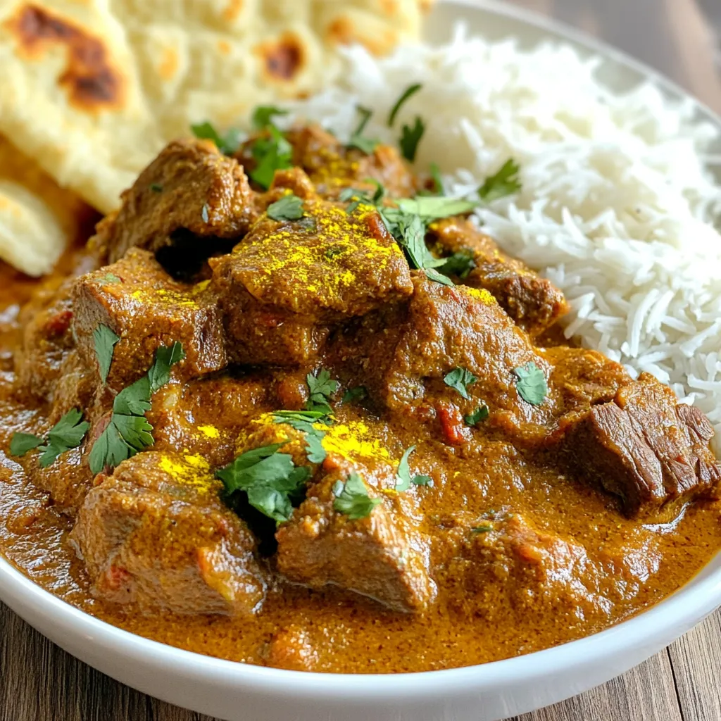 To make a great Beef Madras, you need fresh and quality ingredients. Here’s what you will need: - 500g beef, cut into bite-sized cubes - 2 tablespoons vegetable oil - 1 large onion, finely diced - 3 garlic cloves, minced - 1-inch piece of fresh ginger, grated - 400g canned chopped tomatoes - 400ml coconut milk - 2 green chilies, slit lengthwise - Salt, to taste - Fresh coriander leaves, for garnish - Cooked basmati rice or warm naan, for serving The key to a tasty Beef Madras lies in the spices. Here’s a list of spices you will need: - 2 tablespoons Madras curry powder - 1 teaspoon ground turmeric - 1 teaspoon ground cumin - 1 teaspoon ground coriander - 1 teaspoon chili powder (adjust to your spice preference) These spices build layers of flavor and give your curry that authentic taste. To make your meal complete, serve Beef Madras with delicious sides. Here are my top picks: - Fluffy basmati rice - Warm naan bread These sides soak up the rich sauce and balance the spice. Enjoy your meal! {{ingredient_image_2}} 1. Start by cutting the beef into bite-sized cubes. 2. Dice the onion finely and set it aside. 3. Mince the garlic and grate the ginger. 4. Gather all your spices: Madras curry powder, turmeric, cumin, coriander, and chili powder. 5. Open the canned tomatoes and coconut milk. 6. Slit the green chilies lengthwise for added heat. These steps set you up for success. A well-prepped kitchen makes cooking smoother and more fun. 1. Heat the vegetable oil in a large pot over medium heat. 2. Add the diced onions and sauté for 5-7 minutes. Look for a golden color. 3. Stir in the minced garlic and grated ginger. Cook for 1-2 minutes until fragrant. 4. Add the spices next. Toast them for about 1 minute to release their oils. 5. Now, add the beef cubes. Brown each piece for 5-6 minutes. 6. Pour in the chopped tomatoes. Let it simmer for 10 minutes to thicken. 7. Add the coconut milk and slit green chilies. Stir well and bring to a gentle simmer. 8. Season with salt. Cover and reduce heat to low. Cook for 1.5 to 2 hours. This slow cooking is key. It helps the beef soak up all the rich flavors from the spices. - Check the sauce as it cooks. If it’s too thick, add a splash of water or more coconut milk. - Stir occasionally to prevent sticking. This keeps the dish from burning. - After cooking, let it sit off the heat for a few minutes. This helps the flavors blend. A well-balanced sauce will coat the beef nicely, making each bite a delight. Enjoy the rich, comforting taste of your Beef Madras! To get the best flavor in your Beef Madras, use a heavy pot. A cast-iron pot is great for even heat. Start by sautéing onions until they are soft and golden. This builds a strong base for your curry. Toast the spices after adding them. This step helps bring out the full flavor. When you brown the beef, do it in batches. This prevents steaming and ensures a nice crust. Spice levels can change with your taste. Start with the chili powder, using less if you prefer mild. You can always add more later. For extra heat, add more green chilies or use a hotter chili powder. If it’s too spicy, add more coconut milk. This will balance the heat and add creaminess. Tender beef is key to a great Beef Madras. Choose cuts like chuck or brisket, which become tender with slow cooking. Cut the beef into small cubes for faster cooking. Marinating the beef in yogurt for a few hours can help, too. If you’re short on time, simply simmer the beef longer. The slow cooking process will break down tough fibers, making it fork-tender. Pro Tips Choose Quality Beef: Opt for cuts like chuck or brisket for a tender and flavorful result as they become succulent when slow-cooked. Marinate for Depth: If time allows, marinate the beef in yogurt and spices overnight to enhance flavor and tenderness. Adjust the Heat: Customize the spice level by adding more or less chili powder or by including fresh green chilies based on your preference. Let it Rest: Allow the dish to rest off the heat for a few minutes before serving, which helps the flavors meld beautifully. {{image_4}} You can switch up some ingredients in Beef Madras for new tastes. Try using lamb or chicken instead of beef. This will change the flavor but keep the essence of the dish. You can also use sweet potatoes or chickpeas for a twist. If you want more heat, add extra chili powder or fresh green chilies. For a richer flavor, consider adding some tamarind paste or a dash of fish sauce. These small changes can make your curry unique and fun. Making a Beef Madras vegan is easy and tasty. Replace the beef with firm tofu or seitan. These options soak up the spices well. Use coconut cream instead of coconut milk for a richer taste. Add more vegetables like bell peppers, carrots, or peas for extra color and nutrition. This version still has all the warmth and spice of a classic Beef Madras, plus it's friendly for those who avoid meat. Different areas put their spin on Beef Madras. In some parts, people use coconut or curry leaves for an extra kick. Others might add tamarind or lime juice for a tangy flavor. In southern India, you might find the dish with more heat and curry leaves. Each region brings its own flair to the recipe, which makes it exciting to explore. Don't be afraid to try these local touches and make the dish your own! To store leftover Beef Madras, let it cool first. Then, place it in an airtight container. Keep it in the fridge if you plan to eat it within three days. If you want to save it longer, freezing is a great option. When reheating, use low heat on the stove. Add a splash of water or coconut milk to keep it moist. Stir often to ensure even heating. You can also microwave it, but cover the dish to keep moisture in. Heat in short bursts, stirring in between. To freeze Beef Madras, use a freezer-safe container. Divide it into portions for easier use later. Make sure to leave some space at the top of the container for expansion. Label the container with the date. It can last up to three months in the freezer. When ready to use, thaw it in the fridge overnight before reheating. This keeps the flavor fresh and delicious. Beef Madras comes from South India. It is named after the city of Madras, now called Chennai. This dish reflects the rich culture and flavors of Indian cuisine. It evolved from the need to use local spices and meats. People made it to suit their taste, making it unique. Yes, you can use various cuts of beef for this dish. Chuck, brisket, or round are great options. These cuts have enough fat and flavor to make the curry rich. Just remember to cut the beef into small pieces for even cooking. Tender cuts like sirloin work too, but they cook faster. You can easily adjust the spice level. To make it spicier, add more chili powder or fresh green chilies. You can also use a hot curry powder. If you prefer it milder, reduce the chili powder and use sweet paprika instead. Adding coconut milk will also help tone down the heat. Beef Madras combines rich spices and tender meat for a warm dish. We explored essential ingredients, preparation steps, and tips for great results. You can also discover variations to suit your taste. Remember, storing leftovers right keeps them tasty for later. Whether you prefer spicy or mild, adjust the flavors to fit your palate. Now, it’s time to enjoy your delicious Beef Madras and share it with friends!