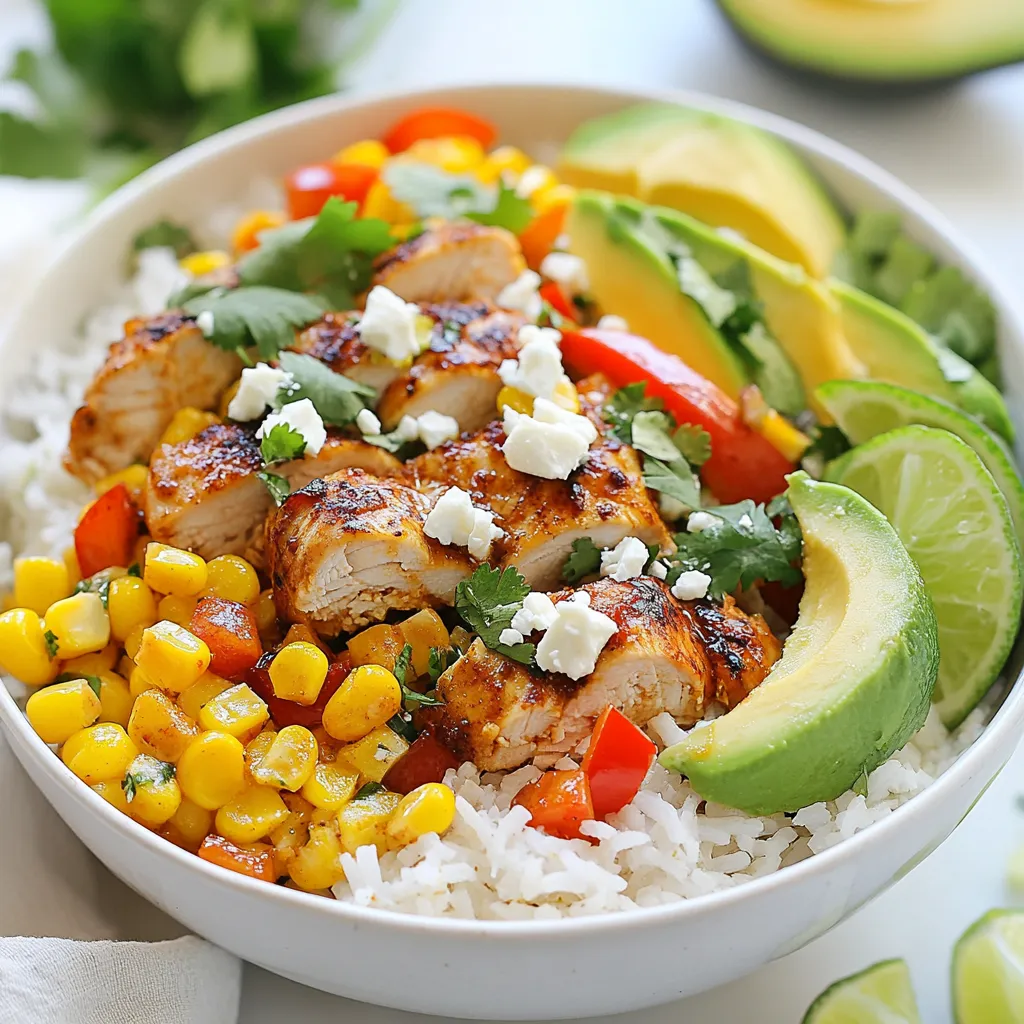 - 2 cups cooked white rice - 1 lb boneless, skinless chicken thighs, diced - 1 cup corn kernels (fresh, frozen, or canned) - 1 red bell pepper, diced - 1 small red onion, finely chopped - 2 cloves garlic, minced - 1 teaspoon smoked paprika - 1 teaspoon ground cumin - 2 tablespoons olive oil - 1 tablespoon fresh lime juice - 1/4 cup fresh cilantro, chopped - 1/2 cup feta cheese, crumbled - Salt and pepper to taste - Optional: slices of avocado, lime wedges, and tortilla chips for serving I love using brands that focus on quality. For chicken, I recommend buying organic or free-range options if available. They taste better and are often more humane. For corn, I prefer frozen kernels. They are sweet and easy to use. If you can't find feta cheese, queso fresco works well too. It gives a similar creamy flavor. When choosing fresh ingredients, look for bright colors and firm textures. For peppers, they should feel heavy and have smooth skin. Corn should smell sweet and have a nice golden color. For herbs like cilantro, check that the leaves are vibrant and not wilting. Fresh garlic should be firm with no soft spots. Always check expiration dates on packaged items for the best taste. {{ingredient_image_2}} First, heat 1 tablespoon of olive oil in a large skillet over medium heat. Once hot, add the diced chicken thighs. Season the chicken with smoked paprika, cumin, salt, and pepper. Cook for 5-7 minutes until the chicken turns golden brown. When done, take the chicken out and set it aside. Next, in the same skillet, add the other tablespoon of olive oil. Toss in the chopped red onion and minced garlic. Stir often for about 2-3 minutes until the onions become translucent. Now, add the diced red bell pepper and corn kernels. Sauté this mix for another 3-4 minutes. You want the vegetables to soften and their flavors to come alive. Return the cooked chicken to the skillet. Stir to mix it with the veggies. Drizzle fresh lime juice over everything and mix well to combine all the flavors. To serve, divide the cooked white rice into serving bowls. Top each bowl with the chicken and vegetable mix. Make sure to distribute it evenly. Finally, garnish with fresh cilantro and crumbled feta cheese. For extra flair, add slices of avocado and lime wedges. Serve with tortilla chips for a nice crunch. Prep time is about 15 minutes, and the total cooking time is 30 minutes. Use medium heat to cook the chicken and vegetables. Stir often to prevent sticking and burning. Make sure the chicken is cooked through. The internal temperature should reach 165°F. This ensures it is safe and tender. One mistake is overcooking the chicken. Watch it closely so it stays juicy. Another mistake is not seasoning enough. Seasoning brings out the flavors. Don’t skip the salt and pepper. Lastly, avoid cooking on high heat. This can burn the garlic and onion. Medium heat gives the best results. To make the best chicken, use boneless, skinless thighs. They stay juicy and tender. Season the chicken well with smoked paprika and cumin. This adds depth to the taste. Cook the chicken over medium heat to avoid burning. Make sure all pieces are golden brown. This should take about 5-7 minutes. Remove the chicken once it's fully cooked. This keeps it moist and flavorful. Brighten up your dish with fresh lime juice. It adds a zesty kick! Use fresh corn kernels if you can. They give a sweet crunch. Adding diced red bell pepper boosts color and nutrition. Don’t skip the feta cheese; it adds creaminess. You can also mix in some avocado slices for extra richness. For a spicy twist, add jalapeños or chili powder. To serve, start with a base of cooked white rice. This helps soak up all the flavors. Top the rice with the chicken and veggie mix. Make it look colorful! Sprinkle fresh cilantro on top for a pop of green. Crumbled feta cheese adds a nice finish. Serve with lime wedges and tortilla chips on the side. This gives your dish a fun crunch! Pro Tips Use Fresh Corn: Fresh corn adds a sweet and crisp texture to the dish. If using frozen or canned corn, make sure to drain and rinse it to remove any excess sodium. Marinate the Chicken: For even more flavor, consider marinating the chicken thighs in lime juice, garlic, and spices for 30 minutes before cooking. Customize Your Toppings: Feel free to add your favorite toppings such as jalapeños, sour cream, or hot sauce to customize your bowls to your taste. Serve with Tortilla Chips: The crunch of tortilla chips complements the creamy feta and the tender chicken, making for a delightful textural contrast in each bite. {{image_4}} You can easily make this dish vegetarian or vegan. Swap the chicken for diced firm tofu or tempeh. Both add great texture and soak up flavors well. Use vegetable broth instead of chicken broth for a richer taste. Instead of feta cheese, try a vegan cheese or avocado for creaminess. This makes the dish plant-based while still being filling and tasty. If you want to change the protein, there are many choices. Shrimp or fish can add a fun twist. Cook the shrimp until pink, or grill the fish for a smoky flavor. You can also use beans, like black beans or chickpeas. They add protein and fiber, making the dish hearty and satisfying. For a spicy kick, add jalapeños or a dash of hot sauce. You can mix in some chili powder or cayenne pepper when cooking the chicken. If you prefer a sweet touch, add a tablespoon of honey or maple syrup. This balance of sweet and savory will delight your taste buds. Feel free to experiment with spices and toppings to find your perfect flavor. To store leftovers, let the bowls cool first. Place the rice and chicken mix in airtight containers. Keep the toppings, like cilantro and feta, separate. This keeps everything fresh. Store in the fridge for up to three days. For freezing, use freezer-safe containers. Cool the dish before placing it inside. Don’t freeze the fresh toppings—add those later. The bowls can last up to three months in the freezer. When ready to eat, thaw in the fridge overnight. Reheat leftovers in a microwave or on the stove. If using a microwave, cover the bowl to keep moisture. Heat in intervals of 1-2 minutes, stirring in between. On the stove, warm over low heat until hot. Add a splash of lime juice for extra flavor. Enjoy your tasty meal! You can serve many tasty sides with these bowls. Here are some ideas: - Slices of avocado add creaminess. - Lime wedges brighten the dish. - Tortilla chips give a crunchy texture. - A fresh salad can balance the meal. - Mexican-style beans offer extra protein. These sides make your meal more fun and flavorful. Meal prep is easy with this recipe. Here are some quick tips: - Cook the chicken and veggies ahead of time. - Store them in separate containers. - Cook the rice in advance too. - Keep all items in the fridge. When ready to eat, just heat and combine. This saves time during busy days. Yes, you can make this dish ahead of time. Here’s how: - Prepare the chicken and veggies a day before. - Store them in the fridge in an airtight container. - Cook the rice fresh for best taste. You can also freeze the chicken and veggies. Just thaw them in the fridge overnight before reheating. This dish tastes great even after a day or two! In this post, we covered the key elements for cooking amazing Street Corn Chicken Rice Bowls. We discussed essential ingredients, cooking steps, and common mistakes to avoid. I shared tips for perfecting flavors and presentation. Then, we explored variations for different diets and preferences. Finally, we talked about how to store leftovers and reheating tips. By using this guide, you can make a great dish that everyone will love!