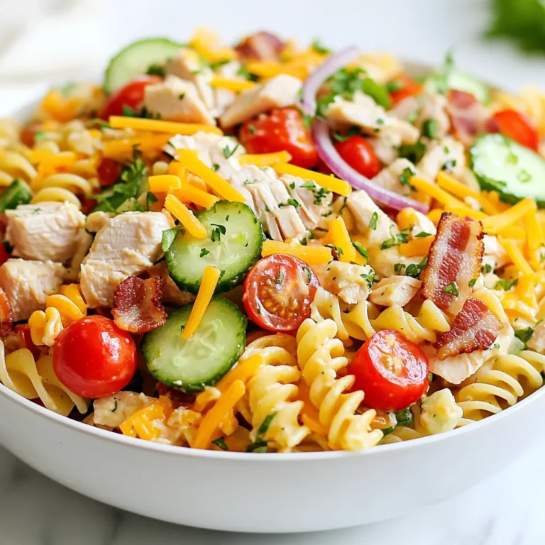 - 8 oz rotini pasta - 1 cup cooked chicken breast, diced - 1 cup cherry tomatoes, halved - 1 cup diced cucumber - 1/2 cup diced red bell pepper - 1/4 cup red onion, finely chopped - 1/2 cup cooked bacon, chopped (optional) - 1/2 cup shredded cheddar cheese - 1/2 cup mayonnaise - 2 tablespoons Dijon mustard - 1 tablespoon apple cider vinegar - Salt and pepper to taste - Fresh parsley, chopped (for garnish) The pasta forms the base of the dish. Use 8 ounces of rotini pasta. This amount serves about six people. You will need one cup of cooked chicken breast cut into small pieces. For crunch and freshness, add one cup of cherry tomatoes and one cup of diced cucumber. Next, add 1/2 cup of diced red bell pepper for color. The red onion adds a nice bite, so use 1/4 cup of it, finely chopped. If you want a smoky flavor, add 1/2 cup of chopped cooked bacon. For richness, use 1/2 cup of shredded cheddar cheese. The dressing needs 1/2 cup of mayonnaise, along with 2 tablespoons of Dijon mustard and 1 tablespoon of apple cider vinegar. Finally, season with salt and pepper to taste and garnish with fresh parsley. You can swap out the chicken for turkey or ham if you prefer. For a vegetarian version, use chickpeas or grilled tofu instead of meat. If you want extra flavor, try adding olives or avocado. You can also use Greek yogurt instead of mayonnaise for a lighter dressing. For a spicier kick, add jalapeños or a dash of hot sauce. If you don’t have rotini, any pasta shape works well in this salad. {{ingredient_image_2}} Start by boiling water in a large pot. Add 8 oz of rotini pasta. Cook it according to the package instructions until it is al dente. This usually takes about 8 to 10 minutes. Once done, drain the pasta and rinse it under cold water. This stops the cooking process and cools the pasta down. In a big mixing bowl, combine the cooled pasta with other tasty ingredients. Add 1 cup of diced cooked chicken, 1 cup of halved cherry tomatoes, 1 cup of diced cucumber, 1/2 cup of diced red bell pepper, and 1/4 cup of finely chopped red onion. If you like bacon, toss in 1/2 cup of chopped cooked bacon. Finally, add 1/2 cup of shredded cheddar cheese for extra flavor. In a small bowl, mix together 1/2 cup of mayonnaise, 2 tablespoons of Dijon mustard, and 1 tablespoon of apple cider vinegar. Sprinkle in salt and pepper to fit your taste. Whisk the ingredients until the dressing is smooth and creamy. Pour the dressing over your pasta salad mix. Gently stir everything together. Make sure all the ingredients are coated with the dressing. This step is key for a tasty salad. Now it's time to taste your salad. Take a small spoonful and see if it needs more salt or pepper. Adjust the seasoning as needed. A little tweak can make a big difference! Cover the salad with plastic wrap or a lid. Place it in the fridge for at least 30 minutes. Chilling helps all the flavors blend together. Plus, it tastes great cold! Before serving, give the salad a good stir. For a nice touch, add some fresh chopped parsley on top. You can serve it in a big bowl or individual portions. For fun, add extra cherry tomatoes or a splash of lemon juice for a fresh twist. Enjoy the flavors! To make the best pasta salad, start with quality pasta. I prefer rotini because its shape holds the dressing well. Cook it just until it's al dente. This means it should be firm but not hard. After cooking, rinse it under cold water. This stops the cooking and cools it down. Mix your other ingredients while the pasta cools. Fresh veggies add crunch and flavor. Use ripe cherry tomatoes and crisp cucumbers for the best taste. To boost flavor, don’t skip the dressing. A mix of mayonnaise and Dijon mustard adds creaminess and tang. Add apple cider vinegar for a zesty kick. Season well with salt and pepper. Always taste your salad before serving. Adjust seasoning as needed. Fresh herbs like parsley brighten the dish. You can also add a squeeze of lemon for extra freshness. If you like spice, consider adding a pinch of red pepper flakes. Store any leftovers in an airtight container. This keeps your pasta salad fresh. Keep it in the fridge for up to three days. If you plan to make this salad ahead, store the dressing separately. Combine it just before serving to prevent sogginess. Always check for any off smells or changes in texture before eating leftovers. Enjoy your delicious club sandwich pasta salad even after the first meal! Pro Tips Cooking Pasta: Be sure to cook the rotini pasta until it's al dente, as it will continue to absorb moisture while cooling and marinating in the salad. Cooling the Pasta: Rinsing the pasta under cold water stops the cooking process and helps prevent it from becoming mushy in the salad. Flavor Boost: For an extra layer of flavor, consider adding a teaspoon of garlic powder or a splash of lemon juice to the dressing. Make Ahead: This pasta salad can be made a day in advance. Just remember to give it a good stir before serving to redistribute the dressing. {{image_4}} To make a vegetarian Club Sandwich Pasta Salad, swap out the chicken and bacon. You can use extra veggies instead. Try adding more cherry tomatoes, diced bell peppers, and even avocado for creaminess. Chickpeas are another great choice for protein. They add a nice texture and boost the salad's nutrition. For a gluten-free version, use gluten-free rotini pasta. Many brands offer great alternatives. You can still enjoy all the other ingredients as is. Just make sure the mayonnaise and any other dressings are also gluten-free. This way, you keep all the flavors without any worries. While the classic dressing is tasty, you can mix it up! Instead of mayonnaise, use Greek yogurt for a lighter twist. Combine it with lemon juice and fresh herbs for a zesty kick. You can also try a vinaigrette made with olive oil and balsamic vinegar. This gives a fresh taste and brightens up the salad. Don't be afraid to experiment! Each dressing adds a new layer of flavor. Store your Club Sandwich Pasta Salad in an airtight container. It stays fresh for up to three days in the fridge. Make sure to place it in the coldest part of your fridge. This helps keep the flavors intact and the ingredients crisp. Freezing this pasta salad is not ideal. The texture of the pasta and fresh veggies changes when frozen. If you must freeze it, separate the dressing and salad. Freeze only the pasta and chicken. Use it within a month for best taste. Each ingredient has its own shelf life. Here’s a quick guide: - Rotini pasta: Lasts up to two years in a dry place. - Cooked chicken: Safe for three to four days in the fridge. - Cherry tomatoes: Best used within a week for freshness. - Cucumber: Stays good for about a week. - Red bell pepper: Can last up to a week in the fridge. - Red onion: Good for two weeks when stored properly. - Bacon: Keep for about a week once cooked and stored. - Cheddar cheese: Stays fresh for about a week. - Mayonnaise: Lasts for a month after opening if refrigerated. - Dijon mustard: Can last for a year in the fridge. Knowing the shelf life helps you use fresh ingredients. This ensures a tasty pasta salad every time. Rotini pasta works best for this salad. Its shape holds onto the dressing and toppings well. You can also use fusilli or penne if you prefer. Both of these shapes will add a nice texture. Yes, you can make this salad ahead of time. It tastes even better after chilling. Prepare it a few hours before serving and let it sit in the fridge. The flavors will blend nicely together. To make this salad healthier, you can cut back on the mayonnaise. Use Greek yogurt instead for a lighter option. Add more veggies, like spinach or carrots, to boost fiber and nutrients. You can also skip the bacon to reduce fat. If you want to avoid mayonnaise, try using Greek yogurt or avocado. Both options add creaminess without the heaviness. You can also mix in a vinaigrette for a tangy twist. This blog post covered how to make a tasty pasta salad. You learned about the right ingredients and the step-by-step cooking guide. I shared tips for great flavor and safe storage. You also discovered fun variations to suit your taste. Remember, pasta salad is adaptable. Use the ideas shared to make it your own. Enjoy your cooking, and let your creativity shine in the kitchen!