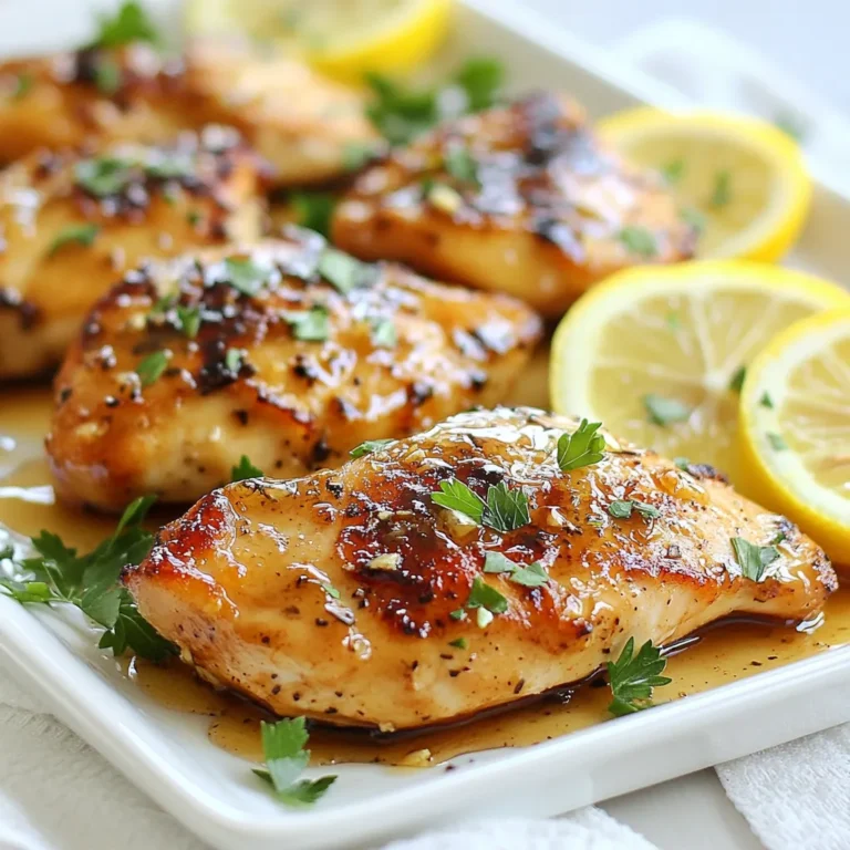 - 4 boneless, skinless chicken breasts - 1/3 cup pure honey - 1/4 cup fresh lemon juice (about 2 lemons) - 5 cloves of garlic, minced finely - 2 tablespoons low-sodium soy sauce - 1 teaspoon Dijon mustard - 1 teaspoon extra virgin olive oil - Salt and freshly cracked black pepper to taste These ingredients form the base of our dish. The chicken brings protein, while honey and lemon give a sweet and tangy flavor. Garlic adds depth and aroma. Soy sauce adds umami, and Dijon mustard gives a slight kick. Olive oil helps with cooking and adds richness. - Fresh parsley, chopped (for garnish) - Lemon slices (for garnish) Garnishes make your dish pop. Fresh parsley adds color and freshness. Lemon slices brighten the plate and enhance flavors. They also offer a visual appeal that invites you to dig in. Accurate measuring is key for great results. Use a liquid measuring cup for honey and lemon juice. For dry ingredients, like salt and pepper, use measuring spoons. Always level off your measuring cups and spoons for precision. This ensures your marinade tastes just right. If you want a little more or less flavor, adjust to your taste. Cooking should be fun and personal! {{ingredient_image_2}} Start by gathering your ingredients. You will need honey, lemon juice, garlic, soy sauce, Dijon mustard, and olive oil. In a medium bowl, mix them well. Use a whisk to blend everything together. This mix creates a sweet and tangy flavor that makes the chicken shine. Don't forget to add a pinch of salt and black pepper for taste. Take your chicken breasts and place them in a large resealable bag or a shallow dish. Pour the marinade over the chicken. Make sure each piece is well coated. Seal the bag or cover the dish tightly. Refrigerate it for at least 30 minutes. If you can, let it marinate for 1 to 2 hours. This step helps the chicken absorb all the great flavors. You have two great options for cooking: grilling or baking. If you choose to grill, preheat your grill to medium-high heat. Place the marinated chicken on the grill. Cook for 6 to 7 minutes on each side. Remember to baste with the leftover marinade for extra flavor during the last few minutes. If you prefer to bake, set your oven to 375°F (190°C). Arrange the chicken on a baking sheet lined with parchment paper. Bake for 25 to 30 minutes. Use a meat thermometer to check if the chicken reaches 165°F (75°C). This ensures it’s safe to eat. Once cooked, remove the chicken from heat. Let it rest for about 5 minutes. This step helps keep the juices locked in. Serve the chicken with fresh parsley and lemon slices for a nice finish. Enjoy your meal! Marinating chicken is key to great taste. I recommend marinating for at least 30 minutes. For the best flavor, aim for 1-2 hours. The honey, lemon, and garlic soak into the meat. This makes each bite full of flavor. If you can, prep the marinade the night before. Let it work its magic overnight for a deeper taste. Cooking chicken perfectly is easy with the right timing. For grilling, cook each side for 6-7 minutes. If baking, aim for 25-30 minutes. Use a meat thermometer to check for doneness. The safe temperature is 165°F (75°C). Rest the chicken for 5 minutes after cooking. This keeps it juicy and tender. To keep chicken moist, don't overcook it. Use the marinade to baste while cooking. This adds flavor and moisture. Also, let the chicken rest after cooking. Cutting it too soon can let the juices escape. Lastly, consider using a meat thermometer. This helps you cook to the right temperature every time. Pro Tips Marinate Longer for Depth: For a more robust flavor, marinate the chicken for 1-2 hours, or even overnight if time permits. This allows the flavors to penetrate deeply. Use a Meat Thermometer: To ensure the chicken is perfectly cooked, use a meat thermometer to check for an internal temperature of 165°F (75°C). Customize Your Marinade: Feel free to add herbs like thyme or rosemary for an extra layer of flavor or spice it up with a pinch of red pepper flakes. Rest Before Slicing: Allow the chicken to rest for 5 minutes after cooking. This helps the juices redistribute, resulting in a juicier bite. {{image_4}} You can boost your Honey Lemon Garlic Chicken by adding veggies. Bell peppers, broccoli, and carrots work well. Chop them into bite-sized pieces. Toss them in the marinade with the chicken. This adds color, flavor, and nutrition to your meal. You can roast or grill the veggies alongside the chicken. They will soak up the tasty marinade too! If you prefer other proteins, use shrimp or tofu. Shrimp cooks fast and takes on flavor quickly. Just marinate it for 15-20 minutes. For tofu, use firm or extra-firm tofu. Press it to remove excess water, then cube it. Marinate the tofu just like the chicken. Both swaps keep the dish tasty and fun. Want some heat? Add red pepper flakes or hot sauce to the marinade. Start with a pinch and taste as you go. You can also use fresh jalapeños for a fresh kick. If you prefer mild flavors, stick to the basic recipe. This lets you make the dish just how you like it! After enjoying your Honey Lemon Garlic Chicken, store any leftovers in an airtight container. This will keep the chicken fresh and safe. Allow the chicken to cool before sealing. It’s best to refrigerate it within two hours of cooking. Proper storage helps prevent spoilage and keeps flavors intact. To reheat your chicken, use the oven for even cooking. Preheat your oven to 350°F (175°C). Place the chicken in a baking dish and cover it with foil. This keeps moisture in and prevents drying. Heat for about 15-20 minutes or until warm. You can also use a microwave, but be careful not to overcook it. If you want to save your Honey Lemon Garlic Chicken for later, freezing is a great option. Wrap each piece tightly in plastic wrap, then place it in a freezer bag. Label the bag with the date. This way, you can enjoy your chicken for up to three months. When ready to eat, thaw it in the fridge overnight before reheating. Yes, you can use bone-in chicken. The cooking time will change. Bone-in chicken often needs more time to cook through. Make sure to adjust the cooking time to 30-40 minutes in the oven. On the grill, cook for about 8-10 minutes per side. Always check the internal temperature. It should reach 165°F (75°C) for safety. If you lack fresh lemons, you can use bottled lemon juice. Use the same amount as in the recipe. The flavor might differ slightly, but it will still taste good. You can also try lime juice as a substitute. Both options give a tangy taste that works well with honey and garlic. To check if the chicken is done, use a meat thermometer. Insert it into the thickest part of the chicken. It should read 165°F (75°C). If you don’t have a thermometer, cut into the chicken. The meat should be white and juices should run clear. If it’s pink or looks raw, cook it longer. This blog covered key steps for a tasty chicken dish. We discussed essential ingredients, marinade preparation, and the best cooking methods, like grilling or baking. I shared tips to keep your chicken juicy and variations to suit your taste. You learned how to store leftovers and answered common questions. Follow these steps, and you’ll create delicious meals. Cooking can be fun, simple, and satisfying with practice. Enjoy your culinary adventure!