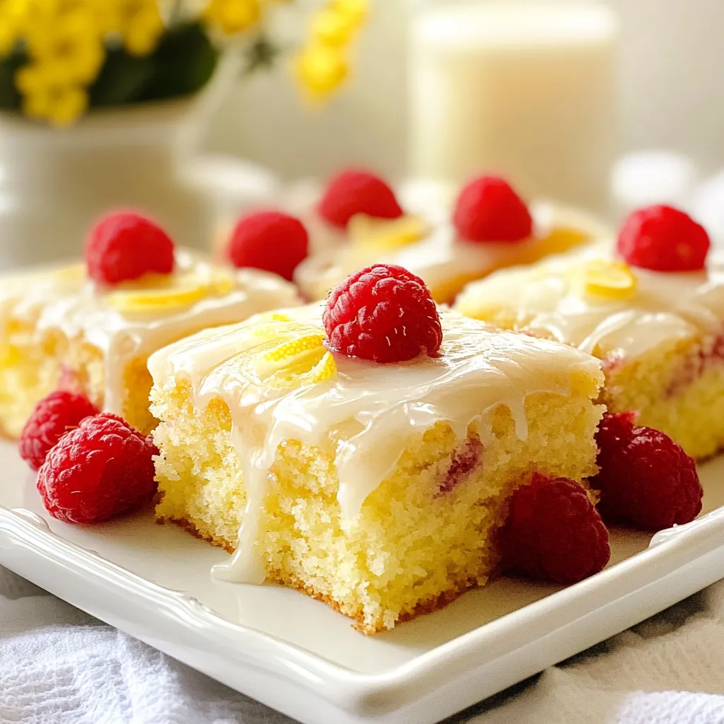The right ingredients make this Lemon Raspberry Sheet Cake shine. Here’s what you need: - 2 cups all-purpose flour - 1 ½ cups granulated sugar - 1 tablespoon baking powder - ½ teaspoon salt - 1 cup unsalted butter, softened to room temperature - 4 large eggs - 1 cup whole milk - Zest from 2 lemons - ¼ cup freshly squeezed lemon juice - 1 cup fresh raspberries, with extra for garnish - 1 teaspoon vanilla extract - 1 cup powdered sugar (for frosting) - 2 tablespoons lemon juice (for frosting) Each of these ingredients plays a key role in making the cake moist and flavorful. The flour gives structure, while the sugar adds sweetness. Baking powder helps it rise, and salt balances the flavors. Using fresh raspberries adds a tart burst, making each bite special. The lemon zest and juice give that bright, refreshing flavor everyone loves. The butter and eggs work together to keep the cake tender and rich. You can choose to use organic ingredients for added flavor and quality. Fresh lemons and raspberries will elevate the cake even more. Remember, measuring accurately is key to success! {{ingredient_image_2}} 1. First, preheat your oven to 350°F (175°C). This step gets your oven ready for baking. 2. Next, take a 12x17 inch sheet cake pan. Grease it with butter. Then lightly dust it with flour. This keeps the cake from sticking. 3. In a large mixing bowl, add the dry ingredients. Combine 2 cups of flour, 1 ½ cups of sugar, 1 tablespoon of baking powder, and ½ teaspoon of salt. Use a whisk to mix them well. 1. In another bowl, beat 1 cup of softened butter with 4 large eggs. Use an electric mixer or a whisk until creamy. 2. Now, add in 1 cup of whole milk, 2 tablespoons of lemon juice, 1 teaspoon of vanilla extract, and the zest from 2 lemons. Mix until smooth. 3. Slowly add the dry mixture into the wet mixture. Stir gently until just combined. Be careful not to overmix, as it can make the cake dense. 1. Gently fold in 1 cup of fresh raspberries. Make sure they mix in well but do not break them apart too much. 2. Pour the batter into the greased pan. Spread it evenly with a spatula for even baking. 3. Bake in the oven for 25-30 minutes. To check if it's done, insert a toothpick into the center. It should come out clean when ready. To ensure even baking, always preheat your oven to 350°F (175°C) before starting. This helps the cake rise and cook properly. Use a light-colored pan to reflect heat and avoid burning the edges. Spread the batter evenly in the pan. Check the cake at 25 minutes. If the edges pull away from the pan, it’s almost ready. To test for doneness, insert a toothpick into the center of the cake. If it comes out clean, your cake is done. If there is batter on the toothpick, bake it for a few more minutes. Remember to check again. Applying the lemon glaze is easy. Wait until the cake cools completely to avoid melting. Drizzle the glaze from a spoon for a nice effect. Allow it to flow down the sides for a pretty look. If the glaze is too thick, add more lemon juice until it’s smooth. For garnishing, add fresh raspberries on top for color and flavor. A sprig of mint adds a nice touch too. Arrange the raspberries evenly for a beautiful finish. Adjusting sweetness can make a big difference. If you prefer a sweeter cake, add a bit more sugar to the batter. You can also add more lemon juice for a tangy taste. Pairing flavors is key to making this cake special. Consider serving it with whipped cream or a scoop of vanilla ice cream. The cream balances the tartness and adds richness. Pro Tips Use Room Temperature Ingredients: Make sure your butter, eggs, and milk are at room temperature before mixing. This helps create a smoother batter and results in a lighter cake. Fresh Raspberries: For the best flavor and texture, use fresh raspberries rather than frozen. If frozen are your only option, gently fold them in while still frozen to minimize breaking. Test for Doneness: Always use a toothpick to check the center of the cake for doneness. If it comes out clean or with a few crumbs, the cake is ready to be removed from the oven. Glaze Consistency: When preparing the lemon glaze, adjust the consistency by adding more lemon juice or powdered sugar until it’s pourable but thick enough to stay on the cake without running off too quickly. {{image_4}} You can switch up the fruit in this cake. Blueberries or strawberries work great too. They add a burst of color and flavor. If you want to use frozen raspberries, that’s fine! Just make sure to thaw and drain them first. This helps keep the batter from getting too wet. If you need a gluten-free option, use a gluten-free flour blend. This will keep the cake soft and tasty. For vegan alternatives, swap the eggs with flaxseed meal or applesauce. Use plant-based butter and milk too. This way, everyone can enjoy this treat! Pairing this cake with whipped cream is a must. It adds a creamy texture that complements the cake nicely. You could also get creative by adding herbs or spices. Try some fresh mint or a hint of cardamom for a unique twist. These flavors can elevate your cake to a new level! You can store your lemon raspberry sheet cake at room temperature. Just cover it with plastic wrap or foil. This keeps it fresh for about three days. If you live in a hot area, consider refrigerating it. This helps prevent spoilage. The cake stays moist, but the fridge can dry it out. So, always wrap it well. If you want to enjoy the cake later, freezing is a great option. First, let the cake cool completely. Then, wrap it tightly with plastic wrap. After that, place it in a freezer-safe bag or container. This prevents freezer burn. For best results, eat it within three months. To thaw, simply move it to the fridge overnight. If you're in a hurry, leave it on the counter for a few hours. Your lemon raspberry sheet cake stays fresh for about three days at room temperature. If refrigerated, it can last up to a week. However, the flavor is best when fresh. So, serve it soon after baking for the best taste. To keep your cake moist, use fresh ingredients. Make sure your butter is soft but not melted. Also, do not overmix the batter. Overmixing can lead to a dense texture. Adding whole milk and eggs at room temperature helps, too. They blend better and keep the cake light. Finally, bake until just done. Use a toothpick to check. It should come out clean, but not dry. Yes, you can use other citrus fruits for fun flavors. Try lime or orange for a twist. These fruits can replace lemon juice and zest. This change will give the cake a unique taste. Just remember to adjust the amount if the citrus is stronger or weaker than lemon. Experiment and find what you like best! You can make this cake ahead of time! Bake the cake the day before your event. Let it cool completely, then wrap it tightly. Store it at room temperature or in the fridge. If you want to frost it later, wait until the cake is cool. Frosting it in advance can make it soggy. Enjoy the fresh taste when you're ready to serve! To recap, we covered all the key ingredients and simple steps to bake a delicious cake. I shared helpful baking and decorating tips to enhance your creation. We also explored different variations to suit your taste and dietary needs. Lastly, I provided storage tips to keep your cake fresh. This recipe is not only fun to make but also full of flavor. I hope you feel inspired to try it yourself and enjoy every bite. Happy baking!