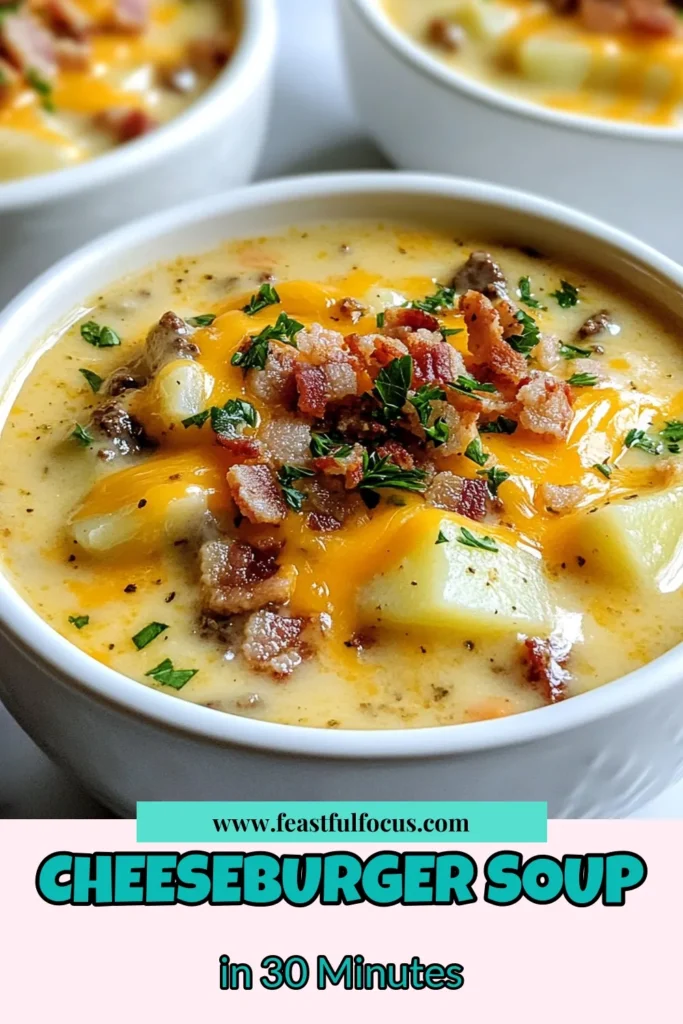 Warm up with this creamy cheeseburger soup recipe that’ll become a family favorite! This easy soup combines ground beef, potatoes, and a rich blend of cheddar cheese for ultimate comfort food goodness. Perfect for chilly nights, this ground beef soup is simple to make and packed with flavor. Discover how to whip up this delicious cheeseburger soup and enjoy a bowl of happiness! Save this recipe now and enjoy! #CheeseburgerSoup #ComfortFood #EasySoupRecipes #GroundBeefSoup