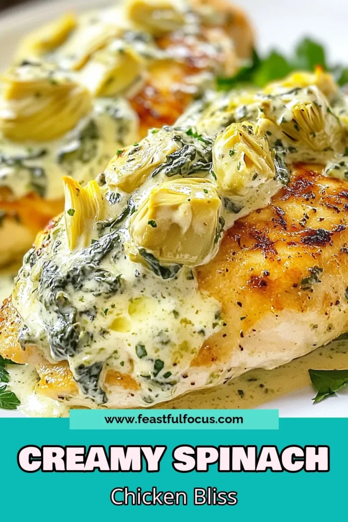 Indulge in this Creamy Spinach Artichoke Chicken, the ultimate easy spinach artichoke chicken recipe that transforms healthy chicken breast recipes into a flavorful dish. This baked chicken with spinach and artichokes is not only delicious but also simple to prepare. Perfect for busy weeknights, this creamy chicken dinner recipe will become a family favorite. Try it today for a comforting meal! #CreamySpinachArtichokeChicken #HealthyRecipes #ChickenDinner #EasyRecipes