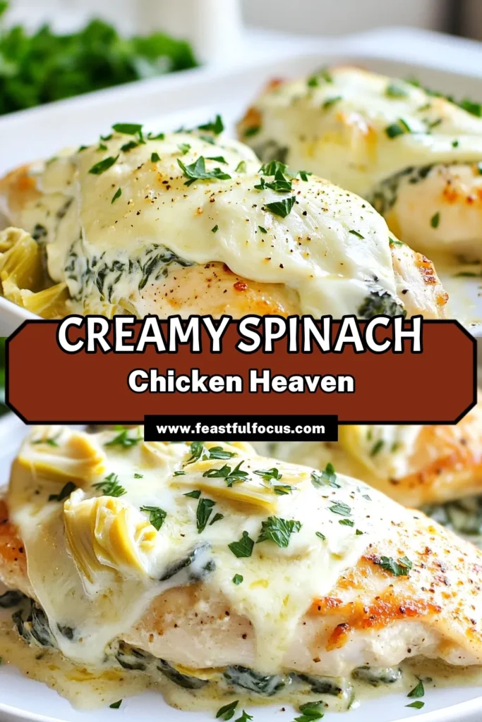 Discover the ultimate comfort food with this Creamy Spinach Artichoke Chicken recipe! Perfect for a cheesy chicken dinner, this easy chicken dinner recipe combines succulent baked chicken with a rich, creamy spinach artichoke dip topping. Ready in just 40 minutes, it’s a fantastic way to impress your family and friends. Dive into this mouthwatering dish today and treat yourself! Save this for your next dinner! #CreamySpinachArtichokeChicken #BakedChickenRecipes #CheesyChickenDinner #EasyChickenDinnerRecipe