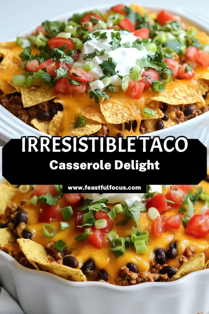 Savor the flavor with this easy taco casserole recipe that combines ground beef, beans, and cheese in a cheesy taco bake that everyone will love. Perfect for family gatherings, this layered taco casserole is a quick and satisfying meal. Ready in just 45 minutes, it’s sure to be a hit on your dinner table. Try it tonight and enjoy a delicious twist on traditional tacos! Save for later! #TacoCasseroleRecipe #EasyTacoCasserole #CheesyTacoBake #GroundBeefCasserole