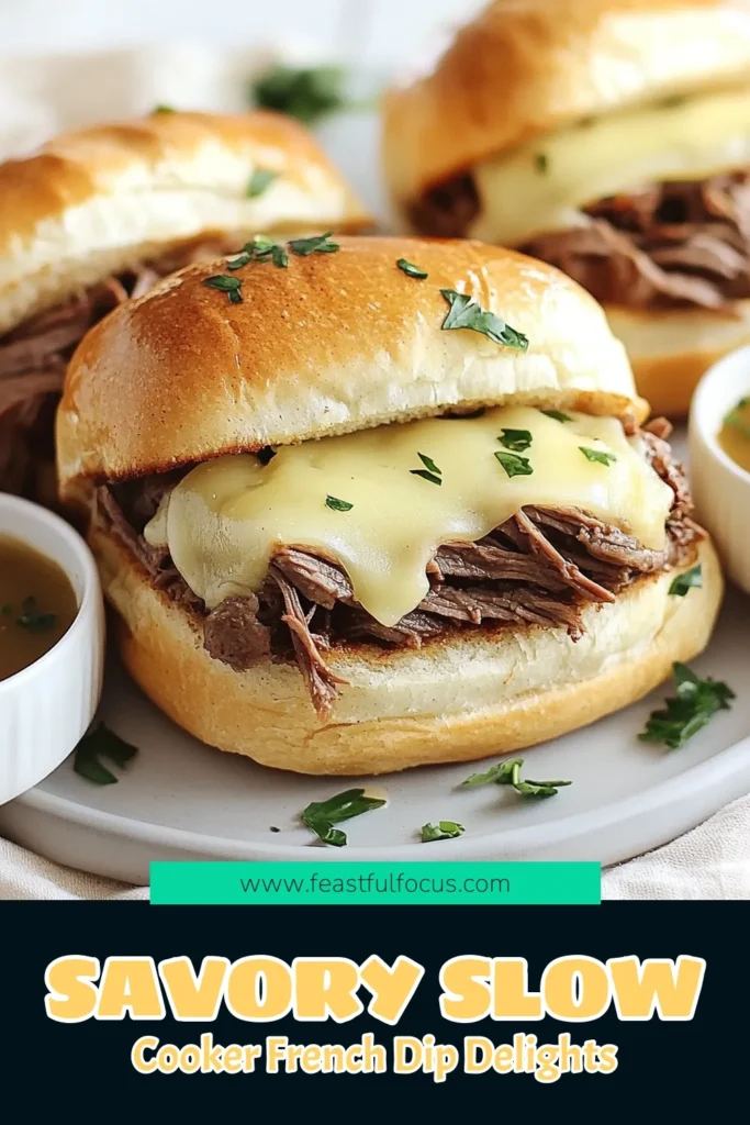 Elevate your mealtime with these easy slow cooker French dip sandwiches! This beef chuck roast recipe delivers savory flavors that will impress your family and friends. In just a few hours, enjoy homemade au jus dip paired with melted provolone on a toasted roll. Perfect for gatherings or a cozy dinner, this recipe is hassle-free and delicious. Try it today and savor the goodness! #SlowCookerFrenchDip #BeefChuckRoast #EasySlowCookerRecipes #HomemadeAuJus