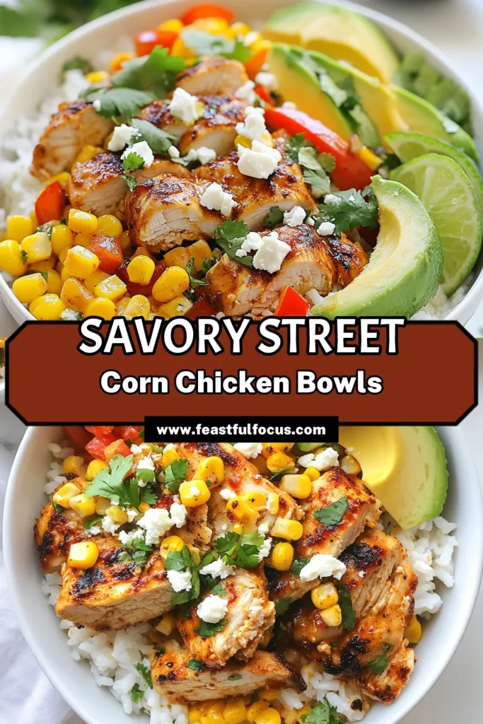 Discover the deliciousness of Street Corn Chicken Rice Bowls! This healthy chicken rice bowl recipe combines tender chicken, fresh corn, and vibrant veggies for a satisfying corn and chicken dinner. Topped with creamy feta cheese, these street corn chicken bowls are perfect for any night. Ready in just 30 minutes, it's a quick meal ideal for busy days. Save this recipe and enjoy a flavor-packed dinner tonight! #StreetCornChickenBowls #HealthyDinner #ChickenRiceBowlRecipe #FetaCheeseChickenBowl