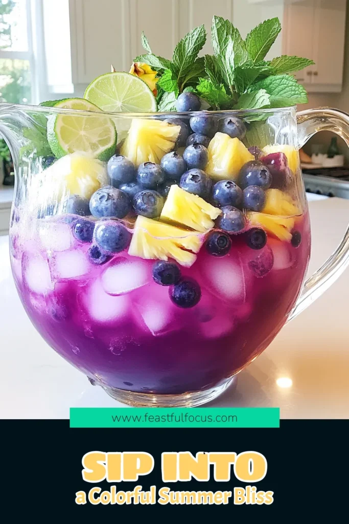 Quench your thirst with this refreshing Purple Paradise Punch! This vibrant drink combines grape, pineapple, and cranberry juices, bursting with fresh blueberries and mint for an extra kick. Perfect for parties or a sunny afternoon, it's quick to prepare and guaranteed to impress. Click through for the full recipe and tips on serving. Get ready to sip in style! #PurpleParadisePunch #HealthyDrinks #PartyRecipes #RefreshingDrinks