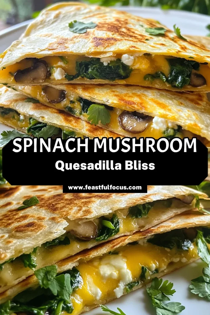Delight your taste buds with this easy spinach mushroom quesadilla recipe! Packed with nutritious spinach and hearty mushrooms, it's a delicious vegetarian option everyone will love. Melted mozzarella and tangy feta bring this healthy quesadilla filling to life. Perfect for quick meals or gatherings, it’s an ideal choice for your next vegetarian feast. Save this spinach mushroom quesadilla recipe for a burst of flavor! #VegetarianQuesadilla #HealthyQuesadilla #EasySpinachRecipes #MozzarellaAndFetaQuesadilla