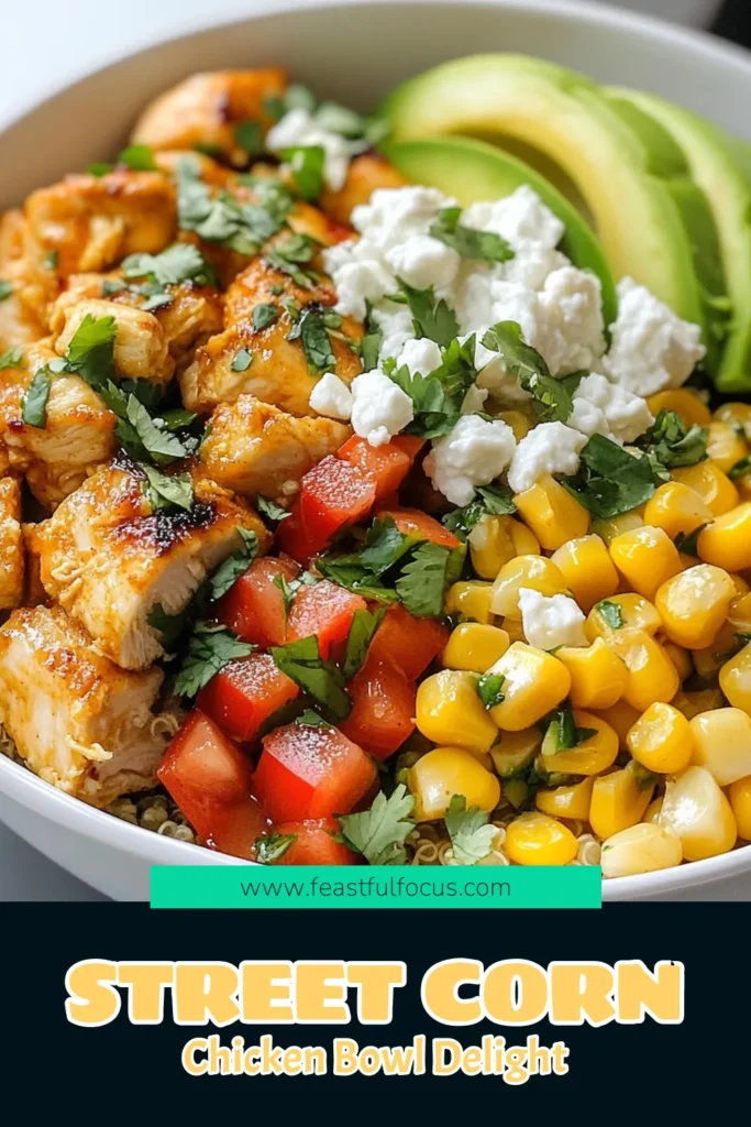 Discover the ultimate Flavor-Packed Street Corn Chicken Bowl, a delicious quinoa chicken recipe that brings summer flavors to your dinner table. This flavorful chicken bowl combines juicy chicken, charred corn, and fresh veggies, making it a perfect choice for healthy chicken dinner ideas. Elevate your meal with vibrant ingredients in just 30 minutes! Don't forget to save this recipe for your next summer gathering. #StreetCornChickenBowl #QuinoaChickenRecipe #HealthyDinner #SummerCornRecipes