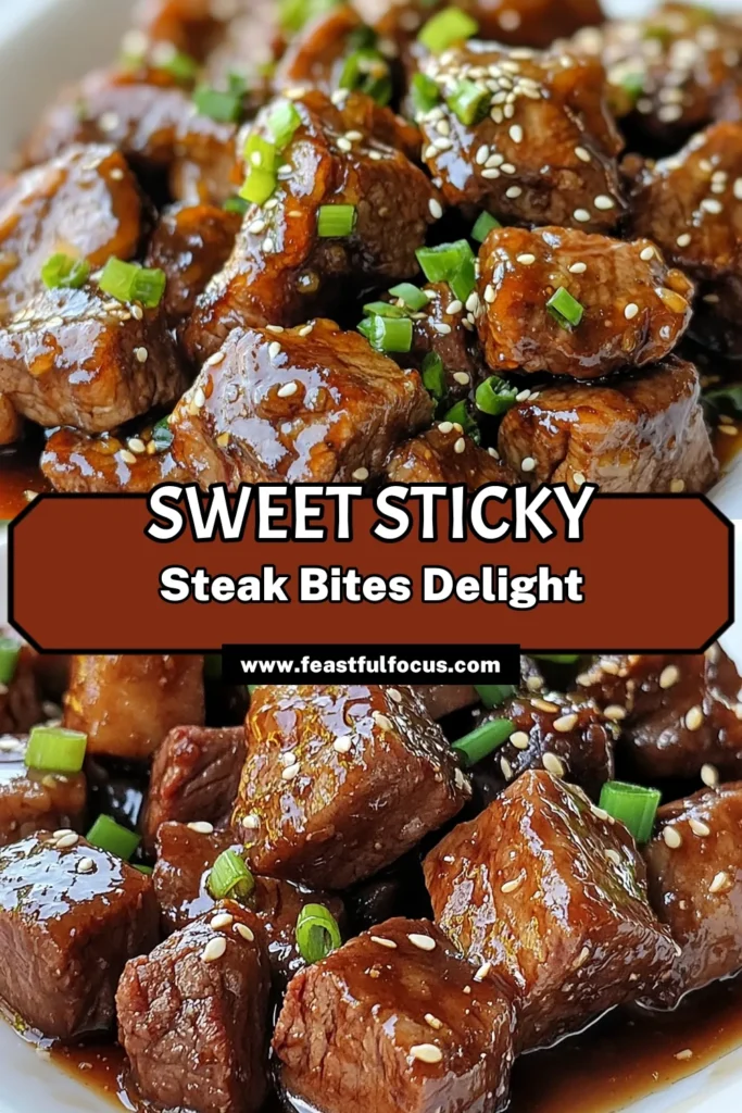 Indulge in these sweet steak bites perfect for any gathering! This sticky steak recipe features tender marinated steak bites drenched in a honey soy sauce steak glaze. A quick steak appetizer that's easy to make and utterly delicious, these bites are sure to impress your guests. Try this delightful dish today and elevate your appetizer game! Save for later and tag your foodie friends! #SweetSteakBites #StickySteakRecipe #QuickSteakAppetizer #MarinatedSteakBites