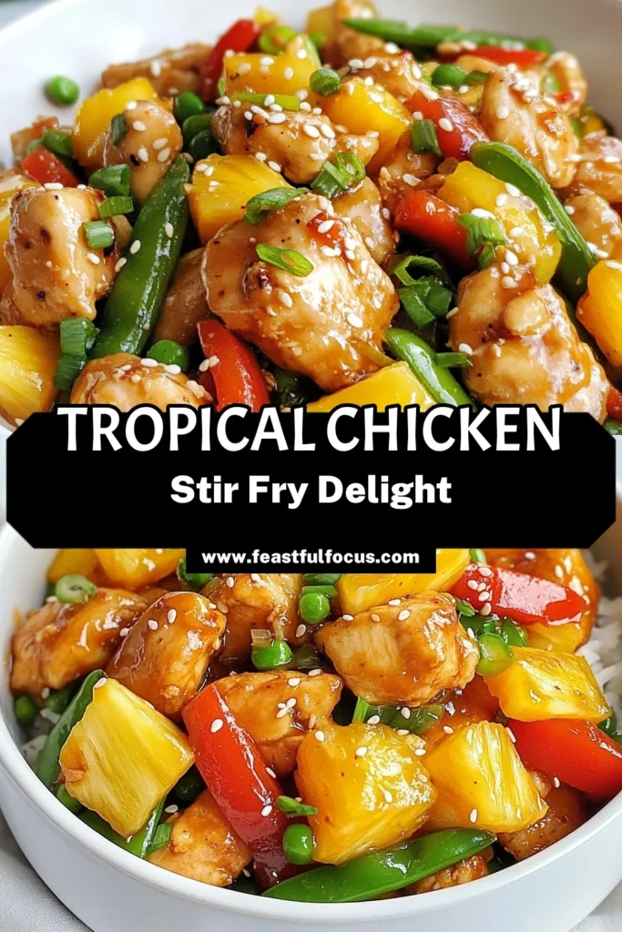 Looking for a quick weeknight meal? Try this Tropical Chicken Stir Fry! This easy pineapple chicken recipe combines juicy chicken, fresh pineapple, and colorful veggies for a delicious chicken and pineapple stir fry ready in just 30 minutes. Perfect for your family dinner, this flavorful dish will transport your taste buds to the tropics. Save this recipe for your next easy stir fry dinner! #ChickenStirFry #PineappleRecipe #QuickMeals #TropicalFlavors