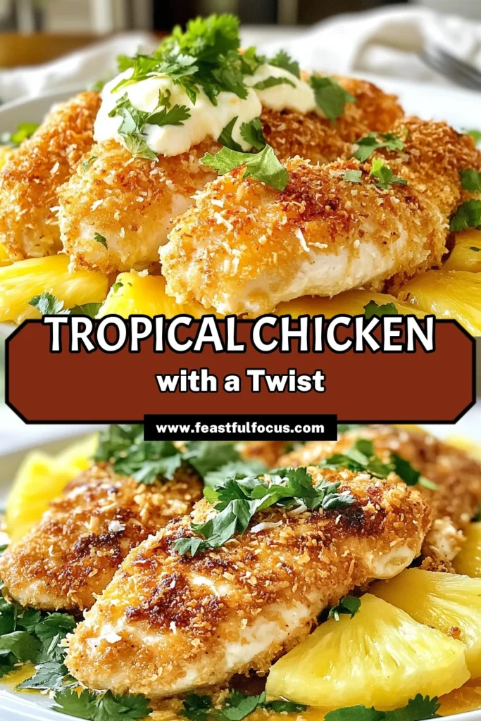 Looking for a delicious and easy chicken dinner recipe? Try this mouthwatering Malibu chicken recipe! This tropical chicken dish features tender baked chicken with pineapple, coated in a crunchy coconut panko chicken mix, and topped with melted mozzarella cheese. Perfect for a weeknight meal or a special occasion, your family will love this delightful and flavorful dish. Save this recipe now and bring a taste of paradise to your table! #MalibuChicken #TropicalFlavors #EasyDinner #CoconutPanko