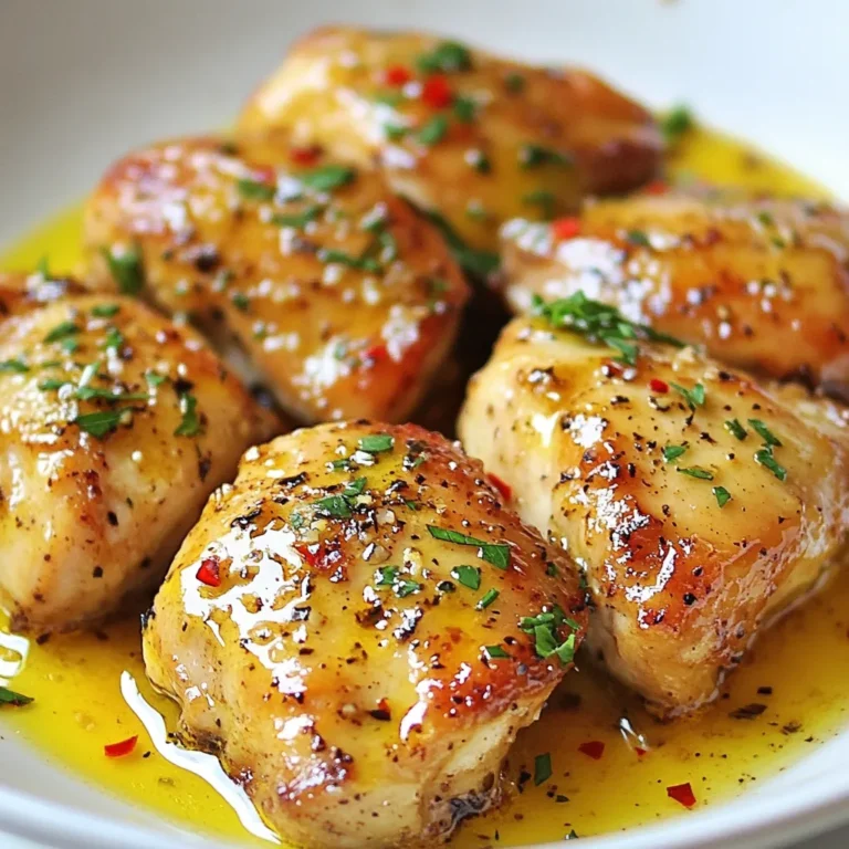 For this tasty dish, you need: - 4 boneless, skinless chicken breasts - 4 tablespoons high-quality olive oil - 6 cloves fresh garlic, finely minced - 1 cup low-sodium chicken broth - 1 tablespoon freshly squeezed lemon juice - Fresh parsley, finely chopped (for garnish) These main ingredients bring rich flavors and a lovely texture to your meal. The chicken breasts are the star here, providing a lean source of protein. Olive oil helps in cooking and adds richness. Fresh garlic infuses the dish with its unique aroma. Chicken broth keeps the chicken moist and flavorful, while lemon juice adds a bright touch. The seasonings will make your chicken pop with flavor. Use: - 1 teaspoon smoked paprika - 1 teaspoon dried oregano - Salt and pepper to taste - 1/2 teaspoon red pepper flakes (optional) Smoked paprika gives a warm, smoky taste. Dried oregano adds an aromatic twist. Salt and pepper elevate the flavors, while red pepper flakes offer a spicy kick for those who enjoy heat. You can customize your dish with these optional ingredients: - A splash of white wine for depth - Additional herbs like thyme or basil for freshness These ingredients can enhance your dish and make it uniquely yours. A splash of white wine can create a richer sauce, while fresh herbs can add a burst of color and flavor. Feel free to experiment and find what you love! {{ingredient_image_2}} Start by grabbing a large, heavy skillet. Pour in 2 tablespoons of olive oil. Heat it over medium-high heat until it shimmers. While it warms, season your chicken breasts. Sprinkle salt, pepper, smoked paprika, and oregano on both sides. This will add great taste. Once the oil is hot, add the chicken breasts carefully. Let them cook for 5-6 minutes without moving. This helps form a golden brown crust. After that, flip the chicken over gently. Add the remaining olive oil to the skillet. Now, toss in the minced garlic and red pepper flakes, if using. Sauté for about 1 minute. Stir often, but don’t let the garlic brown. It can turn bitter. Next, pour in the chicken broth and lemon juice. Cover the skillet and reduce the heat to medium-low. Let it simmer for 10-15 minutes. Ensure the chicken reaches 165°F (75°C). After cooking, uncover and let it simmer for another 2-3 minutes. This thickens the sauce and boosts the flavors. Finally, garnish with chopped parsley for a fresh touch. To get that lovely golden crust, start with a hot skillet. Heat 2 tablespoons of olive oil until it shimmers. Season the chicken well with salt, black pepper, smoked paprika, and oregano. Place the chicken in the skillet without moving it for 5-6 minutes. This helps the crust form. Once golden, flip the chicken gently. The crust will add great flavor! Garlic is key for flavor. When you add the minced garlic, do it after flipping the chicken. Stir it for about one minute. Watch closely! If garlic browns, it gets bitter. You want it fragrant and soft. This step enhances the dish without overpowering it. Cooking chicken to the right temperature is vital. Use a meat thermometer to check for doneness. The chicken must reach 165°F (75°C). This ensures it is safe to eat and juicy. After cooking, let it simmer for a few extra minutes. This helps thicken the sauce and locks in all the flavors. Pro Tips Use a Meat Thermometer: To ensure your chicken is cooked perfectly, use a meat thermometer to check that it has reached an internal temperature of 165°F (75°C). Marinate for Extra Flavor: For a deeper flavor, consider marinating the chicken in olive oil, garlic, and spices for at least 30 minutes before cooking. Don’t Rush the Browning: Allow the chicken to brown properly before flipping. This helps develop a rich flavor and a nice crust. Serve with a Side: Pair your chicken with a side of steamed vegetables or a light salad for a balanced meal that complements the flavors. {{image_4}} You can boost the health of your garlic skillet chicken by adding vegetables. Veggies like spinach, bell peppers, or zucchini work well. Just chop them into bite-sized pieces. Add them to the skillet after you flip the chicken. Sauté them for about 3-4 minutes. This gives the dish color and extra nutrients. Plus, they soak up the tasty garlic sauce. If you want to mix it up, try different proteins. You can use turkey cutlets or even firm tofu for a vegetarian option. Adjust the cooking time based on what you choose. Chicken is the classic option, but turkey or tofu can add new flavors. Do you like spice? You can easily make this dish hotter. Add more red pepper flakes to the garlic mix. If you want a bigger kick, consider jalapeños or hot sauce. Just be careful, as too much can overpower the garlic flavor. Start small and taste as you go. This way, you find the heat that suits your taste! To keep your garlic skillet chicken fresh, store it in an airtight container. Let it cool down before placing it in the fridge. This helps prevent moisture build-up. You can keep it for up to 3 days. Remember to separate the chicken from the sauce if you prefer. This can help the chicken stay tender. When you reheat garlic skillet chicken, do it gently. Use a skillet over low heat. Add a splash of chicken broth to keep it moist. Stir occasionally to heat evenly. You can also use the microwave. Place the chicken on a microwave-safe dish. Cover it with a damp paper towel to trap steam. Heat for 1-2 minutes, checking to avoid overcooking. Freezing garlic skillet chicken is easy! First, let it cool completely. Then, wrap it tightly in plastic wrap. Place it in a freezer bag. Remove as much air as possible. You can freeze it for up to 3 months. When ready to eat, thaw it overnight in the fridge. Reheat using the tips mentioned above for best results. Yes, you can use bone-in chicken. Bone-in pieces add rich flavor. Cooking time will be longer. You need about 25-30 minutes for bone-in chicken. Make sure it reaches 165°F (75°C) inside. Garlic Skillet Chicken pairs well with many sides. Here are some ideas: - Steamed vegetables like broccoli or green beans - A light salad with mixed greens - Garlic bread for extra flavor - Rice or quinoa to soak up the sauce These sides complement the chicken well and balance the meal. Cooking garlic chicken takes about 30 minutes total. This includes: - 5-6 minutes for browning the chicken - 10-15 minutes simmering in broth - An extra few minutes to thicken the sauce Always check the internal temperature to ensure it is safe to eat. Garlic Skillet Chicken is easy to make and full of flavor. We covered key ingredients, cooking steps, and helpful tips for perfect results. You can add vegetables or change proteins for variety. Remember to store leftovers correctly for the best taste. With these instructions, you'll enjoy a tasty meal every time. Experiment with spices or sides, and make it your own. Happy cooking!