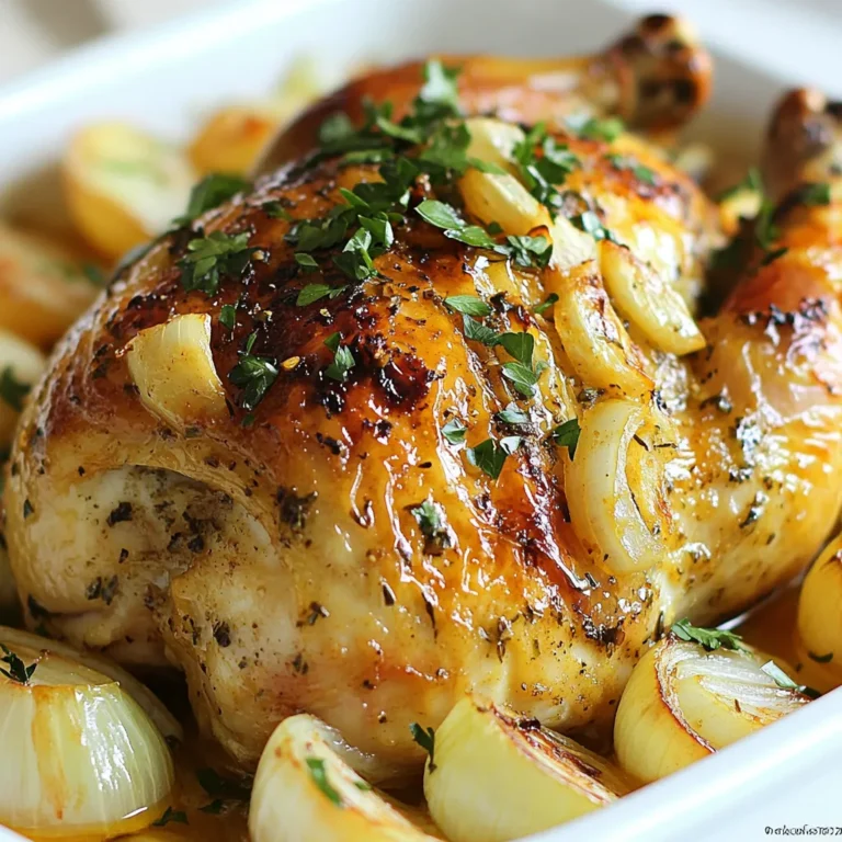 - 1 whole chicken (3-4 pounds) - 1 cup unsalted butter, softened to room temperature - 10 cloves of garlic, finely minced - 1 tablespoon fresh rosemary, finely chopped - 1 tablespoon fresh thyme, finely chopped - Zest and juice of 1 lemon - Salt and freshly ground black pepper, to taste - 1 teaspoon smoked paprika - Fresh parsley, chopped, for garnish - 1 onion, cut into quarters - 1 cup low-sodium chicken broth Using fresh ingredients is key to great flavor. Fresh garlic, herbs, and chicken bring out the best taste. They also improve the dish's aroma and texture. When you use fresh herbs like rosemary and thyme, the dish becomes vibrant. The lemon zest adds brightness, making each bite exciting. Fresh ingredients ensure your Roasted Garlic Butter Chicken is juicy and savory. If you can't find a specific ingredient, don't worry! You can swap some items easily. For example, if you don't have fresh rosemary, dried rosemary works too. Just use less since dried herbs are stronger. You can also use other herbs like sage or oregano for unique flavors. If you want a lighter option, you can use olive oil instead of butter. Chicken thighs can replace whole chicken if you prefer smaller pieces. These swaps can help you create a tasty dish with what you have on hand. {{ingredient_image_2}} First, set your oven to 425°F (220°C). Preheating is key. A hot oven helps the chicken cook evenly. It also gives the skin a nice, crispy finish. Next, grab a mixing bowl. Combine 1 cup of softened butter, 10 minced garlic cloves, and 1 tablespoon each of chopped rosemary and thyme. Add the zest and juice of 1 lemon, salt, pepper, and 1 teaspoon of smoked paprika. Mix well to create a rich garlic herb butter. This butter will add lots of flavor to the chicken. Now, take your whole chicken and pat it dry with paper towels. This step is important for crispy skin. Rub the garlic herb butter all over the chicken. Make sure to get under the skin for the best taste. Then, place quartered onion inside the chicken’s cavity. If there's leftover butter, spoon it in too. Place the chicken breast-side up in a roasting pan. Pour 1 cup of low-sodium chicken broth into the pan. This broth keeps the chicken moist and creates a tasty sauce. Put the pan in the oven. Roast the chicken for about 1 hour and 15 minutes. Use a meat thermometer to check that the internal temperature reaches 165°F (75°C). The skin should turn a beautiful golden brown. Every 20 minutes, open the oven and baste the chicken. Use the melted garlic butter from the pan. Basting adds flavor and keeps the chicken moist. This step makes a big difference! Once the chicken is done, carefully take it out of the oven. Let it rest for 10-15 minutes. This waiting time helps the juices spread throughout the meat, making it tender and juicy. After resting, carve the chicken and serve it with the pan juices. Enjoy your delicious roast! To get crispy skin, start with a dry chicken. Use paper towels to remove moisture. A dry bird will roast better. Next, rub the garlic herb butter under the skin. This adds flavor and helps with crispiness. Finally, roast at a high temperature. Set your oven to 425°F. This will give you a golden and crunchy skin. Basting is key for flavor and moisture. Open the oven every 20 minutes to baste. Use a spoon to drizzle the melted garlic butter over the chicken. This keeps the meat juicy and adds richness. Make sure to use the juices from the pan. They are packed with flavor and will enhance your dish. Don't waste any garlic herb butter! Use the extra to flavor vegetables or bread. Spread it on corn or toss it with potatoes. You can also mix it into pasta for a quick sauce. The garlic flavor will elevate any dish. It’s a great way to use what you have. Timing is very important for a perfect roast. Aim for about 1 hour and 15 minutes. Check the chicken with a meat thermometer. The internal temperature should reach 165°F. This ensures the chicken is safe to eat. Let it rest for 10-15 minutes after roasting. This helps the juices stay inside the meat, making it tender and juicy. Pro Tips Pat Dry for Crispiness: Make sure to thoroughly pat the chicken dry with paper towels before applying the garlic herb butter. This helps achieve that coveted crispy skin during roasting. Use a Meat Thermometer: To ensure perfectly cooked chicken, use a meat thermometer inserted into the thickest part of the thigh. The internal temperature should reach 165°F (75°C). Experiment with Herbs: Feel free to substitute or add other herbs like oregano or basil to the garlic herb butter for unique flavor profiles that suit your taste. Save the Pan Juices: After roasting, don’t discard the pan juices! They can be used as a delicious sauce or gravy to drizzle over the carved chicken for added flavor. {{image_4}} You can enhance your roasted garlic butter chicken by adding vegetables. Root veggies like carrots, potatoes, or turnips work great. Chop them into even pieces. Toss them with some olive oil, salt, and pepper. Arrange them around the chicken in the roasting pan. They will soak up the chicken juices and become tender and tasty. You can also add broccoli or Brussels sprouts for a colorful touch. Feel free to play with herbs in this recipe. You can swap rosemary and thyme for herbs like oregano or sage. Fresh herbs give great flavor, but dried herbs work too. Use about one-third of the amount if using dried herbs. Mixing in a bit of basil or parsley can add freshness. Experiment with your favorites to find the best taste for you. Both the oven and air fryer can cook this dish well. The oven gives a nice, even roast. It can handle larger chickens too. An air fryer cooks faster and gives a crispy skin. Set the air fryer to 375°F (190°C). Cook for about 50 minutes or until the chicken is done. Both methods yield juicy chicken, so choose the one that fits your time and tools. After enjoying your roasted garlic butter chicken, you might have some leftovers. First, let the chicken cool down to room temperature. Then, place it in an airtight container. You can keep the chicken in the fridge for up to three days. Make sure to store any leftover garlic herb butter separately. This butter adds great flavor when reheating. If you want to keep it longer, you can freeze it. When you’re ready to eat your leftover chicken, it’s best to reheat it gently. Preheat your oven to 350°F (175°C). Place the chicken in a baking dish and cover it with foil. This helps keep the moisture in. Heat it for about 20-30 minutes or until it’s warm all the way through. You can also use a microwave for quick reheating. Just cover it with a damp paper towel to avoid drying it out. Heat in short bursts of 1-2 minutes. If you want to save your roasted chicken for later, freezing is a great option. First, let the chicken cool completely. Cut the chicken into pieces for easier storage. Wrap each piece tightly in plastic wrap, then place them in a freezer bag. Be sure to remove as much air as possible. You can freeze the chicken for up to three months. When ready to eat, thaw it in the fridge overnight before reheating. Roast a whole chicken for about 1 hour and 15 minutes. This time works well for a 3-4 pound bird. Always check the chicken's internal temperature. It should reach 165°F (75°C) for safe eating. Yes, you can use chicken pieces. Adjust the cooking time based on the size of the pieces. Smaller pieces will cook faster, about 30-45 minutes, depending on thickness. You can serve many sides with this dish. Some great options are: - Roasted vegetables - Mashed potatoes - Rice pilaf - A fresh green salad These sides complement the chicken's rich flavors. To check if the chicken is fully cooked, use a meat thermometer. Insert it into the thickest part of the thigh, avoiding the bone. It should read 165°F (75°C). The juices should run clear, not pink. Yes, you can prepare the garlic herb butter ahead of time. Rub it on the chicken and store it in the fridge for up to 24 hours. Roast it just before serving for the best flavor and texture. This guide shows you how to roast a delicious garlic butter chicken. We covered key ingredients and their freshness, easy steps, tips for success, and fun variations. Don’t forget proper storage and reheating methods to enjoy leftovers. Cooking can be fun and simple. With practice, you’ll master roasting chicken and impress everyone. Enjoy every bite and the great flavors you create!