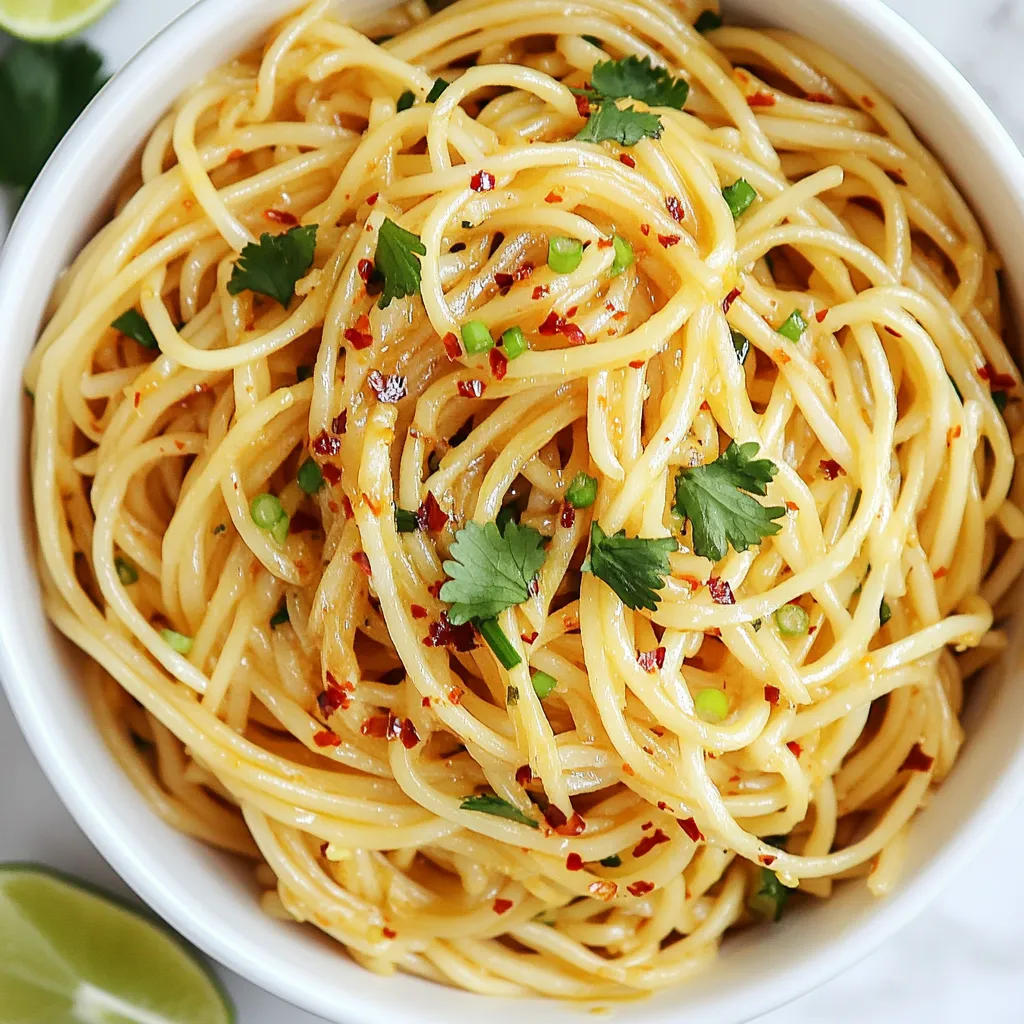 In Garlic Chili Oil Noodles, each ingredient plays an important role: - 200g noodles: You can use spaghetti, udon, or rice noodles. Cooking times vary: - Spaghetti: about 8-10 minutes - Udon: about 5-7 minutes - Rice noodles: about 4-6 minutes - 4 tablespoons extra virgin olive oil: This oil adds richness and helps cook the garlic. - 6 cloves garlic: Finely minced, garlic gives the dish its strong, savory flavor. - 2 teaspoons red chili flakes: Adjust the amount to control heat. They add a spicy kick. - 1 tablespoon soy sauce: This sauce gives the noodles umami flavor. - 1 tablespoon sesame oil: It adds a nutty taste and enhances the dish's aroma. - 2 spring onions: Thinly sliced, both white and green parts add freshness and crunch. - 1 tablespoon fresh cilantro: It gives a bright, herbal note to the dish. - Salt: Use to taste, enhancing all flavors. - Lime wedges: They add freshness and acidity when squeezed over the noodles. Soy sauce and sesame oil are key in this recipe. - Soy sauce: It brings saltiness and depth, balancing the heat from the chili flakes. - Sesame oil: This oil adds a rich, nutty flavor, rounding out the dish nicely. Chili flakes can vary in heat. You might choose fresh chilies for a different flavor or more heat. They can add color and freshness, enhancing the dish even further. Garnishes make your dish pop! - Herbs: Fresh cilantro and green onions not only add flavor but also color. - Lime wedges: These are a must. Squeezing lime over the noodles brightens the flavors and adds zest. This simple touch elevates your meal. {{ingredient_image_2}} To cook the noodles, start with a large pot of salted water. Bring the water to a rolling boil. Add your choice of noodles. Cook them according to the package instructions until they are al dente. Al dente means they should be firm to the bite, not mushy. Once the noodles are ready, carefully drain them in a colander. Be sure to save about ½ cup of the pasta water. This water will help adjust the sauce later. For the garlic chili oil, heat a large skillet over medium heat. Pour in the extra virgin olive oil. Once warm, add the finely minced garlic. Sauté the garlic gently for about 2 minutes. Watch closely to avoid burning it. Burnt garlic tastes bitter and ruins the dish. Next, stir in the red chili flakes. Let them cook for one more minute. This infuses the oil with rich flavors and heat. Now it’s time to combine the ingredients. Keep the heat at medium-high. Add the drained noodles directly into the skillet. Pour in the soy sauce and sesame oil. Toss the noodles well in the garlic chili oil. Make sure every noodle gets coated. If the mixture looks dry, add small splashes of the reserved pasta water. Stir until you reach your desired sauce consistency. Toss in the sliced white parts of the spring onions and the chopped cilantro. Mix well and taste. Adjust seasoning with salt as needed. To adjust the spice levels in your garlic chili oil noodles, start with less chili. You can always add more later. If you want a milder taste, use only one teaspoon of red chili flakes. For a kick, go up to three teaspoons. To enhance the garlic flavor without overcooking, sauté the minced garlic over medium heat. Cook it until it's fragrant and light golden, about two minutes. If it turns dark brown, it will taste bitter. You want to keep that fresh garlic flavor shining through. For a beautiful serving, use wide, shallow bowls. This way, the noodles spread out nicely. Add a sprinkle of extra red chili flakes on top for color and spice. You can also zest lime on the dish for a bright look and taste. Garnish with the green parts of the spring onions and more cilantro. This not only adds color but makes the dish smell great. A mix of green and white looks appealing against the noodles' color. If you want to serve more people, it's easy to scale this recipe. Just double or triple the ingredients. Keep the same cooking times for the noodles, but check them for doneness. For meal prep, cook a big batch and store it in the fridge. Heat it up in a pan with a splash of water to keep it moist. This makes it easy to enjoy your flavorful noodles later in the week. Pro Tips Use Fresh Ingredients: Always opt for fresh garlic and herbs for maximum flavor. Fresh ingredients elevate the dish significantly compared to dried alternatives. Adjust Spice Level: The amount of red chili flakes can be adjusted to fit your personal taste. Start with less if you're unsure, as you can always add more heat later. Reserve Pasta Water: This starchy water is a great tool for adjusting the sauce consistency. It helps the sauce cling better to the noodles and enhances the flavors. Experiment with Noodles: Don't hesitate to try different types of noodles, such as soba or egg noodles, to give your dish a new twist and texture. {{image_4}} You can easily adapt Garlic Chili Oil Noodles to fit different diets. For gluten-free options, use rice noodles or gluten-free spaghetti. These noodles cook well and still hold flavor. If you follow a vegan or vegetarian diet, skip the soy sauce with gluten. Use a gluten-free soy sauce or tamari instead. You can also enhance the dish with more vegetables, like carrots or bell peppers, for added texture and nutrients. If you want to change the taste, try different oils. Instead of olive oil, use avocado oil for a rich, buttery flavor. Peanut oil can add a nutty twist. Just remember, each oil will give a unique taste to your dish. To add protein, toss in cooked chicken, shrimp, or tofu. You can also add vegetables like broccoli or snap peas. This addition boosts flavor and makes the meal more filling. Many cultures have similar noodle dishes. For instance, in Italy, aglio e olio uses garlic and olive oil like this recipe. In China, you might find a spicy noodle dish with similar flavors. Noodle dishes often celebrate togetherness and comfort. They connect people through shared meals. Enjoying noodles with loved ones can make any day special. Each region’s twist on noodles reflects its unique culture and ingredients. To keep your garlic chili oil noodles fresh, store them in the fridge. Use an airtight container to prevent moisture loss. I recommend glass or BPA-free plastic containers. This helps retain the flavors and keeps the noodles safe to eat later. You can freeze garlic chili oil noodles if you have leftovers. First, let them cool down to room temperature. Then, place them in a freezer-safe bag or container. Remove as much air as possible before sealing. When you are ready to eat, thaw the noodles in the fridge overnight. To reheat, warm them in a skillet over low heat. Add a splash of water to help steam them back to life. Garlic chili oil noodles last about 3 to 4 days in the fridge when stored properly. Always check for signs of spoilage before eating. Look for any off smells, discoloration, or mold. If you see any of these signs, it’s best to throw them away. Keeping an eye on freshness helps you enjoy this tasty dish safely. You can use many types of noodles. Spaghetti, udon, or rice noodles work best. Spaghetti cooks in about 8-10 minutes. Udon usually takes around 10-12 minutes. Rice noodles need just 5-7 minutes. Just follow the package instructions for the best texture. To change the spice level, adjust the chili flakes. Start with less if you prefer milder heat. You can always add more if you want it spicier. A pinch of fresh chili can also boost the flavor. Find what works for you. Yes, you can prepare these noodles in advance. Cook and cool the noodles, then store them in an airtight container. Keep the garlic chili oil separate to maintain freshness. When ready to eat, reheat everything together in a skillet. These noodles go well with many side dishes. Try serving them with stir-fried veggies or grilled chicken. You can also pair them with tofu for a vegetarian option. A simple salad can balance the meal nicely. To make this dish gluten-free, choose gluten-free noodles like rice or quinoa noodles. Ensure your soy sauce is gluten-free too. There are many brands available. Check labels carefully to avoid gluten. Enjoy your meal without worries! In this post, we explored the essential ingredients and steps for Garlic Chili Oil Noodles. We delved into alternative noodles, the roles of seasonings, and garnishing tips. Cooking techniques helped ensure al dente noodles, while flavor enhancements made each bite exciting. Final thoughts: This dish is flexible, allowing for personal touches and dietary swaps. Whether you adjust spice levels or try regional variations, enjoy your cooking journey!