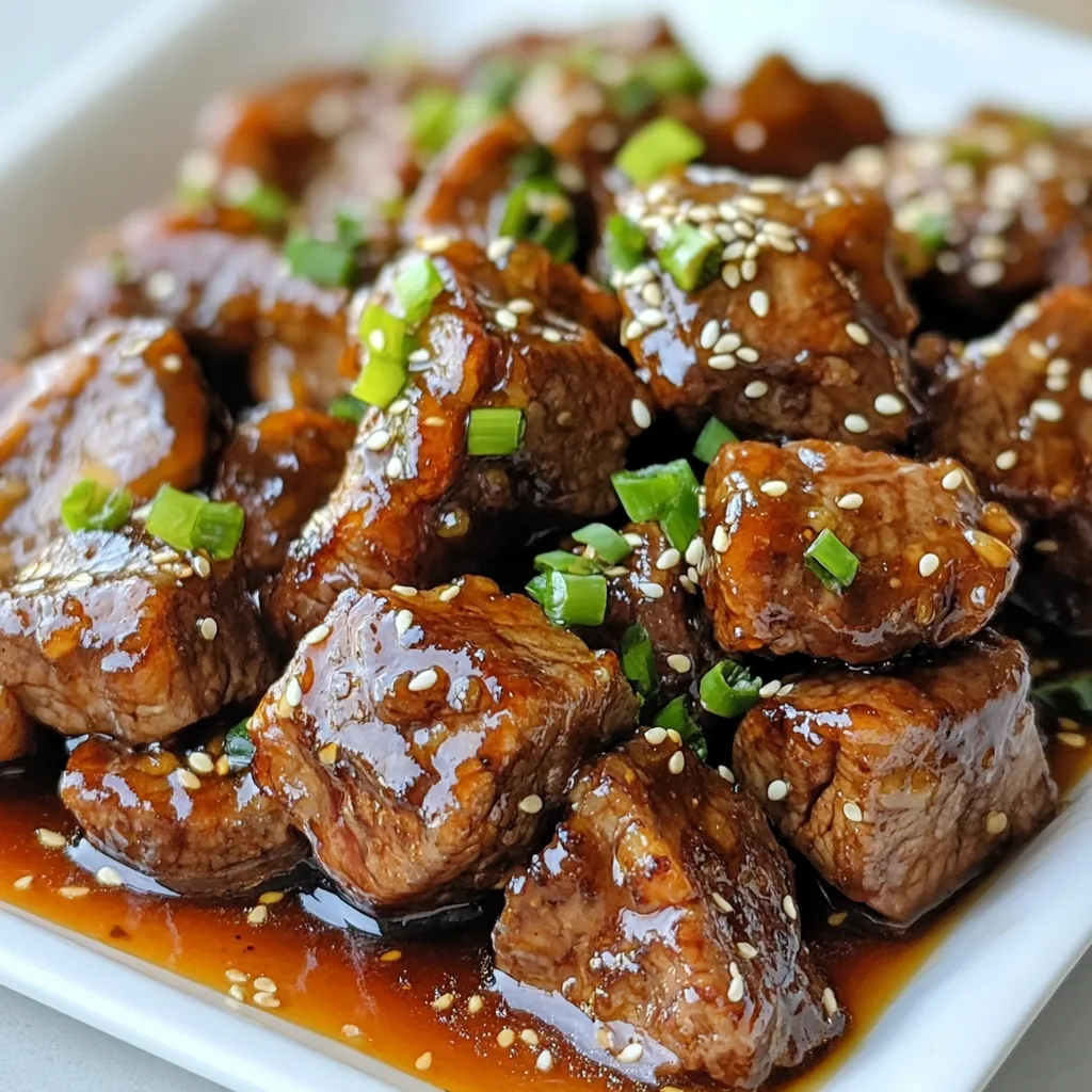 - 1 lb sirloin steak, cut into bite-sized cubes - 1/4 cup honey - 1/4 cup soy sauce - 2 tablespoons sesame oil - 3 cloves garlic, minced - 1 teaspoon freshly grated ginger - 1 tablespoon cornstarch - 2 tablespoons water - 1/4 teaspoon freshly ground black pepper These ingredients come together to create a sweet and sticky sauce that coats each steak bite. The sirloin steak provides a tender base, while honey adds sweetness. Soy sauce brings umami, and sesame oil gives a rich flavor. Garlic and ginger offer a nice zing. Finally, cornstarch thickens the sauce into a glossy coating. - 1 green onion, finely sliced - A sprinkle of sesame seeds Using green onions adds a fresh crunch. Sesame seeds give a nutty finish and a delightful visual touch. These garnishes enhance the dish, making it appealing and flavorful. - For a gluten-free option, use tamari instead of soy sauce. - You can replace honey with maple syrup or agave for a different sweetness. If you're looking for a lower-sugar option, these substitutes work well. Each choice can change the flavor slightly but still keep the dish tasty. Experiment and find what you love best! {{ingredient_image_2}} Preparing the marinade To start, take a medium bowl. Combine 1/4 cup honey, 1/4 cup soy sauce, and 2 tablespoons sesame oil. Add 3 cloves of minced garlic, 1 teaspoon of grated ginger, and 1/4 teaspoon of black pepper. Whisk it well until everything mixes smoothly. Tossing steak in marinade Next, add 1 pound of sirloin steak cubes to the bowl. Gently toss the steak in the marinade until every piece gets a nice coat. Cover the bowl with plastic wrap. Duration and tips for marinating Let it sit in the fridge for at least 30 minutes. You can marinate it for up to 2 hours to deepen the flavor. This soak is key for making your steak bites tender and tasty. Heating the skillet Heat a large skillet or wok over medium-high heat. Make sure it's hot before adding the steak. This step helps to sear the meat nicely. Cooking time and techniques After marinating, take the steak from the marinade but keep the marinade for later. Place the steak in the hot skillet. Cook them for 3-4 minutes. Stir frequently to ensure they brown evenly and reach your preferred doneness. Use of marinade Once the steak is cooked, pour the reserved marinade over the bites. Let it come to a gentle simmer to enhance the flavors. Preparing the cornstarch slurry In a small bowl, mix 1 tablespoon of cornstarch with 2 tablespoons of water. Stir until it is smooth. This mixture will help thicken your sauce. Combining sauce and steak bites Gradually add the cornstarch slurry to the skillet. Stir it in while cooking for 1-2 minutes. This process will thicken the sauce and give it a glossy, sticky texture. Watching for desired texture Keep an eye on the sauce as it thickens. You want it to cling to the steak bites well. When it reaches the right consistency, remove the skillet from heat. Enjoy your sweet and sticky steak bites! - Achieving the right doneness: I like my steak medium-rare, which means an internal temp of 130°F. Use a meat thermometer for best results. Cook longer for medium or well-done steak. - Tips for even cooking: Cut your steak into uniform cubes to ensure even cooking. This will help all pieces cook at the same rate. - Adding spice with chili flakes: If you like heat, add chili flakes to the marinade. This gives your steak a nice kick. Start with a small amount and adjust to taste. - Alternative marinades: Try using teriyaki sauce or a mix of balsamic vinegar and honey for a different flavor. Each option gives a unique twist to the steak bites. - Plating ideas: Serve the steak bites on a stylish platter. Use toothpicks for easy eating. This makes it fun for guests. - Suggested accompaniments: Pair with a fresh salad or steamed veggies. They balance the sweet flavors of the steak bites and add color to your plate. Pro Tips Marination Time: Allow the steak to marinate for at least 2 hours if possible; this enhances the flavor and tenderness of the meat. High Heat for Searing: Make sure your skillet or wok is properly preheated to achieve a nice sear on the steak bites, locking in the juices. Thickening the Sauce: Stir the cornstarch slurry continuously as you add it to the marinade to prevent lumps and ensure a smooth, glossy sauce. Serving Suggestion: For an impressive presentation, serve the steak bites on a platter with toothpicks and a side of the reserved dipping sauce. {{image_4}} If you want to switch things up, try different meats. You can use flank steak or ribeye for a more tender bite. If you're looking for a lighter option, chicken works great. Cut the chicken into pieces like the steak. Tofu is also a fantastic choice for a vegetarian version. Just press the tofu to remove water and cut it into cubes. Marinade the tofu just like the steak for the best flavor. You can easily change the flavor of your steak bites. For a sweet and spicy kick, add some chili flakes or hot sauce to the marinade. This will bring heat and depth. If you prefer herbs, try adding fresh rosemary or thyme. These herbs will add a savory touch. You could even mix in citrus juice for a bright flavor. Sweet and sticky steak bites make great appetizers. Serve them on a platter with toothpicks for easy eating. You can also serve them as a main dish. Just add rice or a fresh salad on the side. This will balance the rich flavors. You can drizzle extra sauce over the top for a nice touch. To keep your sweet and sticky steak bites fresh, store them in the fridge. Place them in an airtight container. They will stay good for up to three days. If you want to keep them longer, consider freezing. Use a freezer-safe bag or container. They can last for up to three months in the freezer. When reheating, aim to maintain the sticky texture. The best method is to use the stove. Heat a skillet on low heat. Add a bit of oil to prevent sticking. Place the steak bites in the pan. Stir gently until warmed through. Avoid using high heat; this can dry them out. For microwave reheating, use a covered dish. Heat in short bursts and check often. Stored leftovers last about three days in the fridge. After this period, the risk of spoilage increases. Signs of spoilage include an off smell and discoloration. If the steak looks slimy or has changed color, it’s best to throw it away. Always trust your senses; if it seems off, do not eat it. For sweet and sticky steak bites, I recommend using sirloin steak. Sirloin is tender and flavorful. You can also try flank or tenderloin for a different taste. Both cuts provide a nice texture. They work well with the sweet marinade. Yes, you can make this recipe gluten-free. Simply substitute soy sauce with tamari. Tamari is made without wheat. It gives a similar taste. You can also use coconut aminos as another option. Both will keep your dish tasty and gluten-free. To reduce sweetness, cut back on honey. You can use half the amount. Another option is to add more soy sauce. This will balance the flavors. You can also use a sugar substitute like stevia or monk fruit. These replacements can help maintain sweetness without the sugar. Sweet and sticky steak bites go well with many sides. Here are some ideas: - Steamed rice or jasmine rice - Roasted vegetables like broccoli or carrots - A fresh salad with a light dressing - Garlic bread for a tasty contrast - Noodles tossed in sesame oil and veggies These sides will enhance your meal and complement the steak bites perfectly. In this blog post, I shared how to create delicious sweet and sticky steak bites. You learned about key ingredients like sirloin steak, honey, and soy sauce. I also provided tips for marinating, cooking, and thickening your sauce for the best texture. Don't forget to explore ingredient substitutes and variations, plus how to store and reheat leftovers. With these easy steps, you can impress your guests or enjoy a tasty meal at home. Now, it's your turn to try this recipe and make it your own!