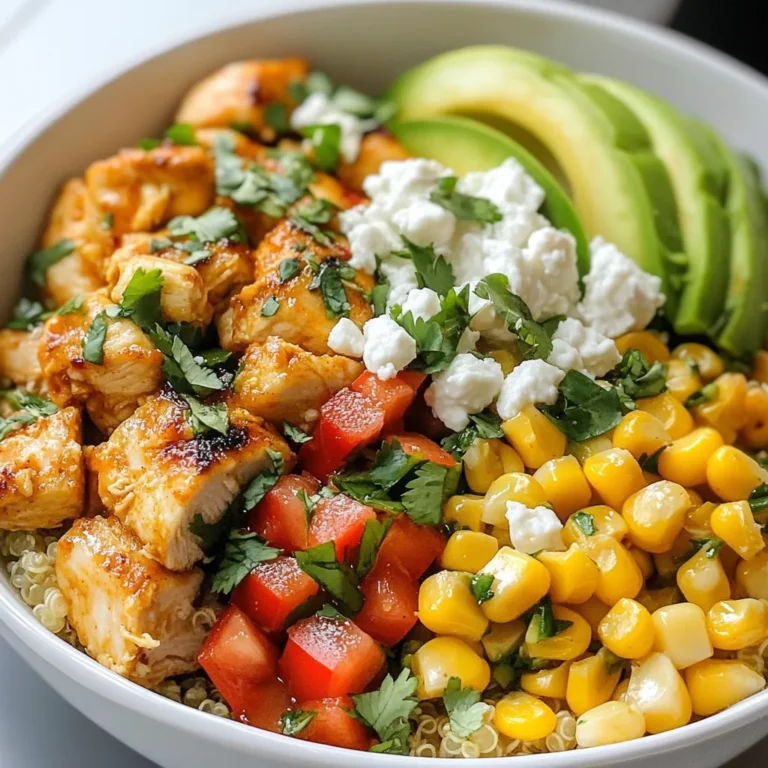 - 2 cups cooked quinoa - 1 pound boneless, skinless chicken thighs, diced - 2 cups corn kernels - 1 medium red bell pepper, diced - 1/4 cup red onion, finely chopped - 1 ripe avocado, diced - 1 teaspoon chili powder - 1/2 teaspoon ground cumin - Juice of 1 lime - Optional: Tangy yogurt sauce (1/2 cup yogurt, juice of 1 lime, 1/4 teaspoon garlic powder, pinch of salt) The Flavor-Packed Street Corn Chicken Bowl is full of fresh and tasty ingredients. For the main part, I use quinoa, chicken thighs, and corn kernels. Quinoa is a great base. It adds protein and fiber. Chicken thighs bring a juicy texture and rich taste. Corn kernels add sweetness and crunch. Next, I add colorful veggies. Diced red bell pepper gives a nice pop of color and flavor. The red onion adds a slight bite that balances the dish. Lastly, diced avocado makes it creamy and smooth. For seasonings, I keep it simple yet bold. Chili powder brings warmth, while cumin adds depth. Fresh lime juice brightens everything. If you want, try the optional yogurt sauce for an extra tangy kick. These ingredients work together to create a satisfying bowl. Each bite is a burst of flavor. You will love how easy it is to put together! {{ingredient_image_2}} Sautéing chicken gives it a nice flavor. Start by heating olive oil in a large skillet over medium-high heat. Once the oil is hot, add diced chicken thighs. Sprinkle chili powder, cumin, salt, and pepper on the chicken. Cook for about 6-8 minutes. The chicken is ready when it reaches 165°F and is golden brown. After cooking, let the chicken rest for a moment. This keeps it juicy. Next, it's time for the veggies. In the same skillet, add corn kernels without cleaning it. Sauté the corn over medium heat for about 3-5 minutes. Stir occasionally to get a nice char. When the corn starts to brown, add diced red bell pepper and chopped red onion. Cook for 1-2 minutes. The bell pepper should be soft but still crunchy. Now, we build the bowl. Begin with cooked quinoa as the base. Spread it evenly at the bottom of a large serving bowl. Next, layer the sautéed chicken mixture on top of the quinoa. Then, add the charred corn, bell pepper, and onion mix. Scatter diced avocado over everything. Finish by sprinkling crumbled queso fresco on top. Squeeze fresh lime juice over the bowl for a tangy kick. Finally, add chopped cilantro for a bright touch. For a beautiful display, serve in shallow dishes. Add lime wedges and extra cilantro on the side for a colorful touch. Enjoy this tasty meal! Suggested Seasoning Adjustments For a richer taste, try adding smoked paprika or garlic powder. These spices bring extra depth. You can also adjust the chili powder for more heat or sweetness. Taste as you go to find your perfect mix. Choosing Fresh vs. Frozen Ingredients Fresh corn is sweet and juicy. If it’s out of season, frozen corn works well too. Choose frozen kernels that are bright and intact for the best flavor. Canned corn can be used but rinse it to reduce salt. Fresh veggies like bell peppers and onions add crunch. Skillet vs. Grill Cooking Methods Using a skillet gives you control over heat and timing. It’s easy to get that golden brown color on your chicken. Grilling adds a smoky flavor, so try both methods to see which you prefer. Timing for Perfect Texture Cook chicken until it reaches 165°F. This ensures it’s safe and juicy. For corn, sauté until it starts to char. This adds a nice flavor. Bell peppers should be soft but still crisp when done. Pairing Side Dishes This bowl is filling on its own, but you can serve it with a simple salad or tortilla chips. A fresh salsa or guacamole adds a nice touch. Creative Serving Ideas Serve in shallow bowls to show off the layers. Garnish with extra cilantro and lime wedges on the side. You can also use tortilla bowls for added crunch. Enjoy making it your own! Pro Tips Cook Quinoa Perfectly: To achieve fluffy quinoa, rinse it under cold water before cooking to remove bitterness and use a 2:1 water-to-quinoa ratio. Marinate for Flavor: For added depth, marinate the diced chicken in lime juice, chili powder, and cumin for at least 30 minutes before cooking. Customize Your Veggies: Feel free to swap out the bell pepper and onion for other favorites like zucchini or cherry tomatoes to suit your taste. Make It Ahead: This dish can be prepped in advance! Store each component separately and combine when ready to serve for optimal freshness. {{image_4}} Substituting Chicken with Other Meats You can swap chicken for other proteins. Try diced pork or shrimp for a change. Ground turkey or beef adds a nice twist too. Just adjust cooking times for each meat. Vegetarian/Vegan Options For a veggie option, use black beans or chickpeas. Tofu or tempeh works well too. Cook them with the same spices for great flavor. This makes the dish hearty and satisfying. Different Grains to Use Quinoa is great, but you can use brown rice or farro instead. Both give a nice texture. For a lighter option, try cauliflower rice. It’s low in carbs but still filling. Customizable Toppings and Additions Feel free to mix in other veggies. Cherry tomatoes, spinach, or jalapeños can add color and taste. You can also use different cheeses, like feta or cheddar. Go wild with your favorite toppings! How to Add Heat Want more spice? Add diced jalapeños or a pinch of cayenne pepper. You can also use hot sauce as a drizzle. Adjust to your taste for the perfect kick. Mild Variants of This Dish If you like it mild, skip the chili powder. Use sweet paprika instead for flavor without the heat. You can also increase lime juice for a fresh taste without spice. - Best Practices for Refrigeration: Place any leftovers in an airtight container. Make sure to cool the bowl to room temperature before sealing. Store it in the fridge for up to three days. This keeps the flavors fresh and safe to eat. - Freezing Instructions: If you want to save the bowl for longer, you can freeze it. Use freezer-safe bags or containers. Remove as much air as possible before sealing. The bowl can freeze well for up to three months. Just remember, the texture of some veggies may change after thawing. - Tips for Keeping Ingredients Fresh: When you reheat, do so slowly. This helps keep flavors intact. If possible, reheat only the portion you plan to eat. This way, the rest stays fresh longer. - Methods for Reheating the Bowl: You can use a microwave or a skillet. For the microwave, cover the bowl with a damp paper towel. Heat in short bursts, stirring in between. For a skillet, add a splash of water to the pan and cover it. Heat on low until warmed through. - Duration for Best Quality: For the best taste, eat leftovers within three days if refrigerated. If frozen, aim to consume within three months for best quality. - Signs of Spoilage: Look for off smells, changes in color, or a slimy texture. If you notice any of these signs, it's best to discard the leftovers. Always trust your senses when it comes to food safety. A Street Corn Chicken Bowl is a fun and tasty meal. It mixes chicken, corn, quinoa, and fresh toppings. This dish comes from the popular street food called elote, which features grilled corn on the cob. People love this bowl for its vibrant colors and bold flavors. The blend of spices adds a kick, while the creamy avocado and cheese balance it out. You get a complete meal in one bowl! You can make this recipe ahead of time. It is great for meal prep! Cook the quinoa and chicken, then store them separately. Keep the veggies in a sealed container in the fridge. You can mix everything together just before serving. This way, it stays fresh and tasty. Reheat the chicken and quinoa when you are ready to eat. You can serve several dishes with a Street Corn Chicken Bowl. Consider adding tortilla chips for crunch. A fresh green salad pairs well, too. You might also like grilled veggies or a zesty salsa on the side. For a fun twist, try some black beans or refried beans. These sides will enhance the meal and make it even more filling. This article covered how to make a Street Corn Chicken Bowl. We discussed the main ingredients like quinoa and chicken thighs, along with various vegetables. You learned the steps to cook chicken and veggies, plus how to layer your bowl for a nice look. I shared tips for flavor and cooking, along with storage advice. Try different proteins and spices to make this dish yours. Enjoy creating your unique version of this fun meal!