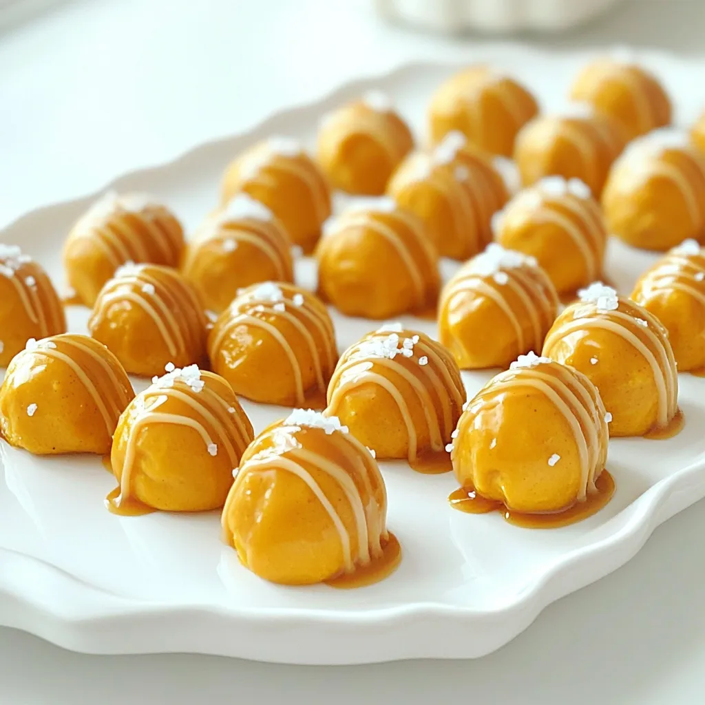 To create the No Bake Caramel Pretzel Pumpkin Bites, gather these simple ingredients: - 1 cup pumpkin puree - 1/2 cup cream cheese, softened to room temperature - 1/4 cup powdered sugar - 1 teaspoon pure vanilla extract - 1/2 teaspoon pumpkin pie spice - 1 cup mini pretzels, finely crushed - 1/2 cup caramel sauce (store-bought or homemade) - Flaky sea salt for garnishing Each ingredient has a role in this tasty treat. The pumpkin puree gives a rich flavor and creamy texture. Cream cheese adds a nice tang and keeps everything smooth. Powdered sugar sweetens the mixture without making it grainy. Vanilla extract enhances the overall taste. Pumpkin pie spice adds a warm, autumn flavor. Crushed mini pretzels provide crunch and saltiness. Caramel sauce adds sweetness and a sticky finish. Flaky sea salt tops it off, balancing all the flavors. With these ingredients, you can make a fun and delicious treat that is perfect for any fall gathering. To start, grab a medium mixing bowl. Add 1 cup of pumpkin puree, 1/2 cup of softened cream cheese, and 1/4 cup of powdered sugar. Pour in 1 teaspoon of pure vanilla extract and 1/2 teaspoon of pumpkin pie spice. Now, use an electric mixer to blend these ingredients. Beat them together for about 2-3 minutes. The mixture should become smooth and creamy. This is the base for our bites. Next, take 1 cup of finely crushed mini pretzels. Carefully fold these pretzels into your pumpkin mixture. Use a rubber spatula for this step. Make sure the pretzels are evenly spread throughout the creamy mix. This will give your bites a nice crunch. Now it's time to shape the bites. Use a tablespoon to scoop out portions of the mixture. Roll each scoop into a ball, about 1 inch wide. Place the rolled bites on a parchment-lined baking sheet. Leave space between them for easy handling. After rolling all the bites, grab your 1/2 cup of caramel sauce. Drizzle it over each bite. For a fun look, you can use a squeeze bottle or a spoon to create designs. Finally, sprinkle some flaky sea salt on top of each bite. This adds a nice touch of flavor. Once done, put the baking sheet in the fridge. Let the bites firm up for at least 30 minutes. Enjoy your tasty creation! To make these bites smooth and creamy, blend the pumpkin puree and cream cheese well. You want a thick, airy mix. This step takes just 2-3 minutes with an electric mixer. If you want a sweeter bite, taste your mix. Add more powdered sugar if needed. Sweetness is key, and you should adjust it to match your taste. A great way to serve these bites is on a beautiful platter. Place them in neat rows for a tidy look. Drizzle extra caramel around the bites for a fun touch. You can also sprinkle flaky sea salt on top. For a seasonal feel, use mini pretzels or fall leaves as a garnish. These small touches make a big difference. You can prepare these bites ahead of time. Just keep them in the fridge until you are ready to serve. I recommend chilling them for at least 30 minutes. This helps them firm up and makes them easier to eat. If you want to make them even earlier, you can freeze them. Just remember to let them thaw before serving. {{image_4}} You can change the flavor of your No Bake Caramel Pretzel Pumpkin Bites. Using flavored cream cheese adds a fun twist. Try cinnamon cream cheese for a warm touch. You can also add spices. A dash of nutmeg or allspice can deepen the pumpkin flavor. If you want, a drop of maple extract adds a sweet note. Switching toppings can create new tastes. Instead of caramel, use melted chocolate. Dark chocolate brings a rich flavor. You can also use white chocolate for a sweeter taste. Different types of sea salt can enhance the bites. Try smoked salt for a unique twist or flavored salts like garlic or herb. If you need vegan options, use plant-based cream cheese. Many brands offer great vegan cream cheese that works well. For gluten-free choices, look for gluten-free pretzels. They taste just as good and fit in the recipe perfectly. Make sure to check the labels for any hidden gluten. To keep your No Bake Caramel Pretzel Pumpkin Bites fresh, store them in the refrigerator. They taste best chilled. Place the bites in an airtight container. This helps maintain their flavor and texture. You can stack them, but add parchment paper between layers to avoid sticking. You can freeze these bites for later enjoyment. To freeze, first place them on a baking sheet. Make sure they are not touching each other. Freeze them for about an hour until firm. Then, transfer the bites to a freezer-safe bag or container. Remove as much air as possible. They can last up to two months in the freezer. When you want to enjoy them, take the bites out and let them thaw in the fridge. This way, they will keep their creamy texture. Remember, do not refreeze once thawed. Yes, you can use fresh pumpkin. First, cook the pumpkin until soft. Then, mash it well and strain it to remove excess moisture. This makes it like puree. Just remember, it may take longer to prepare. These bites can stay fresh for about 3 to 5 days in the fridge. Store them in an airtight container. The bites taste best when chilled and firm. If you want to swap caramel sauce, try chocolate sauce or butterscotch sauce. You can also make a homemade version using brown sugar, butter, and cream. Just melt them together for a tasty alternative. Yes, you can make these bites without cream cheese. Use Greek yogurt or a dairy-free cream cheese instead. This will keep the bites creamy while changing the flavor a bit. These pumpkin bites are a treat you can’t miss. We explored ingredients like pumpkin puree and cream cheese, mixed them for the perfect texture, and combined them with pretzels. I shared tips for making them look great and ways to customize your bites. Store them right, and they'll stay fresh and delicious. I hope you feel inspired to try this easy recipe. Enjoy making and sharing these tasty bites with friends!
