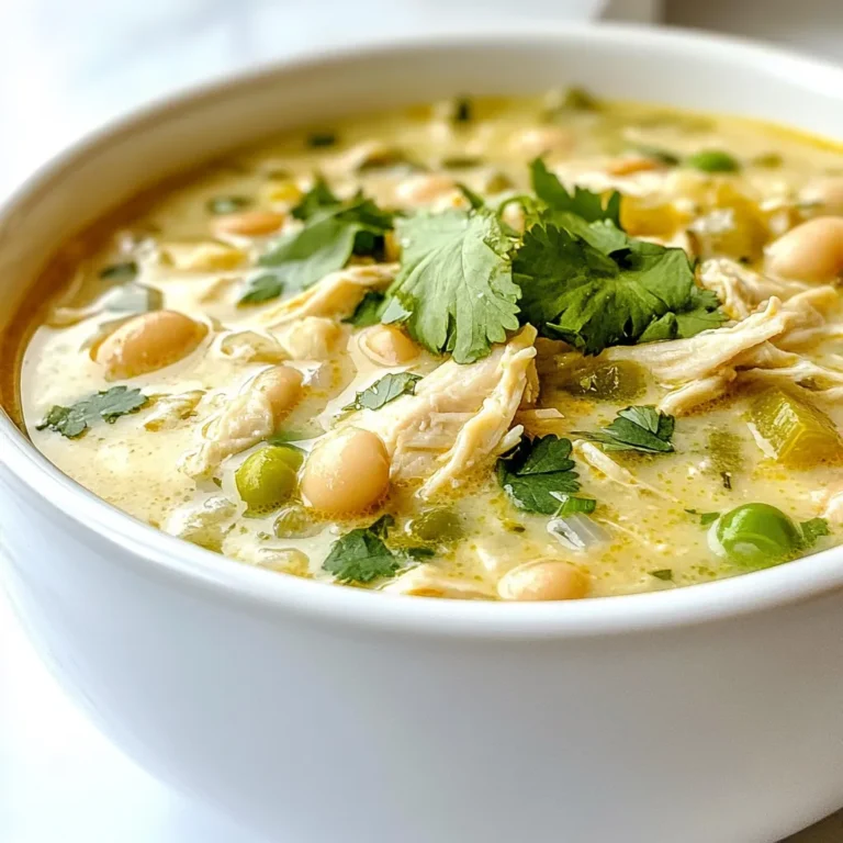 In my white chicken chili, I use simple and tasty items. Here’s what you need: - 2 cups cooked chicken, shredded - 1 can (15 oz) white beans, drained and rinsed - 1 medium onion, finely diced - 3 cloves garlic, minced - 2 cups low sodium chicken broth - 1 cup unsweetened coconut milk - 1-2 green chilies, diced - 1 teaspoon ground cumin - 1 teaspoon chili powder - 1/2 teaspoon smoked paprika - Sea salt and freshly ground black pepper, to taste - 1 tablespoon extra virgin olive oil - 1/4 cup fresh cilantro, chopped These ingredients work well together. The chicken gives it protein, while the beans add fiber. The coconut milk makes it creamy without extra carbs. To keep this chili low in carbs, I skip high-carb items like corn and flour. Instead, I use white beans. They add texture and flavor but keep the carbs low. You can also reduce the amount of beans for fewer carbs. If you have allergies, there are easy swaps. For coconut milk, try almond milk or cashew milk. If you can't have beans, you can use extra chicken or add zucchini. Always check for allergens in all ingredients. This way, you can enjoy the dish without worry! {{ingredient_image_2}} First, gather all your ingredients. You need two cups of cooked chicken, shredded. Use a can of white beans, like cannellini or great northern. Drain and rinse the beans well. Chop one medium onion and mince three cloves of garlic. You will also need two cups of low sodium chicken broth and one cup of unsweetened coconut milk. For spice, have one to two diced green chilies ready. Don’t forget the ground cumin, chili powder, and smoked paprika. Lastly, get some sea salt, black pepper, and a tablespoon of olive oil. Fresh cilantro will be for garnish. Start by warming the olive oil in a large pot over medium heat. Add the chopped onion and sauté for about three to four minutes. You want the onion to turn soft and translucent. Next, mix in the minced garlic and green chilies. Cook for one more minute. This step will fill your kitchen with a lovely aroma. Now, add the shredded chicken and rinsed white beans. Pour in the chicken broth and coconut milk. Stir in the ground cumin, chili powder, and smoked paprika. Make sure everything is well mixed. Increase the heat and bring the pot to a gentle boil. Once it boils, reduce the heat to a low simmer. Let the chili simmer for 15 to 20 minutes. This helps the flavors blend nicely. After simmering, taste your chili. Add sea salt and black pepper as needed. If you want a thicker chili, let it simmer uncovered for an extra five to ten minutes, stirring from time to time. Once you're happy with the thickness and taste, remove the pot from the heat. Serve the chili hot. Garnish each bowl with fresh cilantro for a pop of color. If your chili is too thin, keep it simmering without a lid. This lets more water evaporate, making it thicker. You can also mash some of the white beans with a fork. This will help thicken it up. For a creamier texture, add a bit more coconut milk. Just remember to taste as you go to keep the flavors balanced. To boost flavor, use fresh herbs. Cilantro adds brightness without carbs. You can also use lime juice. It adds a zing while keeping carbs low. Adding spices is key too. Ground cumin and smoked paprika give depth and warmth. You can mix in some garlic powder or onion powder for more taste. For a rich texture, coconut milk is great. It offers creaminess without high carbs. If you want it even creamier, blend a small amount of the chili. This thickens it while keeping all the flavors. You could also add a bit of cream cheese, but that adds some carbs. Serve your chili in deep bowls for a cozy feel. Top it with fresh cilantro for color. Sliced jalapeños or diced avocado add a nice touch too. A wedge of lime can brighten each bowl. It makes for a lovely presentation that invites everyone to dig in. Pro Tips Fresh Ingredients: Use fresh herbs and vegetables for the best flavor. Fresh cilantro and ripe avocados can make a significant difference in taste and presentation. Customize Heat Level: Adjust the amount of green chilies based on your heat preference. Start with one for a milder chili, and add more if you enjoy a spicier kick. Thickening the Chili: For a thicker texture, let the chili simmer uncovered for a few extra minutes, allowing some of the liquid to evaporate and concentrate the flavors. Make Ahead: This chili tastes even better the next day! Make it ahead of time and store it in the fridge. Just reheat and enjoy for an easy meal. {{image_4}} Each serving of white chicken chili has about 300 calories. This number can change based on the toppings you choose. The main ingredients bring healthy protein and fats. - 2 cups cooked chicken: 300 calories - 1 can white beans: 210 calories - 1 cup coconut milk: 445 calories When you divide this by four servings, you keep the chili light, yet filling. This chili is great for low-carb diets. Each serving contains around 20 grams of carbs. Most of these carbs come from the white beans. - White beans: 30 grams of carbs - Coconut milk: 6 grams of carbs Compared to regular chili, which can have up to 40 grams of carbs, this recipe is a smart choice. Low-carb meals, like this chili, offer many benefits. They can help with weight management. The high protein from chicken keeps you full longer. - White beans: Provide fiber and protein. They help with digestion. - Coconut milk: Gives a creamy texture with healthy fats. It adds flavor without many carbs. Using low-carb ingredients makes this chili a tasty and healthy option for any meal. You can adjust the heat of your white chicken chili easily. Start with mild green chilies. If you like more heat, add sliced jalapeños or use spicier green chilies. You can also mix in hot sauce. Just a few drops can change the flavor. Always taste as you go. This way, you can find your perfect spice level. To make this chili vegetarian or vegan, swap out the chicken. Use extra beans or add lentils. Replace chicken broth with vegetable broth. For creaminess, use coconut milk as in the original recipe. You can also add more veggies like zucchini or bell peppers. This keeps the dish hearty and full of flavor. Garnishes can make your chili more fun. Fresh cilantro adds a nice touch. Sliced jalapeños give heat and crunch. Diced avocado brings creaminess. A squeeze of lime adds brightness. You can also use shredded cheese for more flavor. Try different combinations to find what you love best. Yes, you can freeze White Chicken Chili. It stays fresh for up to three months. To freeze, let it cool first. Then, pour it into airtight containers or freezer bags. Make sure to leave some space for expansion. When ready to eat, thaw it in the fridge overnight. You can reheat it on the stove or in the microwave. If you prefer not to use coconut milk, try using heavy cream or sour cream. These options add creaminess but change the flavor. You can also use almond milk or cashew milk for a dairy-free choice. Just remember, these substitutes may alter the taste a bit. To make White Chicken Chili more filling, add more beans or vegetables. You can also mix in corn for sweetness and texture. Another option is to serve it with low-carb tortillas or over a bed of cauliflower rice. These additions will make each bowl hearty and satisfying. This blog detailed how to make a delicious low-carb White Chicken Chili. We covered essential ingredients, simple cooking steps, and ways to enhance flavor. You learned about substitutes for allergies and tips to adjust consistency. Experimenting with variations lets you tailor the dish to your taste. Low-carb meals can be tasty and satisfying. With the right tweaks, you’ll enjoy a hearty bowl. Dive in and enjoy your cooking adventure!