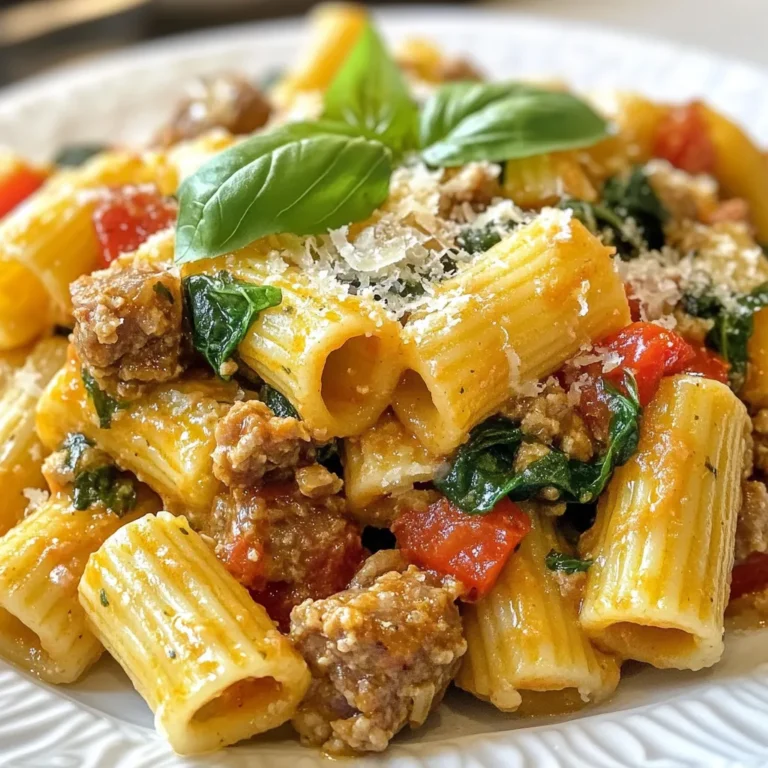To make a tasty sausage rigatoni, gather these main ingredients: - 12 oz rigatoni pasta - 1 lb Italian sausage (mild or spicy) - 1 medium onion, diced - 3 cloves garlic, minced - 1 can (14 oz) diced tomatoes, with juices - 1 cup heavy cream - 1 cup fresh spinach, roughly chopped - 1 teaspoon Italian seasoning - 1/2 teaspoon red pepper flakes (optional) - 1/2 cup grated Parmesan cheese - Salt and pepper, to taste - Fresh basil leaves, for garnish - 2 tablespoons olive oil These ingredients create a rich, creamy dish that warms the heart and the belly. You can add more flavor with these optional ingredients: - Extra garlic for a bolder taste - Fresh herbs like parsley or oregano - A splash of white wine for depth - Crushed red pepper for added heat These extras can take your dish from good to great, depending on your taste. Here are the essential tools you will need: - Large pot for boiling pasta - Large skillet for cooking sausage and sauce - Colander for draining pasta - Wooden spoon or spatula for stirring Having the right tools makes everything easier. Enjoy your cooking! {{ingredient_image_2}} Start by boiling water in a big pot. Add salt to the water. Once it boils, add 12 oz of rigatoni pasta. Cook the pasta until it is al dente. This usually takes about 10-12 minutes. Drain the pasta, but remember to keep 1/2 cup of the starchy water. Set the rigatoni aside while you prepare the sauce. Get a large skillet and heat 2 tablespoons of olive oil over medium heat. Take 1 lb of Italian sausage out of its casing. Crumble the sausage into the skillet. Cook it for about 5-7 minutes. Stir it often until the sausage is brown and fully cooked. This gives the dish its rich flavor. Once the sausage is browned, add 1 medium diced onion to the skillet. Cook for 3-4 minutes until the onion is soft. Next, add 3 minced garlic cloves and cook for another minute. This will make your kitchen smell amazing! Pour in 1 can of diced tomatoes with their juices and 1 cup of heavy cream. Add 1 teaspoon of Italian seasoning and, if you like heat, 1/2 teaspoon of red pepper flakes. Stir everything together and let it simmer for about 5 minutes. This helps the flavors combine. After that, fold in 1 cup of roughly chopped spinach until it wilts. Finally, mix in the drained rigatoni. If the sauce is too thick, add some reserved pasta water to loosen it. Stir in 1/2 cup of grated Parmesan cheese and season with salt and pepper. Let it warm for a couple of minutes and then serve. Enjoy your meal! To make great rigatoni, start with a big pot of salted water. Bring it to a rolling boil. Add the pasta and cook it until it's al dente. This means it should be firm to the bite but not hard. Check the package for exact cooking times. Reserve some pasta water before draining. This water is starchy and helps the sauce stick. For the best flavor, choose good-quality Italian sausage. You can pick between mild or spicy. Mild sausage gives a rich taste without heat. Spicy sausage adds a nice kick. I often mix both for a balanced flavor. Remove the casings and crumble the sausage into the pan. This helps it cook evenly and brown well. Seasonings make your rigatoni pop. Use Italian seasoning for that classic taste. Red pepper flakes can add heat if you like spice. Don't forget salt and pepper to bring out the flavors. Taste your sauce as you go to get it just right. Fresh basil adds a bright touch when you serve the dish. It’s simple but makes a big difference! Pro Tips Choose Your Sausage Wisely: For a more robust flavor, opt for spicy Italian sausage. If you prefer a milder taste, go for the mild version. This choice will significantly impact the overall flavor profile of your dish. Don't Skip the Starchy Water: The reserved pasta water contains starch that helps to bind the sauce to the pasta. Add it gradually to achieve the desired consistency without making the dish watery. Fresh Herbs Make a Difference: Using fresh basil not only enhances the visual appeal but also adds a vibrant freshness to the dish. Always prefer fresh herbs over dried ones when possible. Garnish for Presentation: A sprinkle of extra Parmesan cheese and a drizzle of high-quality olive oil just before serving elevates the dish’s presentation and flavor, making it look restaurant-worthy. {{image_4}} To make a vegetarian version of sausage rigatoni, swap the meat for plant-based sausage. Look for brands that mimic Italian sausage. You can also use lentils or mushrooms for a hearty texture. Add extra veggies like bell peppers or zucchini. This keeps the dish vibrant while adding more nutrients. For a gluten-free dish, choose gluten-free rigatoni. Many brands offer pasta made from rice or corn. The cooking method stays the same. Just watch the cooking time, as gluten-free pasta can cook faster. Check labels to ensure all other ingredients are gluten-free. To adjust the heat, choose mild or spicy sausage. If you like it hot, add more red pepper flakes. For a milder taste, skip the red pepper flakes altogether. You can also add sweet bell peppers or other mild spices to balance the heat. Always taste as you go to find your perfect level of spice. Store any leftover sausage rigatoni in an airtight container. Let it cool to room temperature before sealing. This helps keep the flavors fresh. It will stay good for about 3 to 4 days in the fridge. To reheat, place the desired amount of rigatoni in a skillet. Add a splash of water or cream to keep it moist. Heat on low, stirring often. You can also use a microwave. Just cover it and heat in short bursts. Remember to stir in between to heat evenly. You can freeze sausage rigatoni for up to 3 months. To freeze, put it in a freezer-safe container or bag. Remove as much air as possible before sealing. When ready to eat, thaw it in the fridge overnight. Reheat it on the stove or in the microwave. Add a little liquid to bring back the creamy texture. You can use turkey sausage or chicken sausage. These options are leaner but still tasty. If you want a meat-free dish, use lentils or mushrooms. Both add great flavor and texture. Yes, you can! Penne, fusilli, or even spaghetti work well. Just remember to adjust the cooking time based on the pasta you choose. Each type will give a unique texture to the dish. Sausage Rigatoni lasts about 3 to 4 days in the fridge. Store it in an airtight container to keep it fresh. Just reheat it gently on the stove or in the microwave when you're ready to eat. A fresh side salad is a great choice. You can also serve garlic bread for a classic touch. Roasted vegetables or steamed broccoli add a healthy option. Any of these sides will complement your dish nicely. Sausage rigatoni is simple to make and packed with flavor. We covered the key ingredients, cooking steps, and tips for perfect pasta. You can even make variations to fit your taste, like vegetarian or gluten-free options. Remember to store leftovers well and follow easy reheating tips. Now, you can enjoy this dish any night! Try it out, and make it your own. Cooking can be fun and rewarding, so dive in and enjoy!