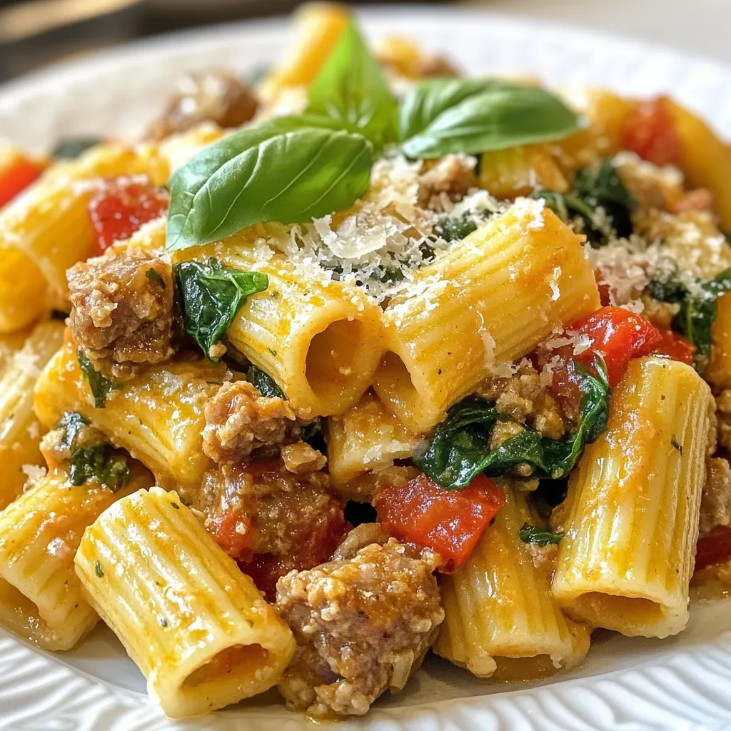 To make a tasty sausage rigatoni, gather these main ingredients: - 12 oz rigatoni pasta - 1 lb Italian sausage (mild or spicy) - 1 medium onion, diced - 3 cloves garlic, minced - 1 can (14 oz) diced tomatoes, with juices - 1 cup heavy cream - 1 cup fresh spinach, roughly chopped - 1 teaspoon Italian seasoning - 1/2 teaspoon red pepper flakes (optional) - 1/2 cup grated Parmesan cheese - Salt and pepper, to taste - Fresh basil leaves, for garnish - 2 tablespoons olive oil These ingredients create a rich, creamy dish that warms the heart and the belly. You can add more flavor with these optional ingredients: - Extra garlic for a bolder taste - Fresh herbs like parsley or oregano - A splash of white wine for depth - Crushed red pepper for added heat These extras can take your dish from good to great, depending on your taste. Here are the essential tools you will need: - Large pot for boiling pasta - Large skillet for cooking sausage and sauce - Colander for draining pasta - Wooden spoon or spatula for stirring Having the right tools makes everything easier. Enjoy your cooking! {{ingredient_image_2}} Start by boiling water in a big pot. Add salt to the water. Once it boils, add 12 oz of rigatoni pasta. Cook the pasta until it is al dente. This usually takes about 10-12 minutes. Drain the pasta, but remember to keep 1/2 cup of the starchy water. Set the rigatoni aside while you prepare the sauce. Get a large skillet and heat 2 tablespoons of olive oil over medium heat. Take 1 lb of Italian sausage out of its casing. Crumble the sausage into the skillet. Cook it for about 5-7 minutes. Stir it often until the sausage is brown and fully cooked. This gives the dish its rich flavor. Once the sausage is browned, add 1 medium diced onion to the skillet. Cook for 3-4 minutes until the onion is soft. Next, add 3 minced garlic cloves and cook for another minute. This will make your kitchen smell amazing! Pour in 1 can of diced tomatoes with their juices and 1 cup of heavy cream. Add 1 teaspoon of Italian seasoning and, if you like heat, 1/2 teaspoon of red pepper flakes. Stir everything together and let it simmer for about 5 minutes. This helps the flavors combine. After that, fold in 1 cup of roughly chopped spinach until it wilts. Finally, mix in the drained rigatoni. If the sauce is too thick, add some reserved pasta water to loosen it. Stir in 1/2 cup of grated Parmesan cheese and season with salt and pepper. Let it warm for a couple of minutes and then serve. Enjoy your meal! To make great rigatoni, start with a big pot of salted water. Bring it to a rolling boil. Add the pasta and cook it until it's al dente. This means it should be firm to the bite but not hard. Check the package for exact cooking times. Reserve some pasta water before draining. This water is starchy and helps the sauce stick. For the best flavor, choose good-quality Italian sausage. You can pick between mild or spicy. Mild sausage gives a rich taste without heat. Spicy sausage adds a nice kick. I often mix both for a balanced flavor. Remove the casings and crumble the sausage into the pan. This helps it cook evenly and brown well. Seasonings make your rigatoni pop. Use Italian seasoning for that classic taste. Red pepper flakes can add heat if you like spice. Don't forget salt and pepper to bring out the flavors. Taste your sauce as you go to get it just right. Fresh basil adds a bright touch when you serve the dish. It’s simple but makes a big difference! Pro Tips Choose Your Sausage Wisely: For a more robust flavor, opt for spicy Italian sausage. If you prefer a milder taste, go for the mild version. This choice will significantly impact the overall flavor profile of your dish. Don't Skip the Starchy Water: The reserved pasta water contains starch that helps to bind the sauce to the pasta. Add it gradually to achieve the desired consistency without making the dish watery. Fresh Herbs Make a Difference: Using fresh basil not only enhances the visual appeal but also adds a vibrant freshness to the dish. Always prefer fresh herbs over dried ones when possible. Garnish for Presentation: A sprinkle of extra Parmesan cheese and a drizzle of high-quality olive oil just before serving elevates the dish’s presentation and flavor, making it look restaurant-worthy. {{image_4}} To make a vegetarian version of sausage rigatoni, swap the meat for plant-based sausage. Look for brands that mimic Italian sausage. You can also use lentils or mushrooms for a hearty texture. Add extra veggies like bell peppers or zucchini. This keeps the dish vibrant while adding more nutrients. For a gluten-free dish, choose gluten-free rigatoni. Many brands offer pasta made from rice or corn. The cooking method stays the same. Just watch the cooking time, as gluten-free pasta can cook faster. Check labels to ensure all other ingredients are gluten-free. To adjust the heat, choose mild or spicy sausage. If you like it hot, add more red pepper flakes. For a milder taste, skip the red pepper flakes altogether. You can also add sweet bell peppers or other mild spices to balance the heat. Always taste as you go to find your perfect level of spice. Store any leftover sausage rigatoni in an airtight container. Let it cool to room temperature before sealing. This helps keep the flavors fresh. It will stay good for about 3 to 4 days in the fridge. To reheat, place the desired amount of rigatoni in a skillet. Add a splash of water or cream to keep it moist. Heat on low, stirring often. You can also use a microwave. Just cover it and heat in short bursts. Remember to stir in between to heat evenly. You can freeze sausage rigatoni for up to 3 months. To freeze, put it in a freezer-safe container or bag. Remove as much air as possible before sealing. When ready to eat, thaw it in the fridge overnight. Reheat it on the stove or in the microwave. Add a little liquid to bring back the creamy texture. You can use turkey sausage or chicken sausage. These options are leaner but still tasty. If you want a meat-free dish, use lentils or mushrooms. Both add great flavor and texture. Yes, you can! Penne, fusilli, or even spaghetti work well. Just remember to adjust the cooking time based on the pasta you choose. Each type will give a unique texture to the dish. Sausage Rigatoni lasts about 3 to 4 days in the fridge. Store it in an airtight container to keep it fresh. Just reheat it gently on the stove or in the microwave when you're ready to eat. A fresh side salad is a great choice. You can also serve garlic bread for a classic touch. Roasted vegetables or steamed broccoli add a healthy option. Any of these sides will complement your dish nicely. Sausage rigatoni is simple to make and packed with flavor. We covered the key ingredients, cooking steps, and tips for perfect pasta. You can even make variations to fit your taste, like vegetarian or gluten-free options. Remember to store leftovers well and follow easy reheating tips. Now, you can enjoy this dish any night! Try it out, and make it your own. Cooking can be fun and rewarding, so dive in and enjoy!