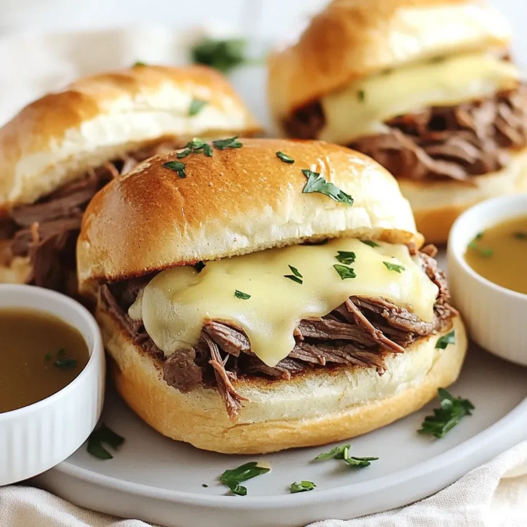 To make savory slow cooker French dip sandwiches, gather these key ingredients: - 2 pounds beef chuck roast - 1 tablespoon olive oil - 1 large onion, thinly sliced - 3 cloves garlic, minced - 4 cups beef broth - 1 tablespoon Worcestershire sauce - 1 teaspoon dried thyme - 1 teaspoon salt - ½ teaspoon black pepper - 6 French rolls or hoagie buns - 6 slices provolone cheese - Fresh parsley, chopped (for garnish) These ingredients create a rich and flavorful sandwich that is sure to satisfy. While the main dish stands out on its own, you can elevate the experience with these extras: - Sliced jalapeños for some heat - Creamy horseradish sauce for a zesty kick - Crispy fried onions for added crunch - A side of coleslaw or potato salad for balance Adding these garnishes or sides gives your meal a personal touch. Choosing the right beef cut is key. Here’s how to select the best one: - Beef Chuck Roast: This is ideal due to its rich flavor and tenderness when cooked slowly. - Brisket: Another good option that provides a smoky taste. - Round Roast: A leaner choice that can still work, but may need extra moisture. Look for cuts with good marbling. This fat adds flavor and keeps the meat moist during cooking. When in doubt, ask your butcher for recommendations. {{ingredient_image_2}} To start, I heat the olive oil in a large skillet over medium-high heat. While the oil heats, I season the beef chuck roast with salt and black pepper. I carefully place the roast in the skillet and sear it on all sides. This takes about 4-5 minutes per side. Searing brings out rich flavors and makes the beef tasty. Once the beef is nicely browned, I remove it and set it aside on a plate. In the same skillet, I add the thinly sliced onions and minced garlic. I do not clean the skillet because I want to keep all that flavor. I sauté the onions and garlic for about 5 minutes, stirring often. They should become soft and translucent. This step builds the base flavor for my French dip. Next, I transfer the sautéed onions and garlic to the slow cooker. I place the seared beef roast right on top of the onion and garlic mix. This ensures the beef absorbs all the great flavors. I then pour the beef broth over the roast to cover it well. I add Worcestershire sauce, dried thyme, and a pinch of salt and pepper. It's important that the roast is submerged in the savory liquid. I seal the slow cooker lid and set it to cook on low for 8 hours or high for 4-5 hours. The beef is ready when it is fork-tender and shreds easily. After cooking, I take the beef out and place it on a cutting board. Using two forks, I shred it into bite-sized pieces. I return the shredded beef to the slow cooker and stir it in the flavorful cooking liquid. To make your French dip sandwiches shine, use simple seasonings. I recommend adding Worcestershire sauce and dried thyme to the beef. These enhance the meat's natural taste. You can also sprinkle some extra salt and pepper for balance. Don’t forget to sauté onions and garlic before adding them to the slow cooker. This step brings out their sweetness and deep flavor. For the best sandwich, start with a toasted roll. Toasting adds crunch and keeps the bread from getting soggy. Place a generous amount of shredded beef on the bottom half. The beef should be moist and flavorful from the cooking liquid. Then, add a slice of provolone cheese on top. If you want melted cheese, pop the assembled sandwiches in the oven for a few minutes. Once the beef is cooked, let it rest for a few minutes. This helps keep the juices inside. Use two forks to shred the beef into bite-sized pieces. It should fall apart easily. After shredding, return the beef to the slow cooker. Mixing it back into the cooking liquid ensures every bite is juicy and tasty. Pro Tips Choose the Right Cut: For the best flavor and tenderness, use a well-marbled beef chuck roast. The fat will render during cooking, keeping the meat moist and flavorful. Enhance the Broth: Consider adding a splash of red wine or a few sprigs of fresh rosemary to the broth for an extra layer of flavor. Make Ahead: This recipe can be made a day in advance. Simply store the shredded beef and broth separately in the fridge, then reheat before serving. Customize Your Toppings: Feel free to add sautéed mushrooms, peppers, or even jalapeños to the sandwiches for extra flavor and texture. {{image_4}} You can switch out the beef for other meats. Pork shoulder works great in this dish. It gives a nice, juicy flavor. Chicken is another option. Use boneless chicken thighs for best results. You can also try different cheeses. Swiss cheese melts well and adds a nice touch. Pepper jack cheese gives a spicy kick. Feel free to mix and match! You can create a vegetarian version too! Use hearty mushrooms as a meat substitute. Portobello mushrooms are perfect for this. Cook them in the same way as the beef. Use vegetable broth instead of beef broth. Add some sautéed onions and garlic for flavor. You can also use roasted vegetables for added texture. Don’t forget to top with your favorite cheese! You can change up the sauces for your dip. Try adding some barbecue sauce for a sweet twist. A bit of hot sauce can spice things up. You can also mix in some herbs like rosemary or basil. For toppings, consider fresh arugula or sliced jalapeños. These add crunch and flavor. Experiment with flavors until you find what you love! After enjoying your delicious sandwiches, let any leftovers cool. Place the shredded beef and broth in an airtight container. Store the French rolls separately to keep them fresh. Proper storage helps maintain flavor and texture. When it's time to enjoy your leftovers, reheat the beef in a pot over low heat. Add a splash of beef broth to keep it moist. Stir often until heated through. For rolls, wrap them in foil and warm them in a 350°F oven for about 5 minutes. You can freeze the shredded beef and broth for later. Use a freezer-safe container or bag. Make sure to remove as much air as possible. When ready to eat, thaw it overnight in the fridge. Then reheat on the stove or in the microwave, just like before. The best cut of beef for French dip sandwiches is beef chuck roast. This cut has good fat content, which keeps the meat tender during slow cooking. Another option is brisket, which also offers great flavor and tenderness. Yes, you can make Slow Cooker French Dip Sandwiches ahead of time. Cook the beef and store it in the fridge for up to three days. When you're ready to eat, just reheat the meat in the slow cooker or on the stove. You can also freeze the beef for up to three months. To keep the rolls from getting soggy, toast them before adding the beef. This creates a barrier that helps maintain their crispiness. Avoid soaking the rolls in the au jus before serving. Instead, serve the dipping sauce on the side. This way, you can dip as you like! In this post, I covered key ingredients, cooking steps, and tips for the perfect French dip sandwich. You learned how to choose beef cuts and enhance flavors. I shared ideas for variations, including vegetarian options. Proper storage and reheating methods ensure your meal stays fresh. Remember to experiment with flavors and toppings to fit your taste. Enjoy your cooking journey, and relish every bite of your delicious French dip sandwich!