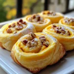 To make Pumpkin Cream Cheese Danishes, you need key ingredients. Here’s what you will need: - 1 sheet of puff pastry (thawed) - 1/2 cup pumpkin puree - 4 oz cream cheese, softened to room temperature - 1/4 cup powdered sugar - 1 teaspoon pure vanilla extract - 1 teaspoon pumpkin spice blend - 1 egg (for egg wash) - 1 tablespoon milk These ingredients create a rich and creamy filling that pairs perfectly with the flaky pastry. You can change the recipe to suit your taste. Here are a few optional ingredients: - Chopped pecans for a delightful crunch Adding nuts gives a nice texture and flavor to the danishes. A few baking tools will help you make these danishes. Make sure you have: - Parchment paper for lining the baking sheet - A whisk for mixing - A pastry brush for the egg wash - A rolling pin to smooth the puff pastry These tools make the process easier and help your danishes turn out great. First, preheat your oven to 400°F (200°C). This step helps the danishes bake evenly. Next, take your thawed puff pastry and dust your work surface lightly with flour. Roll out the pastry to smooth out any creases. Now, cut the pastry into 6 equal squares, about 3x3 inches. This size holds the filling perfectly. In a medium bowl, mix the pumpkin puree, softened cream cheese, powdered sugar, vanilla extract, and pumpkin spice. Use a whisk to blend these ingredients until smooth. You want a creamy, delicious filling that will bring joy to every bite. This step is key for great taste. Place about 2 tablespoons of the pumpkin cream cheese mixture in the center of each pastry square. Be sure to leave space at the edges for folding. Gently fold the corners toward the center to create a pinwheel shape. Pinch the seams tightly to seal them. This step keeps the filling from leaking when baking. In a small bowl, whisk the egg and milk together to make an egg wash. Use a pastry brush to coat the tops of the danishes with the wash. This gives them a lovely golden color. If you like, sprinkle some chopped pecans on top for a crunchy finish. Bake the danishes in your preheated oven for 15-20 minutes. They should puff up and turn golden brown. Once baked, let them cool slightly on the baking sheet. Enjoy the delicious aroma as they cool! To get a flaky pastry, start with cold puff pastry. Thaw it in the fridge, not on the counter. When rolling the dough, use light pressure. Don’t overwork it, or it gets tough. A few creases are okay; they will puff up nicely. After cutting your squares, keep them chilled until you are ready to fill. This keeps the butter cold, which makes the pastry rise better. Your filling should be smooth and creamy. Mix the pumpkin puree and cream cheese well. Use a whisk to blend in the powdered sugar, vanilla extract, and pumpkin spice. This makes the filling light and fluffy. If it feels too thick, add a bit more pumpkin puree. You want it spreadable but not runny. Aim for about 2 tablespoons of filling per danish. This keeps the pastry from overflowing. An egg wash gives your danishes a lovely shine. To make it, whisk one egg with a tablespoon of milk until smooth. Use a pastry brush to apply it gently on top of each danish. Be careful not to let it drip down the sides. This helps the pastry to brown evenly. For a nice touch, add chopped pecans on top before baking. They add flavor and a delightful crunch. {{image_4}} Adding a glaze can elevate your Pumpkin Cream Cheese Danishes. A simple glaze made of powdered sugar and milk adds a sweet touch. Mix 1 cup of powdered sugar with 2 tablespoons of milk until smooth. Drizzle this over warm danishes for a glossy finish. You can also use maple syrup for a unique flavor. This glaze pairs well with pumpkin and cream cheese. While the pumpkin cream cheese filling is a star, you can switch it up. Try a sweet apple filling for a fall twist. Mix chopped apples with cinnamon and sugar. You could also use sweetened ricotta for a lighter filling. Combining cream cheese with chocolate chips creates a rich dessert. Think outside the box and explore flavors that excite you. Pumpkin is perfect for fall, but you can adapt these danishes for any season. In winter, use cranberry sauce for a tart bite. For spring, lemon curd provides a bright flavor that wakes up your taste buds. Summer is great for berry fillings like blueberries or strawberries. These adaptations make the danishes a year-round treat, perfect for any gathering. To keep your Pumpkin Cream Cheese Danishes fresh, start by cooling them. Once cool, place them in an airtight container. This helps to keep them from drying out. You can store them in the fridge for up to three days. If you want to enjoy them later, follow the freezing steps below. Freezing is a great way to save your danishes for later. After baking and cooling, wrap each danish in plastic wrap. Then, place them in a freezer-safe bag. Be sure to remove as much air as possible. Your danishes can stay fresh in the freezer for up to three months. When you are ready to eat them, thaw them in the fridge overnight. To reheat your danishes, use your oven for the best results. Preheat the oven to 350°F (175°C). Place the danishes on a baking sheet. Heat them for about 10-15 minutes. This way, they will become warm and crispy again. Avoid using the microwave, as it can make the pastry soggy. Enjoy your tasty treats! Yes, you can use homemade puff pastry. It adds a personal touch. Making it at home can also give you more control over the texture and flavor. Just ensure it is rolled out thinly, similar to store-bought. This will help your danishes puff up nicely during baking. You can store them for up to three days in the fridge. Place them in an airtight container to keep them fresh. For longer storage, freeze them. They can last up to three months in the freezer. Just make sure to wrap them well in plastic wrap. Absolutely! You can replace cream cheese with dairy-free cream cheese. For the egg wash, use a non-dairy milk mixed with a bit of cornstarch. This will help achieve that golden color. Enjoy your dairy-free treats without losing any flavor. If you don’t have pumpkin spice, you can make your own blend. Combine cinnamon, nutmeg, and ground ginger for a quick fix. Use one teaspoon of this mix for the same flavor. You can also use just cinnamon if that’s all you have; it still tastes great! You can make delicious Pumpkin Cream Cheese Danishes with easy steps. We covered key ingredients, from the filling to optional extras. I shared tips for flaky pastry and perfect egg wash. You can customize flavors and store leftovers well. In summary, these danishes are fun to make and taste amazing. Enjoy your baking journey and impress others with tasty treats.
