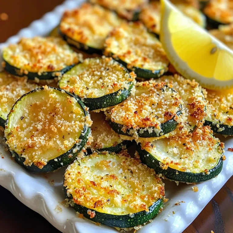 - 2 medium zucchinis - 1 cup panko breadcrumbs - 1/2 cup freshly grated Parmesan cheese - 1 teaspoon garlic powder - 1 teaspoon dried oregano - 1/2 teaspoon fine sea salt - 1/4 teaspoon freshly cracked black pepper - 2 large eggs - Cooking spray or olive oil for greasing The main ingredients bring the dish to life. Zucchini is fresh and light, while panko breadcrumbs add crunch. Parmesan cheese gives a rich flavor that everyone loves. Next, the seasoning ingredients are vital. Garlic powder adds a savory kick. Dried oregano brings a nice herbal touch. Sea salt and black pepper enhance all the other flavors. The binding ingredient is just as important. Beating the eggs helps the crumbs stick to the zucchini. This makes sure each slice has a crispy coat. For extra crispiness, you can use cooking spray or olive oil. A light spray or drizzle helps achieve that golden brown look. It makes the zucchini even more tempting! {{ingredient_image_2}} Start by preheating your oven to 425°F (220°C). This high heat helps the zucchini get crispy. Next, line a baking sheet with parchment paper. This makes cleanup easy and helps the zucchini not stick. In a shallow bowl, combine 1 cup of panko breadcrumbs with the seasonings. Add 1/2 cup of grated Parmesan cheese, 1 teaspoon of garlic powder, 1 teaspoon of dried oregano, 1/2 teaspoon of fine sea salt, and 1/4 teaspoon of black pepper. Mix it well. This coating adds crunch and flavor to the zucchini. In another bowl, crack 2 large eggs and whisk them until they are frothy. This frothiness helps the coating stick to the zucchini slices. Take each zucchini slice and dip it into the beaten eggs. Let any extra egg drip back into the bowl. Then, dredge it in the breadcrumb mixture. Press down gently to coat well. Repeat this for all the slices. Lay the coated zucchini slices on the prepared baking sheet in a single layer. Make sure they do not overlap. This helps them cook evenly and stay crispy. Now, place the baking sheet in your preheated oven. Bake the zucchini for 20-25 minutes. Halfway through, turn the slices to ensure they brown evenly. They should turn a lovely golden brown when done. Once baked, let them cool slightly on the sheet before serving. This enhances their crunchiness. To get that perfect crunch, you need olive oil or cooking spray. These help the zucchini brown nicely. When you coat the slices, don’t skip this step. A light spray or drizzle makes a big difference. It creates a beautiful golden crust that makes the zucchini so tempting. For a stunning presentation, serve your crispy zucchini on a bright platter. Add a lemon wedge for color and a fresh taste. You can also drizzle balsamic reduction over the top. This adds sweetness and a touch of elegance. Your friends and family will love this tasty side dish. Crispy baked Parmesan zucchini pairs well with many dishes. Try it next to grilled chicken or fish for a healthy meal. It also goes great with pasta dishes, adding a nice crunch. You can even serve it as a snack with your favorite dip. Enjoy the flavors together for a delightful experience! Pro Tips Choose Fresh Zucchini: Look for firm, unblemished zucchinis with vibrant color to ensure the best flavor and texture. Adjust the Seasoning: Feel free to customize the seasoning mix according to your taste. Adding spices like paprika or cayenne can give it a nice kick! Use a Cooling Rack: For extra crispiness, place the zucchini on a cooling rack set over a baking sheet while baking to allow air circulation around them. Serve Immediately: These zucchini slices are best enjoyed fresh out of the oven while they are still warm and crispy. {{image_4}} You can spice up your crispy baked Parmesan zucchini. Try adding paprika for a smoky flavor. If you want heat, sprinkle in some cayenne pepper. These spices add depth and make each bite exciting. Mix them into the breadcrumb mixture for even flavor. Parmesan cheese is great, but you can change it up. Cheddar cheese gives a sharp taste. Mozzarella offers a creamy texture. You can even mix different cheeses for a unique flavor. Experimenting with cheese keeps your dish fresh and fun. If you need a gluten-free option, use gluten-free breadcrumbs. They work just as well as regular panko. This way, everyone can enjoy this crunchy treat. Just follow the same steps, and you’ll have a tasty dish for all. To store leftovers, let the zucchini cool. Place the slices in an airtight container. Be sure to keep them in the fridge. They will last for about three days. This method keeps them fresh and tasty. For the best crispy results, use the oven to reheat. Preheat your oven to 400°F (200°C). Arrange the zucchini on a baking sheet in a single layer. Bake for about 10 minutes. This method ensures they stay crispy and delicious. You can freeze these zucchini slices for longer storage. First, let them cool completely. Then, place them in a single layer on a baking sheet. Freeze them for about an hour until firm. Once frozen, transfer them to a freezer bag. They will stay fresh for up to three months. When you're ready to enjoy, thaw them in the fridge overnight before reheating. You can use regular breadcrumbs, but the texture will change. Panko gives a light and crunchy feel. Regular breadcrumbs are finer and may make the zucchini less crispy. If you want that perfect crunch, stick with panko. To make this dish vegan, swap the eggs for a flax egg or aquafaba. Use a plant-based cheese instead of Parmesan. Nutritional yeast can also add a cheesy flavor. These changes keep the dish tasty while being vegan-friendly. These zucchini slices pair well with many dishes. Try serving them with grilled chicken or fish for a complete meal. They also work great with dips like marinara or ranch. You can also add them to salads for a crunchy twist. You can boost the flavor with extra herbs and spices. Try adding paprika or cayenne for heat. Fresh herbs like basil or thyme can also add a fresh taste. Experiment with your favorite seasonings to make it your own. Yes, you can use bigger zucchini, but be aware of the size. Larger zucchini might need more cooking time, so keep an eye on them. The texture will also change; they may be less crisp and more watery. For best results, stick to medium-sized zucchini. This recipe gives you a tasty way to enjoy zucchini. We covered the key ingredients, from fresh zucchinis to the right seasonings. I shared tips for getting that perfect crunch and ways to enhance the flavor. Don’t forget the fun variations to personalize your dish. You can store and reheat leftovers easily. Remember, crispy baked Parmesan zucchini goes great with many meals. Try this dish at your next meal for a delightful treat. Enjoy every bite!