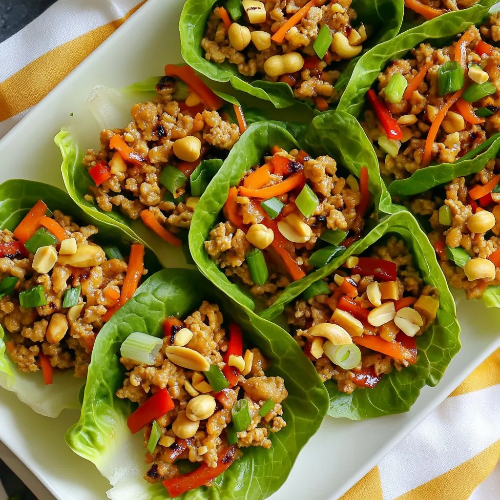 To make Thai Peanut Chicken Lettuce Wraps, you will need some fresh and tasty ingredients. Here’s what you need: - 1 lb ground chicken - 1 tablespoon sesame oil - 2 tablespoons fresh ginger, minced - 3 cloves garlic, minced - 1 red bell pepper, diced - 1 cup shredded carrots (about 2 medium carrots) - ¼ cup green onions, finely chopped - ½ cup roasted peanuts, coarsely chopped - 3 tablespoons soy sauce (or tamari for gluten-free option) - 2 tablespoons creamy peanut butter - 1 tablespoon fresh lime juice - 1 teaspoon sriracha (adjust based on your heat preference) - 1 head of butter lettuce or iceberg lettuce, leaves gently separated Each ingredient brings its own flavor. The ground chicken is the main protein. Ginger and garlic add a warm spice. The red bell pepper and carrots give color and crunch. Soy sauce and peanut butter create a rich sauce. Sriracha adds a touch of heat. The lettuce acts as a fresh wrap. You can choose butter or iceberg lettuce. This keeps everything light and fun. Using fresh, quality ingredients makes a big difference. They help create a dish that is not only tasty but also healthy. Enjoy the vibrant flavors and textures in every bite! {{ingredient_image_2}} Heating the Skillet and Sautéing the Chicken Start by heating 1 tablespoon of sesame oil in a large skillet over medium heat. You want the oil to shimmer. Once it's ready, add 1 pound of ground chicken. Use a wooden spoon to break the chicken apart. Cook it for about 5 to 7 minutes. Stir occasionally until the chicken turns brown and is fully cooked. Adding Aromatics and Vegetables Next, add 2 tablespoons of minced ginger, 3 cloves of minced garlic, 1 diced red bell pepper, and 1 cup of shredded carrots to the skillet. Stir everything together and sauté for another 3 to 4 minutes. Your goal is to make the veggies tender and aromatic. This step adds great flavor to your chicken mixture. Whisking Ingredients for the Peanut Sauce In a separate small bowl, whisk together 3 tablespoons of soy sauce, 2 tablespoons of creamy peanut butter, 1 tablespoon of fresh lime juice, and 1 teaspoon of sriracha. Mix it well until you get a smooth sauce. This peanut sauce will bring all the flavors together. Mixing in Sauce with Chicken and Vegetables Pour the peanut sauce over the chicken and veggie mix in the skillet. Stir everything well to coat the chicken and vegetables evenly. Heat the mixture for about 2 more minutes until it's warmed through. Filling and Rolling the Lettuce Wraps Take a head of butter or iceberg lettuce and gently separate the leaves. Spoon a generous portion of the chicken mixture onto the center of each leaf. Roll it up like a taco, enclosing the filling. Your wraps are now ready to serve! Enjoy this quick and tasty meal with friends or family. Best Types for Wrapping For Thai peanut chicken lettuce wraps, use butter or iceberg lettuce. Butter lettuce has soft, pliable leaves that wrap easily. Iceberg offers a nice crunch. Both types hold the filling well without tearing. Storage Tips for Lettuce To keep your lettuce fresh, store it in the fridge. Place it in a plastic bag with a paper towel. This helps absorb extra moisture. Keep the lettuce away from strong-smelling foods. This prevents it from taking on unwanted flavors. Adjusting Spice Levels with Sriracha Sriracha adds a nice kick to the wraps. If you like it spicy, use the full teaspoon. For less heat, add half a teaspoon or skip it altogether. You can always serve sriracha on the side for those who want more spice. Substitutions for Dietary Restrictions If you have dietary restrictions, there are easy swaps. Use ground turkey or beef instead of chicken. For a vegetarian option, try crumbled tofu. Swap soy sauce for tamari to make it gluten-free. Arrangement Tips for Serving To impress your guests, arrange the filled wraps on a large platter. Keep them neat and tidy. This makes them look inviting and fun to eat. Garnishing Suggestions Garnish your wraps with extra chopped peanuts and green onions. This adds color and texture. Serve with lime wedges for a fresh burst of flavor. Let guests squeeze lime juice on their wraps before eating. Pro Tips Prep Your Ingredients: Before you start cooking, have all your ingredients chopped and ready to go. This will streamline the process and ensure you don’t miss any key components while cooking. Adjust the Heat: If you prefer a milder flavor, reduce the amount of sriracha or omit it altogether. You can also serve it on the side for guests to add according to their taste. Use Fresh Ingredients: For the best flavor, opt for fresh ginger and garlic rather than pre-minced varieties. Fresh ingredients will enhance the overall taste of your dish. Experiment with Lettuce: While butter lettuce is great, feel free to try other types like romaine or even collard greens for a different texture and flavor in your wraps. {{image_4}} You can switch the ground chicken for ground turkey or beef. Each choice brings a unique flavor. Ground turkey is leaner, while ground beef offers a richer taste. For a vegetarian option, use tofu. Firm tofu works best. Just press it to remove excess water. Crumble the tofu and cook it as you would the chicken. It absorbs flavors well, making it a tasty choice. If you need a nut-free option, use sunflower seed butter. It provides a similar creaminess without the nuts. You can also try tahini for a different flavor. For sweet and spicy variations, add honey or maple syrup to the sauce. This will balance the heat from the sriracha. You can also mix in chili paste for an extra kick. Serve your wraps with fresh veggies like cucumber or bell pepper sticks. They add a nice crunch and freshness. A side of rice or quinoa can make it a full meal. Try adding a light dipping sauce, like soy sauce or a lime vinaigrette. This adds flavor and makes each bite exciting. Enjoy the fun of mixing and matching your wraps! To keep your Thai peanut chicken lettuce wraps fresh, store them properly. Use an airtight container to hold the chicken mixture and the lettuce separately. This prevents the lettuce from wilting. Place the chicken mixture in the fridge within two hours of cooking. How long do they last? You can keep the chicken mixture in the fridge for about three to four days. Lettuce can stay fresh for about one to two days. When you’re ready to enjoy the leftovers, reheating is key. Use a skillet over medium heat. Add a splash of water to keep the chicken moist. Stir it often for about 3-5 minutes until warmed. Avoid using the microwave if you can. It can make the chicken tough and dry. Enjoy your wraps fresh and tasty! Yes, you can make these wraps ahead of time. For best results, prepare the chicken filling first. Store it in an airtight container in the fridge. You can keep it for up to three days. When you're ready to eat, just warm the filling. Serve it with fresh lettuce leaves. This way, you enjoy a quick meal without much fuss. If you have allergies, there are great options. Try sun butter or almond butter. Both give a nice taste without peanuts. You can also use tahini for a different flavor. If you want a nut-free option, consider using soy nut butter. It has a similar texture and is safe for those with nut allergies. Always check labels for allergens. To keep your wraps crunchy, prep your ingredients carefully. Use fresh lettuce leaves and dry them well. Avoid adding too much sauce before serving. Instead, serve the sauce on the side. This way, you can add just the right amount. Keep the chicken filling cool before wrapping. This helps maintain the crispiness of the lettuce. Enjoy your fresh and crunchy wraps! In this post, we explored how to make tasty chicken lettuce wraps. You learned about the key ingredients, step-by-step instructions, and tips for serving. Customizing the recipe lets you adjust spice levels and choose alternate proteins. Remember to store leftovers properly and reheat them right for the best flavor. With these insights, you can enjoy fresh, flavorful wraps any time. Try making them your way and delight in every bite!