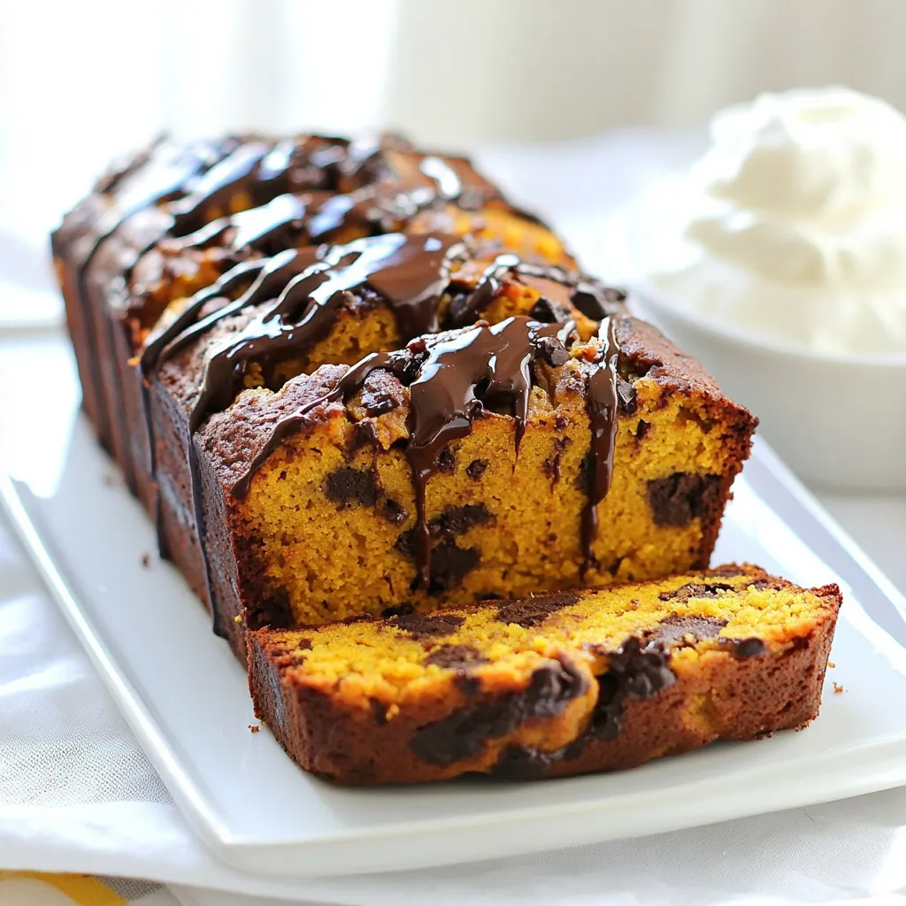 To make this tasty Chocolate Chip Pumpkin Bread, you will need: - 1 cup pumpkin puree (either canned or homemade) - 1/2 cup vegetable oil - 1/2 cup packed brown sugar - 1/2 cup granulated sugar - 3 large eggs - 1 1/2 cups all-purpose flour - 1/2 teaspoon baking soda - 1 teaspoon baking powder - 1 teaspoon ground cinnamon - 1/2 teaspoon ground nutmeg - 1/2 teaspoon ground ginger - 1/2 teaspoon salt - 1 cup semi-sweet chocolate chips - 1/2 cup chopped walnuts (optional) You can swap some ingredients if needed. For a lighter option, use applesauce in place of oil. This keeps the bread moist and adds a hint of sweetness. If you want to cut sugar, use a sugar substitute. Just adjust to taste. Almond flour works well for gluten-free bread. You may need to add more eggs for binding. I trust a few brands for my baking needs. For pumpkin puree, Libby’s is a classic choice. It has great flavor and consistency. For chocolate chips, Ghirardelli semi-sweet chips are my go-to. They melt perfectly and add rich taste. For flour, I like King Arthur. It’s reliable and gives great results. Using trusted brands makes a big difference in your final dish. {{ingredient_image_2}} Start by preheating your oven to 350°F (175°C). This step is key for even baking. Next, grab a 9x5-inch loaf pan. Grease it well or line it with parchment paper. This makes it easy to take the bread out later. In a large mixing bowl, add 1 cup of pumpkin puree, 1/2 cup of vegetable oil, 1/2 cup of brown sugar, and 1/2 cup of granulated sugar. Mix these until smooth and creamy. Then, add 3 large eggs one by one. Make sure to blend well after each egg. This helps create a nice batter. In a separate bowl, whisk together 1 1/2 cups of all-purpose flour, 1/2 teaspoon of baking soda, 1 teaspoon of baking powder, 1 teaspoon of ground cinnamon, 1/2 teaspoon of ground nutmeg, 1/2 teaspoon of ground ginger, and 1/2 teaspoon of salt. This step ensures all dry ingredients mix evenly. Slowly add the dry mixture to the wet mixture. Stir gently until just combined. Be careful not to overmix. Now, fold in 1 cup of semi-sweet chocolate chips and 1/2 cup of chopped walnuts if you want. This makes the bread extra special. Pour the batter into your prepared loaf pan. Use a spatula to smooth the top. Place the pan in the oven and bake for 55-65 minutes. To check if it is done, insert a toothpick into the center. It should come out clean. Once baked, let the bread cool in the pan for 10 minutes. Then move it to a wire rack for complete cooling. Enjoy your delicious creation! To get the best texture, mix the wet ingredients well. You want a smooth blend of pumpkin, oil, and sugars. When you add the eggs, do it one at a time. This helps mix them evenly. For the dry ingredients, whisk them well before adding. This ensures even distribution of the baking soda and spices. When combining wet and dry, mix gently. Overmixing can lead to dense bread. Aim for a smooth batter with a few lumps. One common mistake is overmixing the batter. This leads to tough bread. Another mistake is not checking the oven temperature. Always preheat the oven fully. If you skip this step, the bread may not rise properly. Make sure to use the right size loaf pan. A 9x5-inch pan is perfect for this recipe. Lastly, avoid opening the oven door too often. This can drop the temperature and affect baking time. For a beautiful presentation, slice the bread warm. Serve it with whipped cream or a drizzle of chocolate sauce. You can also add a sprinkle of cinnamon on top. This adds a nice touch. If you want to impress guests, consider serving with fresh berries on the side. You can even toast slices for a warm treat. Each way adds a new twist to your chocolate chip pumpkin bread. Pro Tips Use Fresh Pumpkin Puree: For an enhanced flavor, consider using fresh pumpkin puree instead of canned. Roast a sugar pumpkin, scoop out the flesh, and blend until smooth for a deliciously fresh taste. Don't Overmix: When combining the wet and dry ingredients, mix just until combined. Overmixing can lead to a dense and tough bread instead of a light and fluffy texture. Check for Doneness: Ovens may vary, so start checking your bread at the 55-minute mark. Insert a toothpick into the center; it should come out clean for perfectly baked bread. Store Properly: To keep your pumpkin bread fresh, store it in an airtight container at room temperature for up to 3 days, or refrigerate for a week. It also freezes well for up to 3 months. {{image_4}} You can make this bread gluten-free. Use a gluten-free flour blend instead of all-purpose flour. Make sure it has xanthan gum, as this will help with texture. The taste remains rich and moist, just like the original. To make this bread vegan, replace the eggs with flax eggs. Just mix one tablespoon of ground flaxseed with two and a half tablespoons of water. Let it sit for a few minutes. This thickens and binds the batter well. Also, check that your chocolate chips are dairy-free. Get creative with flavors! You can add spices like allspice or cloves for warmth. Chopped pecans or almonds can add a nice crunch. If you love fruit, consider adding raisins or dried cranberries for a sweet burst. Each addition will give a unique twist to your bread. To keep your chocolate chip pumpkin bread fresh, wrap it tightly. Use plastic wrap or aluminum foil. This prevents the bread from drying out. Store it at room temperature for up to three days. If you want to keep it longer, consider freezing it. Freezing chocolate chip pumpkin bread is easy. First, let the bread cool completely. Once cool, slice the bread into individual pieces. Wrap each slice in plastic wrap. Then, place the wrapped slices in a freezer bag. Make sure to remove as much air as possible. You can freeze it for up to three months. Chocolate chip pumpkin bread lasts about three days at room temperature. If you keep it in the fridge, it can last up to a week. To reheat, place a slice in the microwave for about 20 seconds. You can also warm it in the oven at 350°F (175°C) for 10 minutes. Enjoy it warm for the best taste! Yes, you can use fresh pumpkin. Just roast or steam it first. Then, mash it into a smooth puree. This adds a fresh taste and makes the bread even better. You can replace eggs with unsweetened applesauce. Use 1/4 cup of applesauce for each egg. Another option is mashed bananas, which also work well. They help keep the bread moist. To check if the bread is done, insert a toothpick in the center. If it comes out clean, the bread is ready. If it has wet batter, bake for a few more minutes. Yes, feel free to experiment! You can use milk chocolate or dark chocolate chips. You can also add dried fruit, like cranberries or raisins, for a tasty twist. Nuts like pecans or hazelnuts are great, too. Serve the bread warm for the best taste. You can slice it and add a dollop of whipped cream. A drizzle of chocolate sauce makes it even more special. Enjoy it with a cup of coffee or tea! This post shared how to make tasty chocolate chip pumpkin bread. We covered the key ingredients, helpful tips, and safe storage methods. I presented ways to make the recipe your own, like gluten-free or vegan options. Remember, baking is fun, so don’t fear making changes. With these steps and notes, you can craft a delicious treat. Enjoy each slice, and share with others. Your baking adventure starts now!