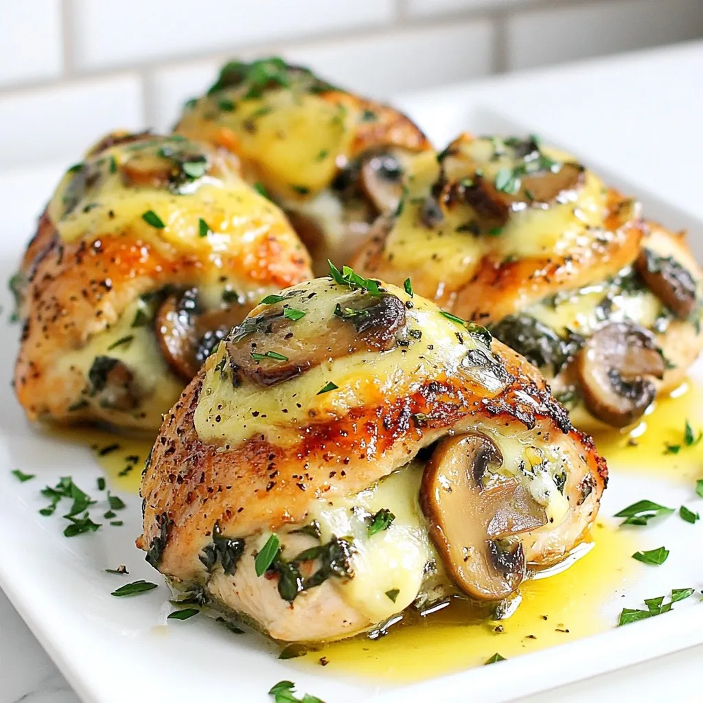 - 4 boneless, skinless chicken breasts - 2 cups mushrooms, finely chopped (cremini or button) - 1 small onion, finely chopped - 2 cloves garlic, minced - 1 cup spinach, chopped - 1/2 cup cream cheese, softened - 1/2 cup grated Parmesan cheese - 1 teaspoon dried thyme - 1 teaspoon paprika - Salt and pepper to taste - 2 tablespoons olive oil - Fresh parsley, chopped (for garnish) Gather these ingredients before starting. The chicken breasts will be the star of the dish. Choose fresh, boneless, and skinless ones for best results. Mushrooms add a rich taste, so finely chop them for a smooth filling. I like using cremini or button mushrooms, but you can choose your favorite. The onion and garlic bring depth to the flavor. Mince the garlic well to release its strong aroma. Spinach adds color and nutrition, while cream cheese and Parmesan make the stuffing creamy and rich. Don’t forget the spices. Dried thyme and paprika add warmth and complexity. Salt and pepper are key to enhancing all flavors. Olive oil is a must for cooking and adds richness. Finally, fresh parsley not only garnishes the dish but also brightens the plate with color. Once you have everything, you’re ready to create a meal that will impress anyone! {{ingredient_image_2}} First, heat your oven to 375°F (190°C). This is key to cooking the chicken right. Next, grab a medium skillet and pour in 1 tablespoon of olive oil. Warm it over medium heat. Once the oil is hot, you are ready to start cooking. In the hot skillet, add the finely chopped onion. Cook it for about 3-4 minutes until it looks clear. Then, add in 2 cloves of minced garlic and let it cook for 1 more minute. Now, toss in 2 cups of finely chopped mushrooms. Stir and cook them until they are soft and most of the water is gone, which takes about 5-7 minutes. After that, mix in 1 cup of chopped spinach. Cook it until it wilts, about 2 minutes. Take the skillet off the heat when done. In a bowl, combine the mushroom mix with 1/2 cup softened cream cheese and 1/2 cup grated Parmesan cheese. Add 1 teaspoon of dried thyme and 1 teaspoon of paprika. Don't forget to sprinkle in some salt and pepper. Mix it all well until it’s creamy and smooth. Take 4 boneless, skinless chicken breasts. Use a small knife to make a pocket in each one. Slice the chicken horizontally, but don’t cut all the way through. Fill each pocket with the mushroom and cheese mix. If needed, use toothpicks to close the openings. Now, heat the rest of the olive oil in the skillet over medium-high heat. Season the outside of each stuffed chicken breast with salt and pepper. Sear the chicken for 3-4 minutes on each side until golden brown. This gives the chicken flavor and color. After that, place the chicken in a baking dish and bake in the oven for 20-25 minutes. You want the chicken to reach 165°F (75°C) inside. After baking, take the chicken out and let it rest for 5 minutes. This helps keep the juices inside. Finally, sprinkle some chopped parsley on top for color and serve it warm. Enjoy your meal! To cook chicken breasts well, start with even thickness. If they are uneven, they may cook at different rates. You can pound them gently with a meat mallet. This step helps them cook evenly. Always season your chicken well with salt and pepper before cooking. This adds flavor from the start. For a creamier filling, use room temperature cream cheese. Mix it well with the other ingredients. You can also add a bit of sour cream or Greek yogurt. These ingredients give a nice tang and smooth texture. The extra creaminess makes each bite rich and tasty. To boost flavors, try adding fresh herbs. Chopped basil or thyme can make a big difference. You can also add a squeeze of lemon juice for brightness. If you like spice, a pinch of red pepper flakes works well. Experimenting with flavors keeps the dish exciting. Using a meat thermometer ensures your chicken is safe to eat. Insert the thermometer into the thickest part of the breast. Look for an internal temperature of 165°F (75°C). This way, you avoid undercooked or overcooked chicken. Always let it rest for a few minutes after cooking. This keeps all the juices inside. Pro Tips Choose Fresh Ingredients: Always opt for fresh mushrooms and spinach for the stuffing; they enhance the flavor and texture of the dish. Don't Overstuff: While it's tempting to fill the chicken breasts to the brim, overstuffing can cause them to burst during cooking. A generous but reasonable amount will do. Let it Rest: Allow the stuffed chicken to rest for at least 5 minutes after baking. This helps the juices redistribute, making for a juicier bite. Experiment with Cheese: Feel free to mix different cheeses into the stuffing, such as mozzarella or feta, for a unique flavor twist. {{image_4}} You can use many kinds of mushrooms in this recipe. Cremini mushrooms add a rich flavor. Button mushrooms keep things simple and mild. Shiitake mushrooms bring a unique taste. For a more earthy flavor, try portobello mushrooms. Each type gives its twist to the dish. Cream cheese is creamy and smooth, but many other cheeses work well too. Goat cheese adds a tangy kick. Ricotta cheese provides a light and fluffy texture. For a sharper taste, use feta cheese. If you want a dairy-free option, try cashew cheese or a vegan cream cheese. Fresh herbs can make a big difference in flavor. If you don’t have thyme, try rosemary or oregano. Basil adds a sweet and sunny note. For a hint of spice, add a little dill. Mix and match herbs to find your favorite blend. You can boost the nutrition and flavor by adding other veggies. Bell peppers add crunch and sweetness. Zucchini gives a fresh taste and texture. Carrots bring a bit of sweetness, while kale adds a hearty bite. Feel free to experiment with your favorite vegetables! To store leftovers, let the chicken cool first. Place the chicken in an airtight container. Make sure to cover it well. This keeps it fresh and safe. You can store it in the fridge for up to three days. If you have more, consider freezing it for later. When you are ready to eat, reheating is simple. You can use the oven or microwave. For the oven, preheat it to 350°F (175°C). Place the chicken in a baking dish and cover it with foil. Bake for about 15-20 minutes until hot. If using a microwave, heat on medium power for 2-3 minutes. Check if it's hot all the way through. Freezing the mushroom stuffed chicken is a great idea. Wrap each chicken breast tightly in plastic wrap. After that, place them in a freezer bag. Make sure to remove as much air as possible. Label the bag with the date. You can freeze it for up to three months. When you are ready, thaw it in the fridge overnight before reheating. This keeps the chicken juicy and tasty. Yes, you can use frozen chicken breasts. Just remember to thaw them first. This step is key for even cooking. You can thaw the chicken overnight in the fridge or in cold water for a few hours. Once thawed, follow the recipe as usual. Mushroom stuffed chicken pairs well with many sides. Try serving it with: - Mashed potatoes - Steamed vegetables - Rice pilaf - A fresh salad These sides will balance the rich flavors of the chicken. Cooked chicken should reach 165°F (75°C). You can check this with a meat thermometer. Insert it into the thickest part of the breast to get an accurate reading. The juices should run clear, not pink. Yes, you can prepare mushroom stuffed chicken ahead of time. Stuff the chicken breasts and store them in the fridge for up to 24 hours. When ready to cook, just sear and bake them. This makes meal prep easy and saves time. In this blog post, we explored how to make delicious mushroom stuffed chicken breasts. We covered the ingredients needed, step-by-step cooking instructions, and handy tips for perfecting your dish. Remember, the right mix of flavors and textures makes all the difference. You can easily customize it with various mushrooms, herbs, or veggies. Lastly, knowing how to store and reheat leftovers will keep your dish fresh. Enjoy your cooking journey and impress your family with this tasty meal!