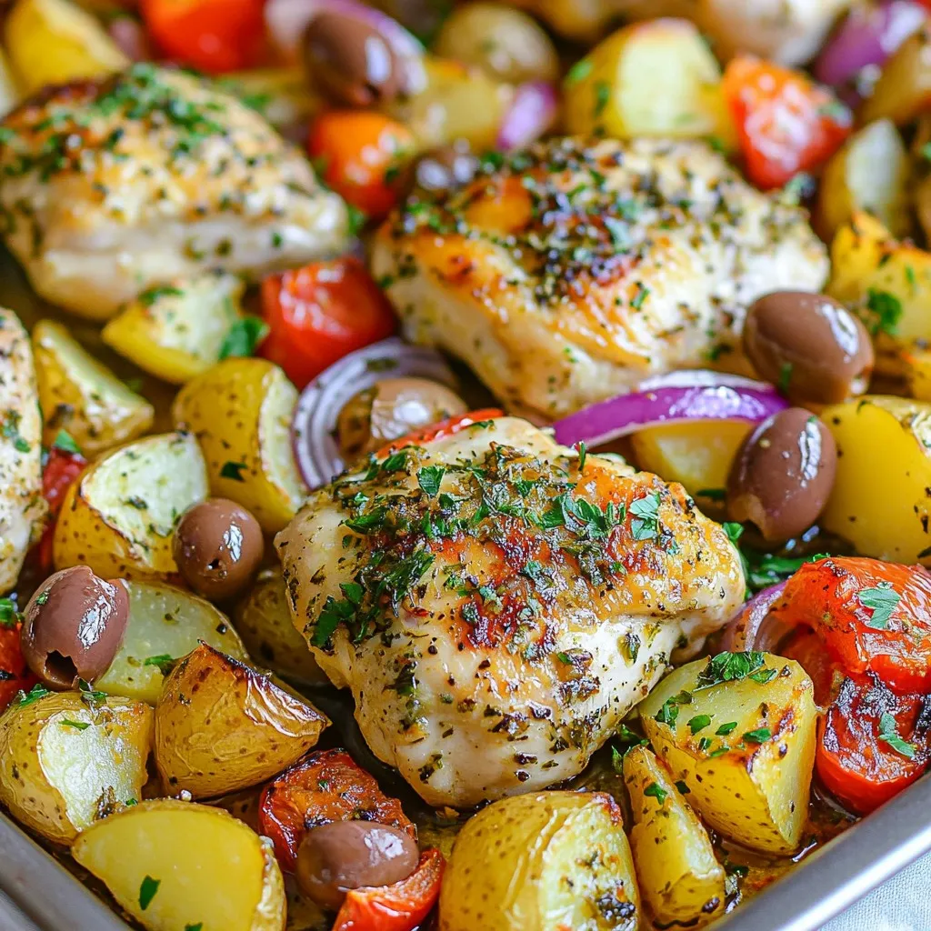 - 4 boneless, skinless chicken breasts - 6 medium Yukon gold potatoes, quartered - 1 large red onion, cut into wedges - 1 red bell pepper, sliced into strips - 4 cloves garlic, minced - 1/4 cup olive oil - 1 tablespoon dried oregano - 1 tablespoon fresh lemon juice - Zest of 1 lemon To make Sheet Pan Greek Chicken & Potatoes, you need simple yet fresh ingredients. The star of the dish is the chicken. I prefer using boneless, skinless chicken breasts for tenderness. Next, Yukon gold potatoes add creaminess when roasted. For color and flavor, I use red onion and red bell pepper. Garlic enhances the taste and gives a lovely aroma. The marinade combines olive oil, oregano, lemon juice, and zest. This mixture infuses the chicken with flavor. - Salt and freshly ground black pepper, to taste - A handful of kalamata olives, pitted - Fresh parsley, chopped, for garnish Seasoning is key to making this dish shine. I use salt and pepper to enhance all the flavors. Kalamata olives bring a briny touch that complements the chicken and veggies. Finally, chopped parsley adds a fresh finish. It brightens the dish and makes it look appealing. {{ingredient_image_2}} Preheat your oven to 400°F (200°C). This temperature helps cook the chicken and potatoes evenly. Line a large baking sheet with parchment paper. This will stop food from sticking and make cleanup easy. In a mixing bowl, whisk together the olive oil, minced garlic, dried oregano, fresh lemon juice, lemon zest, salt, and pepper. This mixture is your marinade. It adds flavor to the chicken. Add the chicken breasts to the bowl with the marinade. Toss the chicken until it is well coated. Let the chicken sit in the marinade for at least 15 minutes. If you have time, marinating longer in the fridge gives better flavor. In a separate bowl, combine the quartered Yukon gold potatoes, red onion wedges, and sliced red bell pepper. Drizzle them with olive oil and season with salt and pepper. Toss until all the vegetables are covered. This step ensures they are tasty and well-seasoned. On the prepared baking sheet, arrange the marinated chicken breasts on one side. On the other side, place the seasoned potatoes, red onion, and red bell pepper in a single layer. This allows even cooking. Bake everything in the preheated oven for 25-30 minutes. Use a meat thermometer to check that the chicken reaches 165°F (75°C) and that the potatoes are tender and golden. In the last 5 minutes of baking, sprinkle the pitted kalamata olives over the chicken and vegetables. This warms them up without making them mushy. The olives add a nice salty flavor to the dish. Once done, take the sheet pan out of the oven. Garnish with freshly chopped parsley for color and flavor. You can serve the meal directly from the pan for a rustic look or plate the chicken and vegetables separately. Drizzle with a bit of olive oil and sprinkle some lemon zest for a fresh touch. How long should you marinate chicken for optimal flavor? I recommend at least 15 minutes. For even better taste, marinate for a few hours in the fridge. This allows the chicken to soak up all the flavors from the olive oil, garlic, and lemon juice. What are some alternatives to olive oil and lemon juice? You can use avocado oil instead of olive oil. For lemon juice, try lime juice for a different zing. Both options keep the dish fresh and tasty. Why is it important to arrange food in a single layer? A single layer helps the chicken and vegetables cook evenly. This way, they roast instead of steam, giving you that perfect golden color. How do you ensure even cooking for the vegetables? About halfway through cooking, toss the veggies with a spatula. This helps them brown nicely and prevents any from getting too soft. What additional herbs or spices can you add? Consider using thyme or rosemary for a new twist. A pinch of red pepper flakes adds heat if you like spice. These additions can elevate the dish and make it uniquely yours. Pro Tips Marinate Longer for Flavor: For an even more flavorful chicken, allow it to marinate for at least 1 hour or overnight in the refrigerator. This will deepen the flavor and tenderness. Uniform Vegetable Cutting: Ensure all vegetables are cut to a similar size for even cooking. This will help them roast uniformly and achieve that perfect golden-brown finish. Use Fresh Herbs: While dried oregano works well, fresh oregano can elevate the dish even further. Consider adding a few sprigs of fresh herbs before serving for a burst of flavor. Rest the Chicken: After baking, let the chicken rest for a few minutes before slicing. This allows the juices to redistribute, ensuring a juicy and flavorful bite. {{image_4}} You can make this dish with chicken thighs or drumsticks. These cuts add more flavor and moisture. They also stay juicier than breasts during cooking. The cooking time may change slightly. Thighs may take a bit longer to reach 165°F. Drumsticks will give you a fun, hearty meal. Plus, they are often cheaper than chicken breasts. Feel free to swap in other vegetables. Zucchini, carrots, or asparagus work well. They roast nicely and add color to your plate. You can also include cherry tomatoes for a sweet burst. Just make sure to cut them into similar sizes. This helps them cook evenly with the chicken and potatoes. Incorporating grains like rice or quinoa can make it heartier. You can cook them separately and serve them under the chicken and veggies. They will soak up those tasty juices. This adds texture and nutrition to the meal. For a Mediterranean touch, try using farro or couscous instead. Just make sure to adjust cooking times if you add grains. To store leftovers, let the dish cool first. Place the chicken and potatoes in a sealed container. They can last for up to three days in the fridge. Make sure to keep the olives and parsley separate to maintain freshness. You can freeze this meal for later. First, let it cool completely. Then, place the chicken and potatoes in freezer bags. Squeeze out the air before sealing them. This way, they stay fresh for up to three months. When ready to eat, thaw in the fridge overnight. To reheat, use the oven for best results. Preheat the oven to 350°F (175°C). Place the dish in a baking tray covered with foil. Heat for about 20 minutes or until warm. This keeps the chicken juicy and the potatoes crispy. You can also use a microwave, but the oven works better for flavor. Yes, you can use frozen chicken breasts. Just remember to adjust your cooking time. Frozen chicken takes longer to cook. I suggest adding 10 to 15 extra minutes. Always check the internal temperature to ensure it's safe to eat. The chicken is done when it reaches 165°F (75°C). You can check this with a meat thermometer. Also, look for clear juices when you cut into it. The meat should not be pink. This dish pairs well with several sides. You can serve it with a fresh Greek salad. Roasted vegetables and rice are also great options. Pita bread and tzatziki sauce can enhance the meal too. Yes, you can prepare this dish ahead of time. Marinate the chicken in the fridge for a few hours or overnight. This will add more flavor. You can also chop the vegetables in advance. Just store them in the fridge until you're ready to bake. In this blog, we explored how to make a delicious Sheet Pan Greek Chicken & Potatoes. We covered the main ingredients like chicken, veggies, and a tasty marinade. You learned step-by-step instructions, marinating tips, and flavor variations. This dish is easy, healthy, and fun to prepare. With the right ingredients and techniques, you can create a meal everyone will enjoy. Remember, cooking is about experimenting, so feel free to make it your own!