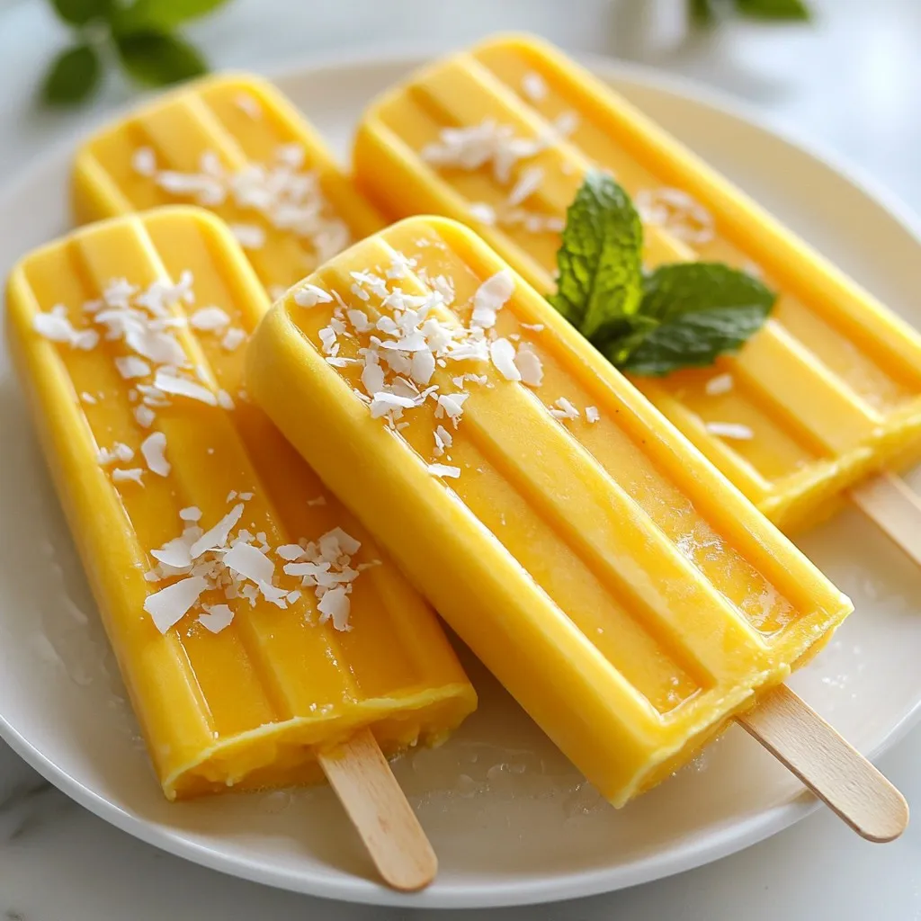 To make Coconut Mango Popsicles, you will need: - 2 ripe mangoes, peeled and diced - 1 can (400ml) coconut milk - 1/4 cup honey or agave syrup (adjust to your preferred sweetness) - 1 tablespoon freshly squeezed lime juice - 1 teaspoon pure vanilla extract - Pinch of sea salt - Optional: toasted coconut flakes for a decorative garnish These ingredients create a creamy and fruity treat that is perfect for warm days. If you need alternatives for any ingredients, here are some options: - Use any ripe fruit, like pineapples or peaches, instead of mangoes. - Swap honey for maple syrup or another sweetener if you prefer. - Coconut cream can replace coconut milk for a richer flavor. - For a tangy twist, try lemon juice instead of lime juice. - Use a sugar substitute if you want a low-sugar option. Each popsicle is not only tasty but also nutritious. Here’s a quick breakdown per popsicle: - Calories: Approximately 120 - Carbohydrates: 20g - Protein: 1g - Fat: 5g - Sugar: 10g - Fiber: 1g These popsicles offer a refreshing way to enjoy fruit and healthy fats from coconut milk. Enjoy this guilt-free treat on a hot day! {{ingredient_image_2}} First, gather your ingredients. You need: - 2 ripe mangoes, peeled and diced - 1 can (400ml) coconut milk - 1/4 cup honey or agave syrup - 1 tablespoon freshly squeezed lime juice - 1 teaspoon pure vanilla extract - Pinch of sea salt - Optional: toasted coconut flakes Next, peel the mangoes. Cut them into small cubes. Make sure they are ripe. Ripe mangoes taste sweet and smooth. Now, place the diced mangoes into a blender. Add the coconut milk, honey or agave syrup, lime juice, vanilla extract, and salt. Blend all these ingredients on high speed. Keep blending until the mixture is smooth and creamy. You should not see any chunks of mango. After blending, taste the mixture. If it's not sweet enough, add more honey or agave syrup. Blend again for just a few seconds to mix it well. Carefully pour the blended mixture into the popsicle molds. Fill them almost to the top but leave a small gap. This gap helps when the popsicles expand while freezing. Insert the popsicle sticks into the molds. Make sure they are straight and centered. Place the molds in the freezer. Let the popsicles freeze for at least 6 hours. They need to be fully solid before you remove them. To take the popsicles out, run warm water over the outside of the molds for a few seconds. This step helps loosen the popsicles. Gently pull them out. Be careful not to break them. If you want, roll the popsicles in toasted coconut flakes before serving. It adds flavor and looks great! To get a smooth and creamy popsicle, blend the mangoes and coconut milk well. Start with ripe mangoes. They should be soft and sweet. If you see chunks after blending, keep mixing until smooth. Adding a pinch of salt helps balance the flavors too. Taste your mixture before freezing. If it’s not sweet enough, add more honey or agave syrup. Blend again for a few seconds to mix. Remember, sweetness can change once frozen, so it may taste less sweet after freezing. Make your popsicles look beautiful! Serve them on a wooden board or in bright cups. Roll them in toasted coconut flakes for extra texture. Add fresh mint leaves for color and freshness. These small touches make your treat even more appealing! Pro Tips Use Frozen Mangoes: For an extra creamy texture, you can use frozen mangoes instead of fresh ones. This also helps the popsicles freeze faster. Experiment with Flavors: Feel free to add other fruits like pineapple or passion fruit for a tropical twist. Just make sure to keep the ratios similar. Make it Vegan: Substitute honey with maple syrup or agave syrup if you want to keep this recipe vegan-friendly. Storage Tips: Store the popsicles in an airtight container or wrap them in plastic wrap to prevent freezer burn and maintain their flavor. {{image_4}} You can jazz up your coconut mango popsicles with other fruits. Add diced pineapple, kiwi, or berries. These fruits blend well with mango and coconut. They bring extra flavors and colors. Try mixing in a cup of any fruit you love. This adds a fun twist to your popsicles. If you want a dairy-free treat, use coconut milk. It gives a creamy texture without dairy. You can also try almond or cashew milk. These milks work well and keep the popsicles rich and smooth. Just make sure to pick unsweetened options if you want to control the sugar. Add bright flavors to your popsicles with simple infusions. A splash of lime juice gives a zesty kick. You can also mix in fresh mint for a refreshing touch. Just chop the mint finely and blend it with the other ingredients. These additions make your popsicles even more exciting and delicious. To store leftover popsicles, keep them in their molds. If you have space, cover the molds with plastic wrap. This helps prevent ice crystals. If you take them out of the molds, place them in an airtight container. You can also wrap each popsicle in wax paper. This will keep them from sticking together. Set your freezer to 0°F (-18°C) or lower. This temperature helps popsicles freeze solid. Make sure to place the popsicles on a flat surface in the freezer. Avoid stacking them until they are fully frozen. This keeps them from losing their shape. If your freezer has a lot of items, check that air circulates well around the popsicles. Coconut mango popsicles last about 4 to 6 weeks in the freezer. After this time, they may lose flavor and texture. To keep them fresh, label the container with the date made. When you are ready to enjoy, check for any freezer burn. If you see it, the popsicles may not taste as good. Always use your senses to judge freshness. It takes about 6 hours to freeze popsicles. This allows them to become solid and tasty. If you want them ready faster, you can freeze them overnight. Just remember to plan ahead! Yes, you can use frozen mango! Frozen mango works well in this recipe. It adds great flavor and makes the popsicles super creamy. Just make sure to let the mango thaw a bit before you blend. To remove popsicles, run warm water over the molds for a few seconds. This helps loosen them. Gently pull the popsicles out. If you do this carefully, they won’t break. Enjoy your homemade treats! In this blog post, we explored all aspects of making popsicles. We covered the ingredients, including substitutions and the nutritional info. You learned the step-by-step process from preparation to freezing. We also shared tips for perfect texture and ways to adjust sweetness. Variations let you explore flavors like tropical fruits and mint. Finally, we discussed how to store leftovers effectively. Enjoy your popsicle-making journey, and remember that creativity adds flavor!
