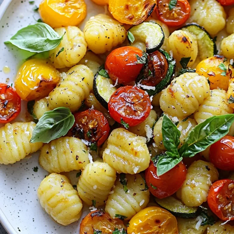 - 1 package (16 oz) potato gnocchi - 1 medium zucchini, sliced into half-moons - 1 bell pepper (any color), diced - 1 cup cherry tomatoes, halved - 1 large yellow onion, sliced into thin rounds - 3 cloves garlic, minced - 2 tablespoons extra virgin olive oil Potato gnocchi is the star here. It’s soft and pillowy, perfect for roasting. Fresh vegetables bring color and flavor. Zucchini gives a nice crunch, while bell pepper adds sweetness. Cherry tomatoes burst with juice, and onion gives depth. Garlic enhances all these tastes with its warm aroma. - 1 teaspoon Italian seasoning blend - Salt and freshly ground black pepper, to taste - Fresh basil leaves, for garnishing - Grated parmesan cheese, for serving (optional) The Italian seasoning blend adds a classic touch. Salt and pepper are key for flavor balance. Fresh basil leaves brighten up the dish, adding a pop of green. If you like cheese, sprinkle some grated parmesan on top for richness. This dish combines simple ingredients for a delicious meal. {{ingredient_image_2}} First, I preheat the oven to 425°F (220°C). This temperature helps the gnocchi and veggies cook well. Next, I take a large baking sheet and arrange the sliced zucchini, diced bell pepper, halved cherry tomatoes, and onion rings in an even layer. This step ensures that everything roasts evenly. Now comes the fun part! I drizzle two tablespoons of extra virgin olive oil over the veggies. Then, I sprinkle in the Italian seasoning, salt, and black pepper. I use my hands or a spatula to toss the vegetables until they are well coated. After that, I gently fold in the potato gnocchi, making sure they mix nicely with the veggies. I spread everything out in a single layer on the baking sheet for the best roasting. I place the baking sheet in the oven and let it roast for 20-25 minutes. Halfway through, I give it a good stir to ensure even cooking. This way, the veggies get tender and caramelized while the gnocchi turn lightly golden. Once the roasting is done, I carefully remove the baking sheet from the oven. I sprinkle the minced garlic over the hot mixture and let it sit for about 5 minutes. This resting time lets the garlic flavor infuse without burning. When ready, I serve the dish hot, adding fresh basil leaves on top for color and flavor. If I want a rich taste, I finish with a drizzle of grated parmesan cheese. To achieve even cooking, spread the vegetables and gnocchi in a single layer. This helps the heat reach all parts of the dish. Stir the mixture halfway through roasting to ensure every piece gets that golden touch. Resting the dish for about five minutes is key. This allows the garlic to infuse its flavor without burning. It also helps the gnocchi and veggies settle, making each bite more delicious. For a nice presentation, serve the gnocchi and veggies in shallow bowls. This shows off the colorful mix. Add a few whole basil leaves on top. This gives an elegant touch to your plate. Pair this dish with a light salad or crusty bread. A fresh green salad balances the richness of the gnocchi. You could also serve it with roasted chicken or fish for a complete meal. Pro Tips Use Fresh Vegetables: Fresh vegetables not only enhance the flavor but also add vibrant colors to your dish. Choose seasonal produce for the best taste. Don’t Overcrowd the Pan: Ensure that your vegetables and gnocchi are spread out in a single layer. This allows for proper roasting and prevents sogginess. Mix in Some Heat: For a spicy kick, consider adding red pepper flakes or sliced jalapeños to the vegetable mix before roasting. Experiment with Seasonings: While Italian seasoning is great, feel free to mix it up with fresh herbs like thyme or rosemary, or even a sprinkle of smoked paprika for added depth. {{image_4}} You can switch out vegetables in this recipe. Try using asparagus or broccoli for a fresh twist. Both add great flavor and texture. Seasonal veggies also work well. In spring, use peas or radishes. In fall, consider squash or Brussels sprouts. Each choice brings new tastes to the dish. Herbs and spices can boost the taste of your meal. Try adding fresh thyme or rosemary for a fragrant kick. For a spicy touch, sprinkle in some red pepper flakes. You can also include proteins to make it heartier. Chicken or tofu blends nicely with the gnocchi and veggies. Both add protein and keep the meal filling. Feel free to mix and match! To store leftovers, let the dish cool down first. Transfer the gnocchi and veggies to an airtight container. This keeps them fresh and safe. You can store it in the fridge for up to three days. Make sure you label the container with the date. This helps you track how long it has been stored. For reheating, I recommend using an oven or a skillet. Preheat your oven to 350°F (175°C) and place the leftovers on a baking sheet. Heat for about 10-15 minutes. This method keeps the gnocchi and veggies crisp. If you use a skillet, add a splash of water to help steam the mixture. Cover it to maintain moisture. Reheat on medium heat for about 5-7 minutes. This helps restore the texture and flavor. Enjoy your tasty leftovers! Yes, you can use frozen gnocchi. Frozen gnocchi saves time and works great. Just toss the frozen gnocchi directly with the vegetables. There’s no need to thaw them first. The cooking time may be a bit longer, so check for doneness. Fresh gnocchi tends to be softer, while frozen has a firmer bite. You can serve this dish with a light salad. A simple green salad adds freshness. You might also enjoy crusty bread on the side. Garlic bread pairs well too, adding a crunchy texture. For protein, grilled chicken or shrimp complements the meal nicely. Regular potato gnocchi is not gluten-free. However, you can find gluten-free gnocchi options. Look for those made from rice or chickpeas. Always check labels to be sure. Pair your gluten-free gnocchi with fresh vegetables, just like in the recipe. Enjoy a tasty meal without gluten! This blog post covered a tasty potato gnocchi dish with fresh vegetables. We explored each step, from prepping the oven to serving the meal. Use fresh ingredients for the best flavor, and don’t forget the seasonings. I shared tips on cooking, storing leftovers, and how to customize the dish. Remember, you can always swap veggies or add proteins to make it your own. Enjoy your cooking adventure and make it a fun experience. Happy roasting!