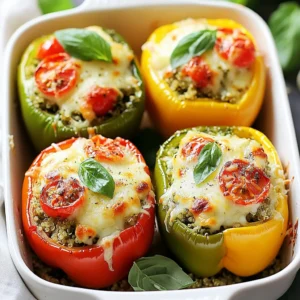 To make Pesto Chicken Stuffed Peppers, you need a few simple ingredients. Here’s the full list: - 4 large bell peppers (any color) - 2 cups cooked chicken, shredded (rotisserie recommended) - 1 cup basil pesto (store-bought or homemade) - 1 cup cooked quinoa or brown rice - 1 cup cherry tomatoes, halved - 1 cup mozzarella cheese, shredded - ½ cup grated Parmesan cheese - Salt and pepper to taste - Fresh basil leaves for garnish These ingredients are easy to find at any store. The bell peppers can be red, green, yellow, or orange. Each color will add its own flavor and sweetness. I often go for the colorful mix for a beautiful dish. For the chicken, using rotisserie is quick and saves time. If you have leftover chicken, that works too. The basil pesto brings a rich taste. You can buy it or make your own if you prefer. Quinoa or brown rice adds good texture and is healthy too. The cherry tomatoes give a fresh burst of flavor. I love how the mozzarella cheese melts and makes the dish creamy. The Parmesan cheese adds a nice savory touch on top. Don’t forget the salt and pepper! They help balance all the flavors. Finally, fresh basil leaves add a pop of color and aroma when you serve the dish. This mix of ingredients creates a tasty, wholesome meal. Each bite is filled with flavor and good nutrition. Cooking with these ingredients makes me feel like a chef in my own kitchen. {{ingredient_image_2}} 1. Preheat the oven to 375°F (190°C). This will help cook the peppers evenly. 2. Prepare the bell peppers by cutting off their tops. Remove the seeds inside. Make sure they are clean. 3. Stand the peppers upright in a baking dish. This keeps them stable while baking. 1. In a bowl, mix the shredded chicken, basil pesto, cooked quinoa or rice, halved cherry tomatoes, and shredded mozzarella cheese. 2. Season the mix with salt and pepper. Stir it all together until well combined. 3. Carefully fill each pepper with the chicken mixture. Pack it in well. Top each pepper with grated Parmesan cheese. 1. Cover the dish with foil. This helps the peppers steam and soften while baking. 2. Place the dish in the oven and bake for 25 minutes. 3. After 25 minutes, remove the foil. Bake for another 10-15 minutes. Watch for the cheese to melt and bubble. 4. Once done, take the dish out of the oven. Let the peppers cool for a few minutes before serving. To ensure your stuffed peppers cook well, cover the dish with foil. This traps steam and helps the peppers cook evenly. You can check if they are done by looking at the cheese. When the cheese bubbles and turns golden, it's time to take them out. Remember, the baking time may change based on the size of your peppers. Larger peppers will need a bit more time, while smaller ones may cook faster. Want to take the flavor up a notch? Try adding garlic or onion to your filling. These ingredients offer a great base for extra taste. You can also mix in spices like Italian seasoning or red pepper flakes. This adds a nice kick to the dish. Don’t be afraid to experiment with flavors you love! When it's time to serve, use fresh basil as a garnish. It adds a lovely touch and bright color to your dish. For a beautiful plate, serve the stuffed peppers on a bed of fresh greens or with a mixed salad. This not only looks great but also adds freshness to the meal. Pro Tips Choose Colorful Peppers: Using a mix of red, yellow, and green bell peppers not only adds visual appeal but also enhances the flavor profile of your dish. Customize Your Filling: Feel free to add other ingredients like black beans, corn, or spinach to the filling for additional flavor and nutrition. Make Ahead: Prepare the stuffed peppers in advance and store them in the fridge. Just bake them when you're ready to serve for a quick meal. Experiment with Cheese: Try different types of cheese, such as feta or cheddar, for a unique twist on the traditional recipe. {{image_4}} You can change the chicken to suit your taste. Ground turkey or beef works well. If you want a plant-based option, try using tofu. Each choice gives a unique flavor. You can still enjoy the same great taste. The grain in this dish is flexible. Instead of quinoa, you can use couscous. Brown rice is another hearty option. Both keep the meal filling and tasty. They also add their own charm to the dish. For a meat-free meal, swap the chicken for chickpeas. This option packs in protein while keeping it plant-based. You can also replace cheese with vegan alternatives. This way, everyone can enjoy these stuffed peppers, regardless of their diet. After you enjoy your Pesto Chicken Stuffed Peppers, store any leftovers in an airtight container. This keeps them fresh and tasty. Use them within 3-4 days for the best flavor and quality. If you want to save some for later, you can freeze the stuffed peppers. Just make sure they cool down first. Wrap each pepper in plastic wrap and then place them in a freezer-safe bag. This will help keep them safe from freezer burn. When you are ready to eat them, take them out of the freezer. Let them thaw in the fridge overnight. To reheat, place them in a preheated oven at 375°F (190°C) for about 25-30 minutes. This brings back their delicious flavor and texture. Keep an eye on them to ensure they are heated through. Enjoy! Yes, you can use frozen peppers for stuffed peppers. Frozen peppers lose some crunch but still taste great. To prepare, thaw them first. Rinse under water, then pat them dry. This helps remove extra moisture. Once thawed, slice off the tops and remove seeds like fresh peppers. Fill them with your chicken mixture and bake as usual. Pesto Chicken Stuffed Peppers pair well with many sides. Here are a few ideas: - A simple green salad with mixed greens - Roasted vegetables for added flavor - Garlic bread for a comforting touch - Quinoa or brown rice for extra carbs These sides create balance and enhance the meal's taste. Yes, you can make stuffed peppers ahead of time. Prepare the filling and stuff the peppers. Then, cover and refrigerate them for up to 24 hours. When you are ready, bake them straight from the fridge. If you freeze them, allow them to thaw overnight. Then, bake as directed. This makes meal prep easy and fun! Cooking Pesto Chicken Stuffed Peppers is simple and fun. You learned the key ingredients and steps. From choosing the right peppers to flavorful protein swaps, you have great options. Remember to check for doneness by watching the cheese. Keep leftovers stored properly for tasty meals later. You can also try creative sides to enhance your dish. Now, it’s time to enjoy your delicious stuffed peppers and impress friends and family with your cooking skills.