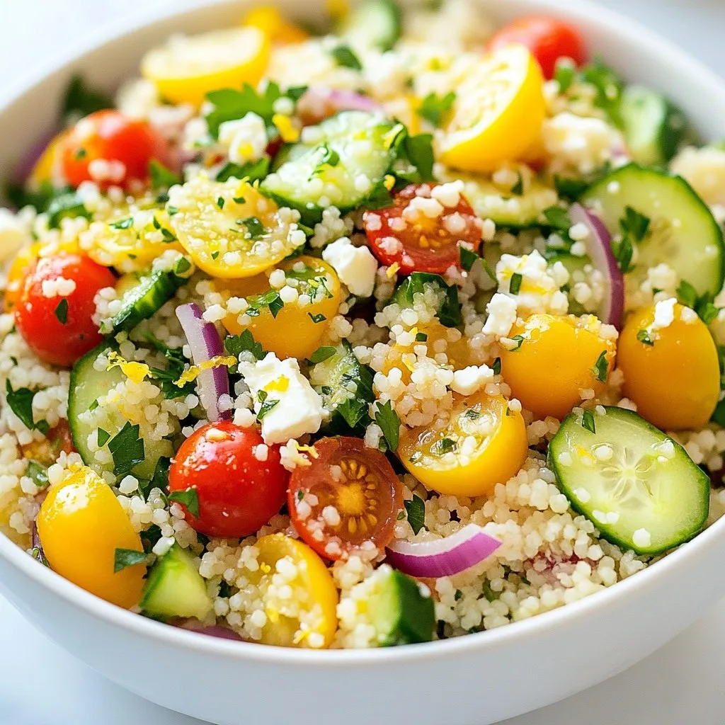 - 1 cup couscous - 1 1/4 cups vegetable broth or water - 1 cup cherry tomatoes, halved - 1 cucumber, diced - 1/2 red onion, finely chopped - 1/2 cup fresh parsley, chopped - 1/4 cup fresh mint leaves, chopped Couscous is the star of this dish. It cooks fast and has a light texture. I use vegetable broth for added flavor. The veggies bring color and crunch. Cherry tomatoes add sweetness, while cucumbers add freshness. Red onions give a nice bite. Fresh parsley and mint add brightness to every bite. - Zest and juice of 1 lemon - 3 tablespoons extra virgin olive oil - Salt and freshly cracked black pepper, to taste You can't skip the dressing! The lemon zest and juice give it a bright taste. Olive oil adds richness. A pinch of salt and pepper rounds out the flavors. Whisk them together for a smooth dressing that makes the salad shine. - 1/2 cup feta cheese, crumbled Feta cheese is a tasty option. It brings creaminess and a salty kick. You can add it to make the dish more filling. If you want a vegan salad, skip the cheese. The salad will still taste great! {{ingredient_image_2}} First, bring 1 1/4 cups of vegetable broth or water to a boil in a medium pot. You want it to bubble nicely. Once it boils, add 1 cup of couscous. Then, take the pot off the heat. Cover it with a lid and let it sit for about 5 minutes. This step lets the couscous soak up the liquid. After 5 minutes, fluff the couscous with a fork. This will help separate the grains. Set it aside to cool completely. In a large mixing bowl, combine the cooled couscous with your fresh veggies. Add 1 cup of halved cherry tomatoes, 1 diced cucumber, and 1/2 finely chopped red onion. Then, add 1/2 cup of chopped parsley and 1/4 cup of chopped mint leaves. Mix gently so you don’t smash the veggies. Next, whisk together the dressing in a small bowl. Use the zest and juice of 1 lemon, 3 tablespoons of extra virgin olive oil, and a pinch of salt and pepper. Whisk until it’s well combined. Now, drizzle the dressing over the couscous mixture. Carefully toss everything together. You want the couscous to be fully coated with the dressing. If you like, sprinkle 1/2 cup of crumbled feta cheese on top for an extra flavor boost. For the best taste, let the salad sit for at least 15 minutes before serving. This time helps the flavors mix well together. Enjoy your fresh and flavorful lemon herb couscous salad! To boost the flavor of your Lemon Herb Couscous Salad, consider adding more herbs. Fresh dill or basil can add a new twist. You can also sprinkle in a bit of cumin or smoked paprika for warmth. Adjusting seasoning is easy too. Start with a pinch of salt and pepper, then taste. Add more if needed, but go slow. You want to enhance the dish, not overpower it. Serving your salad in a large, shallow bowl makes it look great. This allows the colors to shine. To make it even prettier, garnish with mint leaves and lemon wedges. This adds a fresh touch and makes it pop on the table. Use a lemon wedge on the side for a splash of color. It also invites guests to squeeze more lemon juice on top if they want. Prepping your ingredients ahead of time can save you a lot of hassle. Chop your veggies and herbs the day before. Store them in the fridge to keep them fresh. If you have leftover couscous from another meal, use it here. It cuts down on cooking time and makes this salad come together quickly. Pro Tips Choose High-Quality Olive Oil: Using a good quality extra virgin olive oil enhances the flavor of your dressing and adds richness to the salad. Let It Rest: Allowing the salad to sit for at least 15 minutes before serving allows the flavors to meld and develop, making each bite more delicious. Customize Your Greens: Feel free to mix in other fresh greens like arugula or spinach for added texture and nutrition. Prepare Ahead of Time: This salad can be made a few hours in advance. Just keep it refrigerated and add the feta just before serving to keep it fresh. {{image_4}} You can make your Lemon Herb Couscous Salad even heartier. Add grilled chicken, shrimp, or chickpeas. Each option gives a new taste and texture. If you choose grilled chicken, slice it thinly and place it on top. Shrimp can be sautéed with lemon and herbs for extra flavor. For a plant-based choice, chickpeas offer protein and fiber. They mix well with the fresh ingredients. Change up the vegetables based on what’s in season. In summer, add sweet corn or bell peppers. These veggies bring a crunch and sweetness to the salad. In the fall, try roasted butternut squash or diced apples. Both choices add warmth and a hint of sweetness. Seasonal swaps keep the salad fresh and exciting. Experiment with different dressings to change the flavor. A tahini dressing adds a creamy, nutty taste. Just mix tahini with lemon juice and a bit of water for the right consistency. Alternatively, use balsamic vinaigrette for a tangy twist. Each dressing gives a different feel to the dish. Play around to find your favorite! To keep your Lemon Herb Couscous Salad fresh, store it in an airtight container. This helps keep moisture in and prevents other smells from your fridge. The salad stays fresh for about three days when refrigerated. If you see any signs of spoilage, like odd smells or slimy veggies, it’s best to toss it out. You can freeze couscous salad, but it may change the texture. To freeze, place the salad in a freezer-safe container. Leave some space at the top for expansion. It’s best to eat the frozen salad within two months for the best taste. When ready to eat, thaw it in the fridge overnight. If you serve the salad cold, you can easily refresh it. Just add a splash of olive oil and a bit of lemon juice to brighten the flavors. Toss the salad gently to mix everything well. This will help revive the taste and texture, making it feel fresh again. If you want a change from couscous, try quinoa. It has a nice texture and is high in protein. You can also use rice or bulgur. Both work well in this salad. Rice has a softer feel, while bulgur adds a hearty bite. Each substitute brings its own flavor, so choose what you like best. Couscous is not gluten-free, so if that’s a concern, go for quinoa or rice. Both are great gluten-free options. Quinoa is packed with nutrients and has a nutty taste. Rice is mild and works well with many flavors. Just make sure to check the labels for any cross-contamination if you are very sensitive to gluten. To make this salad vegan, simply leave out the feta cheese. You can add more vegetables or nuts for extra texture and flavor. Avocado slices can also add creaminess without dairy. Use a good quality olive oil and fresh lemon juice for a vibrant taste. This way, everyone can enjoy this fresh and tasty dish! This blog post guides you through creating a tasty couscous salad. You learned the main ingredients, step-by-step instructions, and tips for flavor and presentation. We've discussed various ways to customize the salad with proteins, seasonal veggies, and dressings. Plus, we covered storage tips to keep your salad fresh. In the end, this salad is simple, fun, and flexible. It’s perfect for any meal. Try it and enjoy all the flavors!
