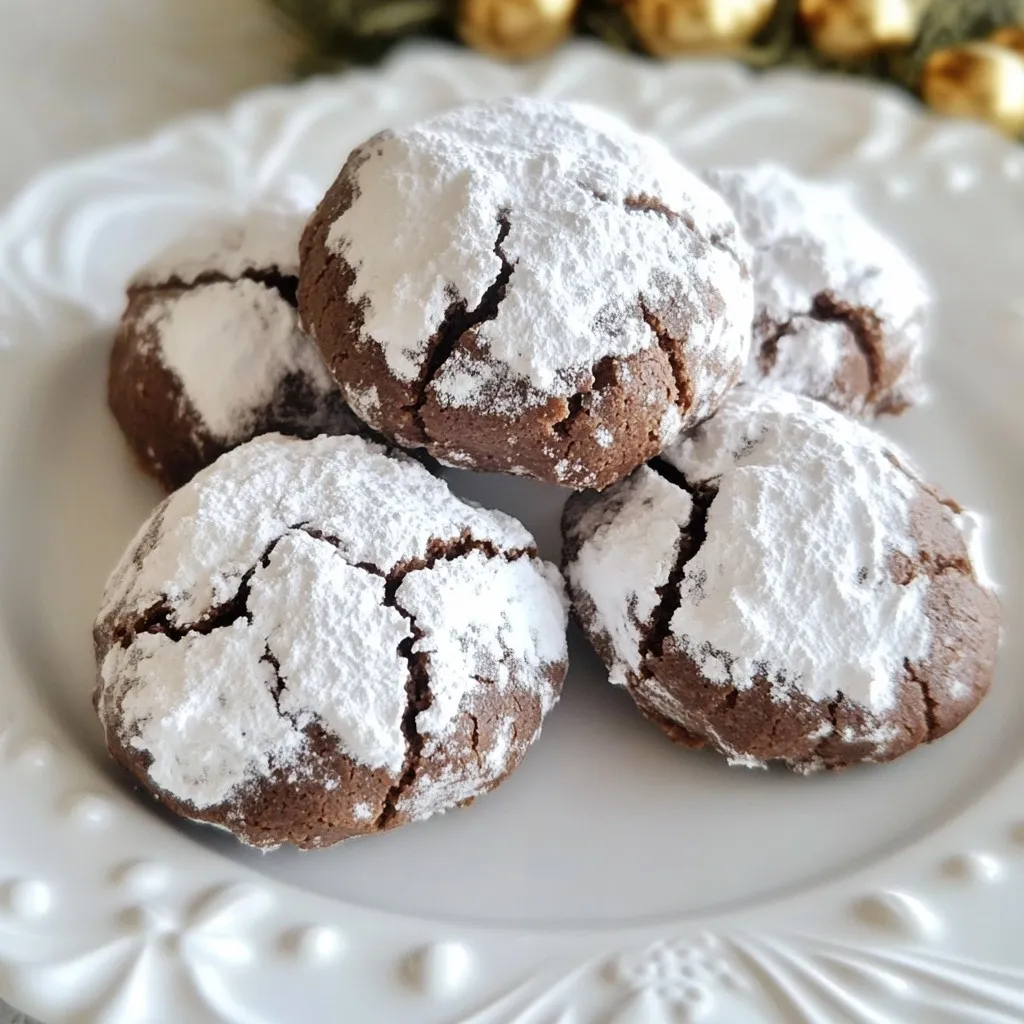 To make these classic chocolate crinkle cookies, you will need: - 1 cup granulated sugar - 1/2 cup packed light brown sugar - 1/2 cup vegetable oil - 2 large eggs - 2 teaspoons pure vanilla extract - 1 cup all-purpose flour - 1/3 cup unsweetened cocoa powder - 1 teaspoon baking powder - 1/2 teaspoon fine salt - 1/2 cup powdered sugar (for dusting) These ingredients come together to create a rich, fudgy cookie with that signature crinkle on top. You can add some fun twists to your classic recipe: - 1/2 cup chocolate chips for extra gooeyness - 1/2 teaspoon instant coffee for depth of flavor - A pinch of sea salt on top for a sweet and salty mix These optional ingredients can make your cookies even more special. If you need swaps, here are some ideas: - Use coconut oil instead of vegetable oil for a slight coconut taste - Substitute maple syrup for granulated sugar for a different sweetness - Use gluten-free flour instead of all-purpose flour for a gluten-free option These substitutions allow you to customize the cookies to your taste and dietary needs. {{ingredient_image_2}} Start by preheating your oven to 350°F (175°C). This step is key for even baking. Next, grab a large bowl. Combine 1 cup of granulated sugar, 1/2 cup of light brown sugar, and 1/2 cup of vegetable oil. Whisk or mix until smooth. Add 2 large eggs, one at a time. Mix well after each egg to blend properly. Then, stir in 2 teaspoons of pure vanilla extract for flavor. In another bowl, sift together 1 cup of all-purpose flour, 1/3 cup of unsweetened cocoa powder, 1 teaspoon of baking powder, and 1/2 teaspoon of fine salt. Sifting helps make the cookies light. Gradually fold this dry mix into the wet batter. Be gentle and stop when just combined. A few streaks of flour are okay. Cover the bowl with plastic wrap. Place it in the fridge for about 30 minutes. Chilling helps the dough firm up. This makes it easier to shape later on. It also helps the cookies keep their shape when baking. Use this time to clean up your workspace or prepare your baking sheet. After chilling, scoop out small pieces of dough with a tablespoon. Roll each piece into a ball, about 1 inch in diameter. Roll these balls in powdered sugar until fully coated. This sugar will create the lovely crinkle effect during baking. Place the dough balls on your lined baking sheet, spaced about 2 inches apart. Bake in your preheated oven for 10-12 minutes. The edges should feel firm, but the centers should look soft. This gives the cookies their gooey center. Once baked, let them cool on the baking sheet for 5 minutes. Then, transfer them to a wire rack to cool completely. Enjoy your delicious treats! To get that beautiful crinkle on your cookies, make sure to coat them well in powdered sugar. Roll them until they are fully covered. This sugar layer cracks during baking, creating a stunning look. Bake them just until the edges are firm but the centers are soft. This balance helps the crinkle appear perfectly. One common mistake is overmixing the dough. Mix until just combined; it's fine if some flour shows. Another error is skipping the chilling step. Chilling the dough makes it easier to handle and helps with the crinkle effect. Finally, don’t crowd the baking sheet. Space the cookie balls about 2 inches apart to allow for spreading. For this recipe, you will need: - Mixing bowls - Whisk or electric mixer - Measuring cups and spoons - Sifter (for dry ingredients) - Baking sheet - Parchment paper - Wire rack (for cooling) These tools help ensure your cookies bake evenly and turn out just right. Pro Tips Chill the Dough: Always chill the dough for at least 30 minutes. This helps the cookies maintain their shape and enhances the flavors. Use Quality Cocoa: Opt for high-quality unsweetened cocoa powder. It makes a noticeable difference in the chocolate flavor of your cookies. Don’t Overbake: Keep an eye on the cookies as they bake; they should look slightly underbaked in the center. They will continue to firm up as they cool. Experiment with Add-ins: Feel free to add chocolate chips, nuts, or dried fruit to the dough for added texture and flavor. {{image_4}} You can easily change the flavor of your chocolate crinkle cookies. Adding nuts or chocolate chips gives them a fun twist. Try using 1/2 cup of chopped walnuts or pecans for a nice crunch. If you love chocolate, add 1/2 cup of semi-sweet chocolate chips. Fold these into the dough after mixing the dry and wet ingredients. This way, you keep the soft center and enjoy tasty bits with every bite. Want to try something new? You can add different flavors to your cookies! For a minty touch, add 1 teaspoon of peppermint extract to the wet ingredients. This will give your cookies a refreshing taste. If you prefer fruity flavors, use 1 teaspoon of orange zest instead. Both options add a new layer of flavor while keeping the cookies delicious. If you need gluten-free cookies, I have a simple swap for you. Replace the all-purpose flour with a gluten-free flour blend. Look for one that has a good mix of flours. Make sure it includes xanthan gum, which helps bind the cookies. This way, you can enjoy the same great taste without gluten. To keep your chocolate crinkle cookies fresh, store them in an airtight container. This helps maintain their soft texture and rich flavor. You can layer the cookies with parchment paper to prevent sticking. Place the container in a cool, dry place, away from sunlight. This method keeps your cookies tasty for days. Freezing chocolate crinkle cookies is easy and effective. First, let the cookies cool completely. Then, place them in a single layer on a baking sheet. Freeze for about an hour until firm. After that, transfer the cookies to a freezer bag. Be sure to remove as much air as possible. This way, they stay fresh for up to three months. Baked chocolate crinkle cookies last about one week at room temperature. If you keep them in the fridge, they can last about two weeks. Cookies may dry out faster in the fridge, so use an airtight container. If frozen, they can stay fresh for three months. Enjoy them fresh or thaw them out when you are ready to eat! Chocolate crinkle cookies stand out due to their unique look and rich taste. The outside has a soft, cracked surface that resembles a crinkle. This look comes from rolling the dough in powdered sugar before baking. The inside remains chewy and fudgy, giving you a delightful contrast. The combination of granulated and brown sugar adds sweetness and depth. The cocoa powder brings a deep chocolate flavor that makes these cookies irresistible. Yes, you can make chocolate crinkle cookies in advance. Prepare the dough and chill it as directed. After chilling, you can store the dough in the fridge for up to three days. Alternatively, you can freeze the dough balls for up to three months. When ready to bake, just roll them in powdered sugar and bake straight from the freezer. This makes it easy to enjoy fresh cookies whenever you like! To check if your cookies are done, look for firm edges. The centers should appear soft and puffed. They will firm up as they cool. Bake for 10-12 minutes, but keep an eye on them. If the tops have a nice crack and look slightly set, they are ready. Remember, underbaking slightly gives you that gooey texture which everyone loves! In this post, we covered the key ingredients for chocolate crinkle cookies, how to prepare and bake them, and important tips to avoid mistakes. We also explored fun variations and easy storage methods. Remember, the right ingredients and steps lead to tasty results. Enjoy experimenting with flavors and perfecting your cookies. With practice, you'll impress everyone with your baking skills. Now, you have the knowledge to make amazing chocolate crinkle cookies. Happy baking!