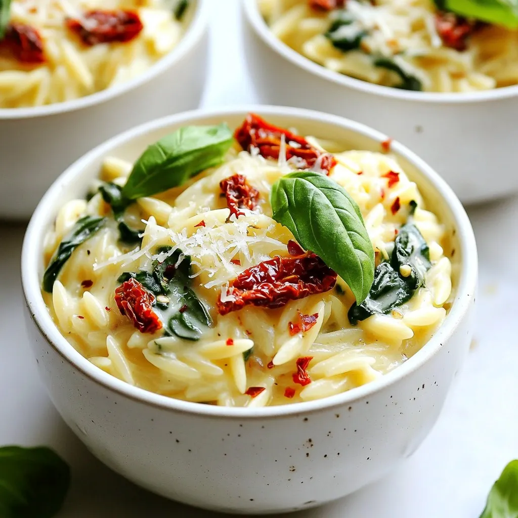 To make Creamy Sun-Dried Tomato Orzo, gather these items: - 1 cup orzo pasta - 2 cups vegetable broth - 1/2 cup sun-dried tomatoes, chopped (preferably in oil, and drained) - 1 cup heavy cream or coconut cream (for a dairy-free alternative) - 1 cup fresh spinach, roughly chopped - 1/2 cup grated Parmesan cheese (or nutritional yeast for a vegan option) - 2 cloves garlic, minced - 2 tablespoons olive oil - 1 teaspoon dried basil - Salt and black pepper to taste - Fresh basil leaves for garnish You can change some ingredients to fit your diet or taste: - Use quinoa or rice instead of orzo for a gluten-free option. - Swap heavy cream with cashew cream for a lighter choice. - If you dislike spinach, try kale or Swiss chard. - For a bolder flavor, use feta cheese instead of Parmesan. Choosing great ingredients is key to a tasty dish: - Look for bright, vibrant sun-dried tomatoes. They should not look dull or dry. - Select fresh spinach with deep green leaves. Avoid any yellow or wilted ones. - Choose high-quality olive oil for better flavor. Extra virgin is always a good pick. - When picking garlic, choose firm cloves with no sprouting. Fresh garlic gives the best taste. {{ingredient_image_2}} Start by gathering all your ingredients. This makes cooking smooth and easy. You will need: - 1 cup orzo pasta - 2 cups vegetable broth - 1/2 cup sun-dried tomatoes, chopped - 1 cup heavy cream or coconut cream - 1 cup fresh spinach, roughly chopped - 1/2 cup grated Parmesan cheese - 2 cloves garlic, minced - 2 tablespoons olive oil - 1 teaspoon dried basil - Salt and black pepper to taste - Fresh basil leaves for garnish This list will help you stay organized. 1. Heat the olive oil in a medium saucepan over medium heat. Wait until it’s hot. 2. Add the minced garlic and sauté for one minute. Watch closely so it doesn’t burn. 3. Add the chopped sun-dried tomatoes next. Cook them for 2-3 minutes to bring out their flavor. 4. Now, add the orzo pasta along with the vegetable broth. Bring this to a boil. 5. Once boiling, lower the heat and cover the pan. Let it simmer for 10-12 minutes until the orzo is tender. 6. Pour in the heavy cream (or coconut cream) and stir well. Mix it with the pasta. 7. Add the fresh spinach, Parmesan cheese, dried basil, and season with salt and pepper. 8. Stir until the spinach wilts and the cheese melts. This creates a rich and creamy dish. 9. Taste your orzo and adjust the seasoning if needed. Add more salt and pepper if you want. Ladle the creamy sun-dried tomato orzo into bowls. For a pop of color, garnish with fresh basil leaves. This adds flair and flavor. For a nice touch, serve in shallow bowls. You can sprinkle some extra Parmesan or nutritional yeast on top. This makes your dish look and taste even better. When making creamy sun-dried tomato orzo, avoid overcooking the pasta. Orzo cooks fast, so check it often. If you cook it too long, it can turn mushy. Also, be careful with salt. Sun-dried tomatoes and broth can be salty. Taste as you go. Lastly, don’t skip the garlic. It adds great flavor, so use fresh minced garlic. To cook orzo perfectly, start with boiling water. Then add a pinch of salt before the orzo. Stir it well to prevent sticking. As it cooks, reduce the heat when it starts boiling. Cover the pan to keep the steam in, which helps it cook evenly. Once tender, drain any extra liquid. This keeps your orzo from being watery. For better flavor, use fresh herbs like basil. Fresh basil leaves add a bright touch. If you want a kick, try adding red pepper flakes. You can also mix in other spices like oregano or thyme. If you want creaminess, coconut cream works great for a dairy-free option. Experiment to find what you love best! Pro Tips Use Quality Sun-Dried Tomatoes: Opt for sun-dried tomatoes packed in oil for a richer flavor and better texture in your dish. Customize the Creaminess: Adjust the amount of cream to suit your taste; for a lighter dish, use less cream or substitute with a splash of vegetable broth. Fresh Spinach Alternative: If fresh spinach is unavailable, you can use frozen spinach; just make sure to thaw and drain it well before adding. Leftover Storage: Store leftovers in an airtight container in the fridge for up to 3 days. Reheat gently on the stove with a splash of broth to restore creaminess. {{image_4}} You can easily make this dish vegetarian or vegan. Use coconut cream instead of heavy cream. For cheese, swap Parmesan with nutritional yeast. This keeps the dish creamy and adds a nice cheesy flavor without dairy. You can also add more veggies like mushrooms or bell peppers for extra texture. Want to make your orzo heartier? Add protein! Cooked chicken or shrimp are great choices. Simply stir them in after adding the cream. This gives the dish a nice boost and makes it a full meal. For a plant-based option, try chickpeas or lentils. They add protein and fiber without meat. Feel free to use seasonal veggies in this recipe. In spring, add fresh peas or asparagus. In summer, try zucchini or cherry tomatoes. Fall is great for roasted butternut squash or kale. Each season brings new flavors, keeping your orzo exciting and fresh. Mixing in seasonal produce also helps you eat healthier. To store your creamy sun-dried tomato orzo, let it cool first. Use an airtight container. This keeps the dish fresh and safe. You can store it in the fridge for up to three days. Make sure the lid is tight to prevent air from getting in. When you're ready to eat leftovers, you can reheat them easily. Place the orzo in a pot over low heat. Add a splash of vegetable broth or cream to keep it creamy. Stir often to avoid sticking. Heat until warm, about five to seven minutes. You can also microwave it in a bowl. Cover it with a damp paper towel. Heat for 1-2 minutes, stirring halfway through. If you want to keep orzo longer, freezing is a great option. First, cool the dish completely. Then, transfer it to a freezer-safe container. Seal it tightly to prevent freezer burn. You can freeze it for up to three months. When you're ready to eat, thaw it overnight in the fridge. Reheat as mentioned above for the best taste. Yes, you can use other types of pasta. Penne or fusilli work well. Choose pasta with a similar cooking time to orzo. If you pick a larger pasta, adjust the cooking time. This ensures it cooks through and absorbs the flavors. To make this dish dairy-free, swap heavy cream for coconut cream. You can also use nutritional yeast instead of Parmesan cheese. This adds a cheesy taste without dairy. Fresh spinach and sun-dried tomatoes still bring great flavor to your meal! Absolutely! Adding vegetables boosts nutrition and taste. Try bell peppers, zucchini, or peas. Chop them small for even cooking. Add them when you add the spinach. This way, they cook just right and blend well with the flavors. In this post, we covered key ingredients, step-by-step cooking, and useful tips. You learned about ingredient swaps, prepping error-free, and serving ideas. Cooking orzo can be easy with the right techniques. Choose fresh ingredients for the best flavor. Remember to store leftovers properly for future meals. You now have the tools to create a tasty dish. Enjoy experimenting with different flavors, adding your spin to this classic recipe!