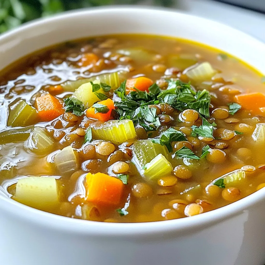 To make a delicious classic lentil soup, gather these key ingredients: - 1 cup green or brown lentils, thoroughly rinsed - 1 medium onion, finely diced - 2 medium carrots, peeled and diced - 2 celery stalks, diced - 3 cloves garlic, minced - 1 can (14 oz) diced tomatoes, with juice - 6 cups vegetable broth (preferably low-sodium) - 1 teaspoon ground cumin - 1 teaspoon dried thyme - 1 bay leaf - 2 tablespoons extra virgin olive oil - Salt and freshly ground black pepper to taste - Fresh parsley, roughly chopped for garnish These ingredients create a hearty and flavorful base for your soup. Lentils are the star, offering protein and fiber. You will also need some common pantry items: - Ground cumin - Dried thyme - Bay leaf - Extra virgin olive oil - Salt - Black pepper These staples help to deepen the flavor of your soup. The cumin and thyme add warmth, while the bay leaf gives a hint of earthiness. To elevate your soup, focus on these fresh ingredients: - Onion - Carrots - Celery - Garlic - Fresh parsley These fresh items add brightness and texture. The onion, carrots, and celery form a classic base known as mirepoix. Garlic brings a bold kick, while parsley adds a fresh finish. {{ingredient_image_2}} Start by gathering your ingredients. You will need: - 1 cup green or brown lentils, thoroughly rinsed - 1 medium onion, finely diced - 2 medium carrots, peeled and diced - 2 celery stalks, diced - 3 cloves garlic, minced - 1 can (14 oz) diced tomatoes, with juice - 6 cups vegetable broth (preferably low-sodium) - 1 teaspoon ground cumin - 1 teaspoon dried thyme - 1 bay leaf - 2 tablespoons extra virgin olive oil - Salt and freshly ground black pepper to taste - Fresh parsley, roughly chopped for garnish Make sure to rinse the lentils well. This removes dirt and debris. Dice the onion, carrots, and celery into small pieces. Mince the garlic finely to release its flavor. In a large pot, heat the extra virgin olive oil over medium heat. Once it’s shimmering, add the diced onion, carrots, and celery. Sauté for about 5-7 minutes until they soften. The onion should look clear. Add the garlic and cook for one more minute. Next, stir in the rinsed lentils, diced tomatoes, vegetable broth, ground cumin, dried thyme, and bay leaf. Bring the mixture to a gentle boil. Then, lower the heat, cover the pot, and let it simmer. Cook for about 30-35 minutes. The lentils should be fork-tender when done. After cooking, remove the bay leaf. To make the soup creamy, use an immersion blender. Blend part of the soup to your liking. Season with salt and pepper based on your taste. - Always rinse lentils before cooking. This helps improve texture and flavor. - Keep an eye on the simmering soup. Stir it occasionally to prevent sticking. - For creamier soup, blend only half, leaving some whole lentils for texture. - Taste the soup before serving. Adjust the seasoning if needed. - Fresh parsley not only adds flavor but also brightens the dish visually. Enjoy making this hearty soup! It’s full of flavor and very nourishing. To take your classic lentil soup to the next level, try these tips: - Sauté Your Veggies: Always start by sautéing the onions, carrots, and celery. This step brings out their natural sweetness and depth. - Use Fresh Herbs: Fresh parsley is not just for garnish. It adds a fresh note. You can also try fresh thyme or bay leaves for more layers of taste. - Add a Twist: A splash of lemon juice at the end brightens the flavors. A dash of hot sauce can add heat if you like spice. - Drizzle Olive Oil: A drizzle of extra virgin olive oil before serving adds richness and a lovely finish. Sometimes, soup doesn't turn out as planned. Here is how to fix common problems: - Too Thick: If your soup is too thick, add more vegetable broth or water until it reaches your desired consistency. - Too Watery: If the soup is too thin, let it simmer uncovered for a few minutes. This will help the liquid reduce. - Lentils Not Soft: If the lentils remain hard, they may need more time to cook. Just give them a little extra simmer time. - Flavor Lacking: If it tastes bland, add salt and pepper gradually. Taste as you go, and don’t be shy with spices. Feel free to customize your classic lentil soup! Here are a few ideas: - Different Lentils: You can use red lentils for a quicker cook time and a softer texture. - Vegetable Swap: Add your favorite vegetables like spinach or zucchini for extra nutrients. - Protein Boost: Consider adding cooked sausage or shredded chicken for a heartier meal. - Dietary Needs: Make it vegan by ensuring all ingredients are plant-based and using vegetable broth. Try these tips to make the best classic lentil soup, tailored to your taste! Pro Tips Soak Your Lentils: Soaking lentils for a few hours can reduce cooking time and enhance their digestibility. Add Some Spice: Experiment with additional spices like smoked paprika or cayenne pepper to give your soup an extra kick. Veggie Variations: Feel free to add other vegetables like spinach, kale, or potatoes for added nutrition and flavor. Storage Tips: This soup keeps well in the fridge for up to a week and can be frozen for up to three months, making it great for meal prep. {{image_4}} You can boost the nutrition of your classic lentil soup with simple add-ins. Here are some great options: - Spinach: Stir in fresh spinach just before serving. It wilts quickly and adds vitamins. - Kale: Use chopped kale for a heartier texture. It’s packed with nutrients. - Sweet Potatoes: Diced sweet potatoes add sweetness and fiber. Cook them with the lentils. - Quinoa: This grain adds protein. Add it in the last 15 minutes of cooking. - Chickpeas: Canned chickpeas give extra protein. Rinse and add them when you add the broth. Changing up the spices can give your soup new flavors. Here are a few ideas: - Smoked Paprika: Adds a smoky taste. Use it in place of cumin for a different twist. - Curry Powder: For a warm flavor, stir in curry powder. It adds depth and spice. - Fresh Herbs: Try fresh basil or cilantro for a bright finish. Add them just before serving. - Bay Leaf: You can use multiple bay leaves for a deeper flavor. Just remember to remove them before serving. This lentil soup is already vegan and gluten-free, but you can make it even more so: - Vegetable Broth: Always check your broth for gluten. Choose a certified gluten-free brand. - No Oil Cooking: For a low-fat option, skip the olive oil. Sauté your veggies in broth instead. - Add More Veggies: Feel free to add any vegetables you love. Zucchini and bell peppers work well. - Protein Boost: If you want more protein, add tofu or tempeh. Cut them into small pieces and add them when you cook the lentils. These variations keep your classic lentil soup fresh and exciting. Enjoy experimenting! After you make Classic Lentil Soup, let it cool first. Once cool, transfer it to an airtight container. Make sure the lid seals tightly. This keeps the soup fresh and tasty. Store it in the fridge for up to five days. If you want to keep it longer, freezing is a great option. Freezing soup is easy and smart. Pour the cooled soup into freezer-safe containers. Leave some space at the top, as the soup will expand when frozen. Seal the containers well. Label them with the date. You can freeze the soup for up to three months. When you're ready to eat, just thaw it overnight in the fridge. To reheat, pour the soup into a pot on the stove. Heat over medium-low heat, stirring often. You can add a splash of broth or water if it seems thick. For microwave reheating, use a microwave-safe bowl. Cover it lightly to prevent splatters. Heat in short intervals, stirring in between. Serve the soup warm, and don’t forget to sprinkle fresh parsley on top for a pop of color! For soup, I recommend using green or brown lentils. These types hold their shape well when cooked. They also have a nice, earthy flavor that pairs perfectly with other ingredients. Avoid red lentils for soup, as they tend to break down and become mushy. Green and brown lentils give your soup a hearty texture. Yes, you can easily make Classic Lentil Soup in a slow cooker. Just add all the ingredients to the slow cooker, similar to how you would in a pot. Set it on low for 6-8 hours or high for 3-4 hours. The slow cooker makes the lentils tender while allowing the flavors to meld beautifully. Remember to skip the immersion blender step if you want a chunkier soup. Lentil soup can last about 4 to 5 days in the fridge. Make sure to store it in an airtight container. As it sits, the flavors will develop even more. If you notice the soup thickening, you can add a little extra vegetable broth while reheating. This will help restore its original consistency and make it just as delicious as the first day. Now you have all you need to make a classic lentil soup. You learned about key ingredients, a clear cooking process, and helpful tips. You can customize your soup to your taste and store leftovers easily. Remember, lentils are nutritious and versatile. Enjoy making this warm, hearty dish, and share it with others. Your kitchen will be filled with great flavors and good memories. Dive into the world of lentil soup, and let your creativity shine!